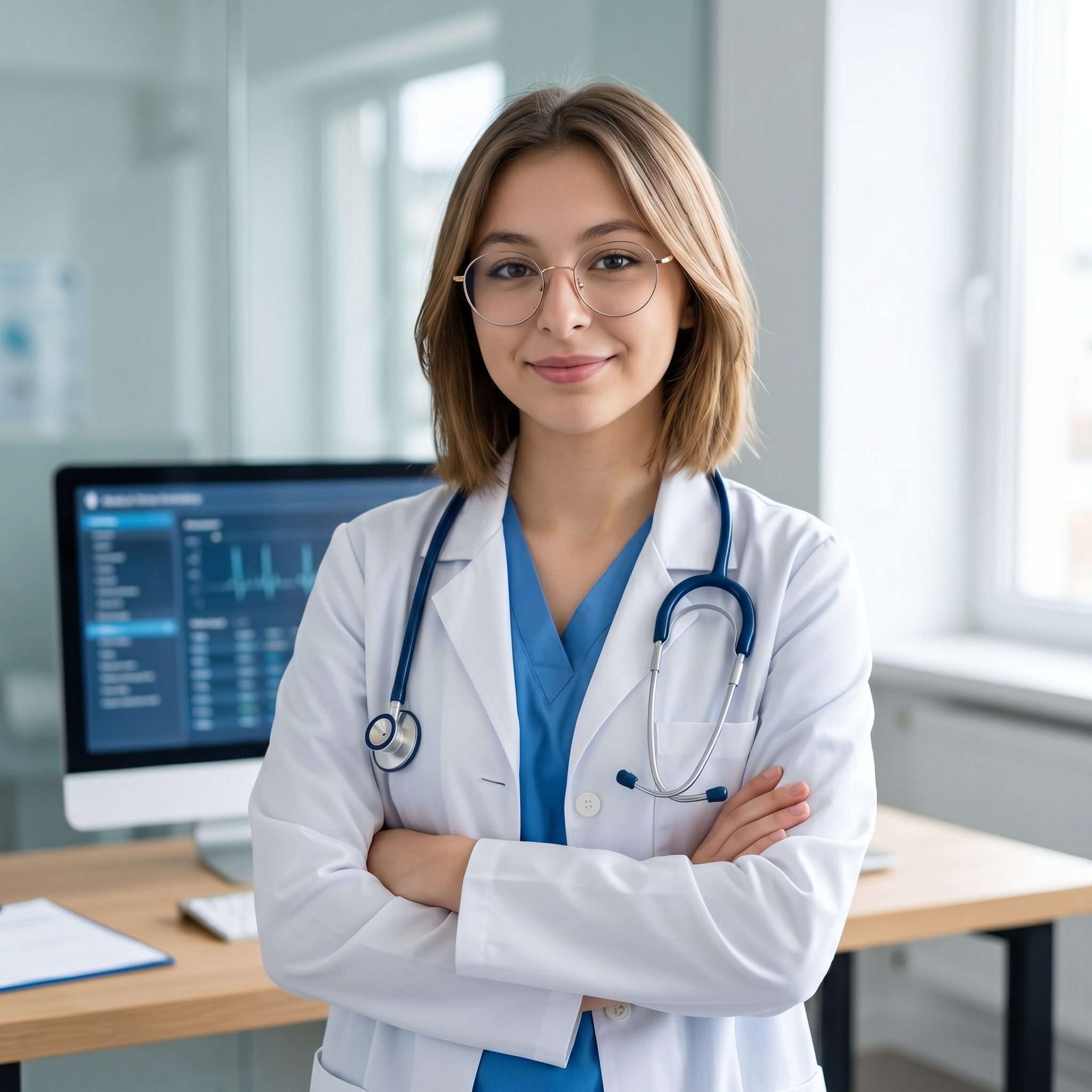 {"core":{"subject":"Medical professional in clinical attire","actions":["Standing with arms crossed at the chest","Posing for a professional portrait","Looking directly into the camera lens"],"constraints":["No studio equipment in frame","No harsh artificial shadows","No distracting background clutter"],"notes":"The image conveys professional confidence and approachable medical expertise through posture and lighting.","objects":["Stethoscope","White lab coat","Medical scrubs","Computer monitor","Glass partition","Wooden desk"],"objects_detailed":[{"item":"Stethoscope","material":"Metallic chrome chest piece with flexible matte navy blue tubing","spatial_data":"Draped around the neck, resting on the chest in the midground"},{"item":"Computer monitor","material":"Matte black screen with silver plastic bezel","spatial_data":"Background left, slightly out of focus"},{"item":"Glass partition","material":"Clean tempered glass with subtle reflections and metal framing","spatial_data":"Spanning the background, creating depth"}],"scene":"A modern, brightly lit clinical office or hospital consultation room with a clean, professional aesthetic."},"style":{"primary_style":"photorealistic","color_profile":"rich","lighting":"natural","render_quality":"professional-quality"},"quality_keywords":{"include":["hyperrealistic","8k resolution","high-end professional photography","tack sharp focus","natural skin texture","clean editorial look"],"avoid":["studio equipment","plastic skin","blurry subject","harsh flash","digital artifacts","over-sharpening"]},"aesthetic_grading":{"color_grade_style":"Clean neutral professional grade with slightly warm skin tones","color_palette":["#FFFFFF","#4C79B3","#D9D9D9","#A58E7C","#2B2B2B"],"contrast_style":"Natural linear digital contrast with preserved shadow detail","saturation_level":"Natural balanced saturation","texture_and_grain":"Clean digital noise-free sensor quality"},"camera_gear":{"aperture":"f/2.8 medium depth of field","bokeh_quality":"Soft natural background blur with smooth transitions","camera_angle":"Eye-level","depth_of_field":"medium","exposure_notes":"Well-balanced exposure targeting highlights on the face","focal_length_description":"35mm wide-to-normal focal length","focal_length_mm":35,"lens_characteristics":"Clean sharp optics with minimal distortion","sensor_type":"Digital Full Frame Sensor"},"composition":{"depth_layers":"Clear 3-layer depth: subject in midground, desk in foreground, office in background","framing":"professional_positioning","negative_space":"Balanced breathing room above the head","perspective":"natural_human_vision","shot_scale":"Medium Shot (MS)","subject_placement":"balanced","symmetry":"Asymmetric professional balance","visual_flow":"Vertical flow following the subject's posture and medical equipment"},"environment":{"atmosphere":[],"atmospheric_details":"Clear clinical environment with soft indoor daylight","particles":["atmospheric_depth"],"time_season":["noon"],"weather":"Overcast diffused light entering from windows"},"lighting_physics":{"environment_light":"Diffused window light from camera-right reflecting off glass surfaces","fill_light":"Soft ambient bounce from white walls camera-left","key_light":"45° camera-right soft diffused illumination, 5500K daylight","light_temperature":"5500K neutral daylight","lighting_ratio":"Low contrast 2:1 ratio for approachable mood","shadows":"Soft occlusion shadows under the chin and fabric folds"},"materials":{"fabric_details":"realistic_drape","fabric_physics":"Stiff cotton drape on the white coat with soft tension folds on the blue scrubs","skin_physics":"Subsurface scattering visible on cheeks with soft specular highlights on the forehead","skin_textures":"smooth lifelike micro-texture, fine natural details without harshness","surface_physics":{"glass":"Clean transparent with subtle room reflections","metal":"Polished stainless steel stethoscope with high specular highlights","wood":"Light oak wood grain with satin finish on the desk"},"surfaces":["soft cotton matte","brushed metal","polished glass"],"transparency":"accurate_refraction"},"metadata":{"mood":"Professional, Trustworthy, Approachable","style_reference":"Medical Corporate Portraiture","technical_quality":"RAW photo quality"},"people":[{"gender":"female","pose_mechanics":"Shoulders square to camera, arms crossed at the lower chest level, weight distributed evenly with a slight vertical spinal alignment.","apparel":[{"color":"Crisp clinical white","fit":"Tailored fit with structured lapels and soft vertical folds at the elbows","material":"Cotton-polyester blend medical coat","piece":"Doctor's lab coat"},{"color":"Muted cerulean blue","fit":"V-neck silhouette with slight tension across the chest","material":"Lightweight breathable scrub fabric","piece":"Medical scrubs"}],"cosmetics":"Natural professional makeup: light matte complexion powder, subtle brown mascara, and a soft satin-finish rosewood lip tint.","expression":"Subtle, calm, and genuine half-smile conveying competence.","gaze_direction":"Looking directly at camera lens","light_interaction":"Soft wrap-around lighting on the face with gentle highlights on the cheekbones","profile_data":{"profile_id":"96e143d9-25b8-46e4-8264-45196702f46a","age":18,"height_cm":159,"weight_kg":56,"body_type":"triangle","body_build":"average","breast_size":"A","eye_color":"brown"}}],"technical":{"physics_accuracy":{"gravity_cues":true,"structural_believability":true},"rendering":{"anti_aliasing":true,"color_depth":"high","noise_level":"low"},"resolution":{"min_quality":"professional-quality","target":"4k"},"technical_imperfections":{"compression_artifacts":"RAW uncompressed","focus_issues":"Perfect critical sharpness on the eyes","motion_blur":"None - frozen action","optical_flaws":"Clean perfect optics"}},"critical_generation_note":"CRITICAL: Use uploaded reference image to preserve exact face identity, facial features, and structure with 100% accuracy."}