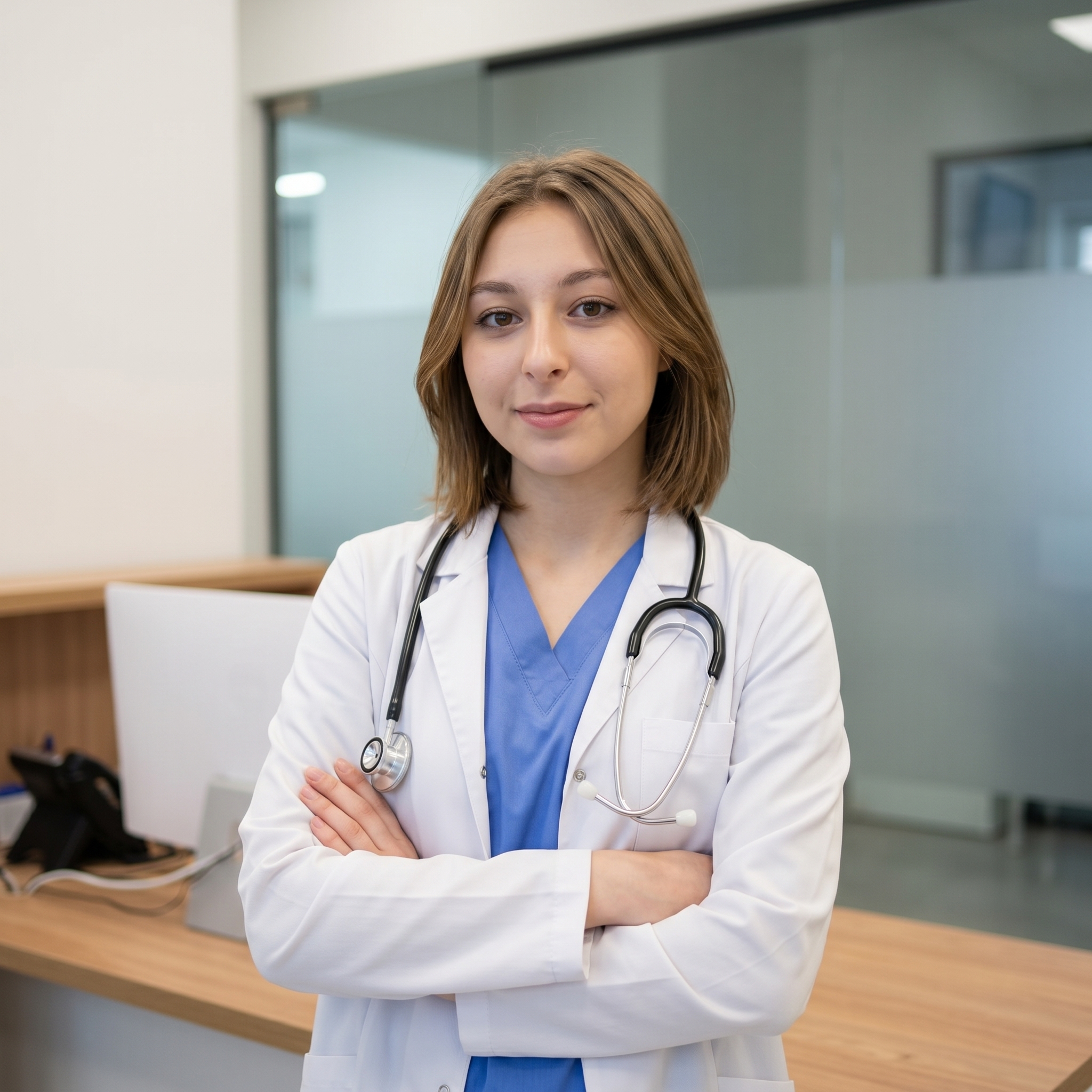 {"core":{"subject":"A professional figure in medical attire","actions":["Standing with arms crossed","Posing for a professional portrait","Looking directly at the lens"],"constraints":["No studio lighting equipment visible","No harsh shadows","No digital noise"],"notes":"The image conveys a sense of professional approachability and competence within a clean, modern clinical or office environment.","objects":["Stethoscope","Lab coat","Scrubs","Computer monitor","Wooden desk","Glass partition"],"objects_detailed":[{"item":"Stethoscope","material":"Polished chrome chestpiece with matte navy blue flexible synthetic tubing","spatial_data":"Draped around the neck, resting on the chest in the midground"},{"item":"Computer monitor","material":"Matte black screen with a slim silver bezel and white stand","spatial_data":"Background left, out of focus"},{"item":"Office desk","material":"Laminated light oak wood with a visible horizontal grain pattern","spatial_data":"Foreground and midground left"}],"scene":"A well-lit, contemporary medical office or clinical consultation room with glass walls and professional furniture."},"style":{"primary_style":"photorealistic","color_profile":"neutral","lighting":"soft-ambient","render_quality":"professional-quality"},"quality_keywords":{"include":["hyperrealistic","high-end editorial photography","sharp critical focus","clean professional retouching","lifelike skin micro-texture","natural lighting"],"avoid":["studio lamps","softbox","digital artifacts","oversaturated colors","unrealistic skin smoothing","plastic texture"]},"aesthetic_grading":{"color_grade_style":"Natural digital look with clean whites and balanced midtones","color_palette":["#FFFFFF","#4C7CB3","#A88E77","#D9DCE0","#2B2B2B"],"contrast_style":"Linear digital contrast with soft highlight roll-off","saturation_level":"Natural balanced saturation","texture_and_grain":"Clean digital noise-free sensor quality"},"camera_gear":{"aperture":"f/2.8 medium depth of field","bokeh_quality":"Smooth creamy background blur with soft circular highlights","camera_angle":"Eye-level","depth_of_field":"medium","exposure_notes":"Well-balanced exposure targeting the skin tones","focal_length_description":"50mm prime lens","focal_length_mm":50,"lens_characteristics":"Clean sharp optics with minimal distortion","sensor_type":"Digital Full Frame Sensor"},"composition":{"depth_layers":"Clear 3-layer depth: subject in midground, desk in foreground, office interior in background","framing":"professional_positioning","negative_space":"Generous breathing room in the upper third of the frame","perspective":"natural_human_vision","shot_scale":"Medium Close-up (MCU)","subject_placement":"balanced","symmetry":"Asymmetric balance with subject centered and environmental elements flanking","visual_flow":"Vertical orientation focused on the subject's face and crossed arms"},"environment":{"atmosphere":["humidity"],"atmospheric_details":"Clear interior air with subtle reflections on glass surfaces","particles":["atmospheric_depth"],"time_season":["noon"],"weather":"Overcast diffused light entering through large windows"},"lighting_physics":{"environment_light":"Overhead diffused office illumination and natural light from glass partitions","fill_light":"Soft ambient bounce from white interior walls providing even illumination","key_light":"45° camera-left soft diffused illumination, 5600K temperature","light_temperature":"5600K daylight balanced","lighting_ratio":"Low Key - low contrast, 2:1 ratio","shadows":"Soft occlusion shadows under the chin and within fabric folds"},"materials":{"fabric_details":"realistic_drape","fabric_physics":"Stiff cotton-poly blend of the lab coat creates angular tension folds at the elbows; scrubs show soft micro-wrinkles","skin_physics":"Subsurface scattering visible on cheeks and forehead under soft light","skin_textures":"smooth flawless editorial skin, fine lifelike micro-texture without harshness","surface_physics":{"glass":"Clean transparent with subtle architectural reflections","metal":"Polished chrome stethoscope chestpiece with specular highlights","wood":"Matte finish with fine horizontal wood grain"},"surfaces":["soft satin transitions","clean reflective highlights"],"transparency":"accurate_refraction"},"metadata":{"mood":"Contemplative","style_reference":"Professional Editorial Portrait","technical_quality":"8k resolution RAW photo"},"people":[{"gender":"female","pose_mechanics":"Weight distributed evenly, standing upright with arms crossed over the midsection; head tilted approximately 5 degrees toward camera-right; shoulders relaxed.","apparel":[{"color":"Pure white","fit":"Structured fit with sharp tension lines at the elbows and soft vertical drape","material":"Heavy cotton-twill blend","piece":"Classic notched-lapel lab coat"},{"color":"Medium cornflower blue","fit":"Soft drape against the torso with a V-neckline","material":"Lightweight polyester-rayon blend","piece":"Medical scrubs top"}],"cosmetics":"Soft satin-finish lip tint in a muted rosewood shade; neutral matte eyeshadow in taupe tones; light touch of dewy highlighter on the cheekbones; subtle black mascara on lashes.","expression":"Soft genuine approachable smile with relaxed facial muscles","gaze_direction":"Looking directly at camera lens","light_interaction":"Soft butterfly-style illumination on the face with gentle modeling around the nose and jawline","profile_data":{"profile_id":"96e143d9-25b8-46e4-8264-45196702f46a","age":18,"height_cm":159,"weight_kg":56,"body_type":"triangle","body_build":"average","breast_size":"A","eye_color":"brown"}}],"technical":{"physics_accuracy":{"gravity_cues":true,"structural_believability":true},"rendering":{"anti_aliasing":true,"color_depth":"high","noise_level":"low"},"resolution":{"min_quality":"professional-quality","target":"8k"},"technical_imperfections":{"compression_artifacts":"RAW uncompressed","focus_issues":"Perfect critical sharpness on the subject's eyes","motion_blur":"None - frozen action","optical_flaws":"Clean perfect optics"}},"critical_generation_note":"CRITICAL: Use uploaded reference image to preserve exact face identity, facial features, and structure with 100% accuracy."}