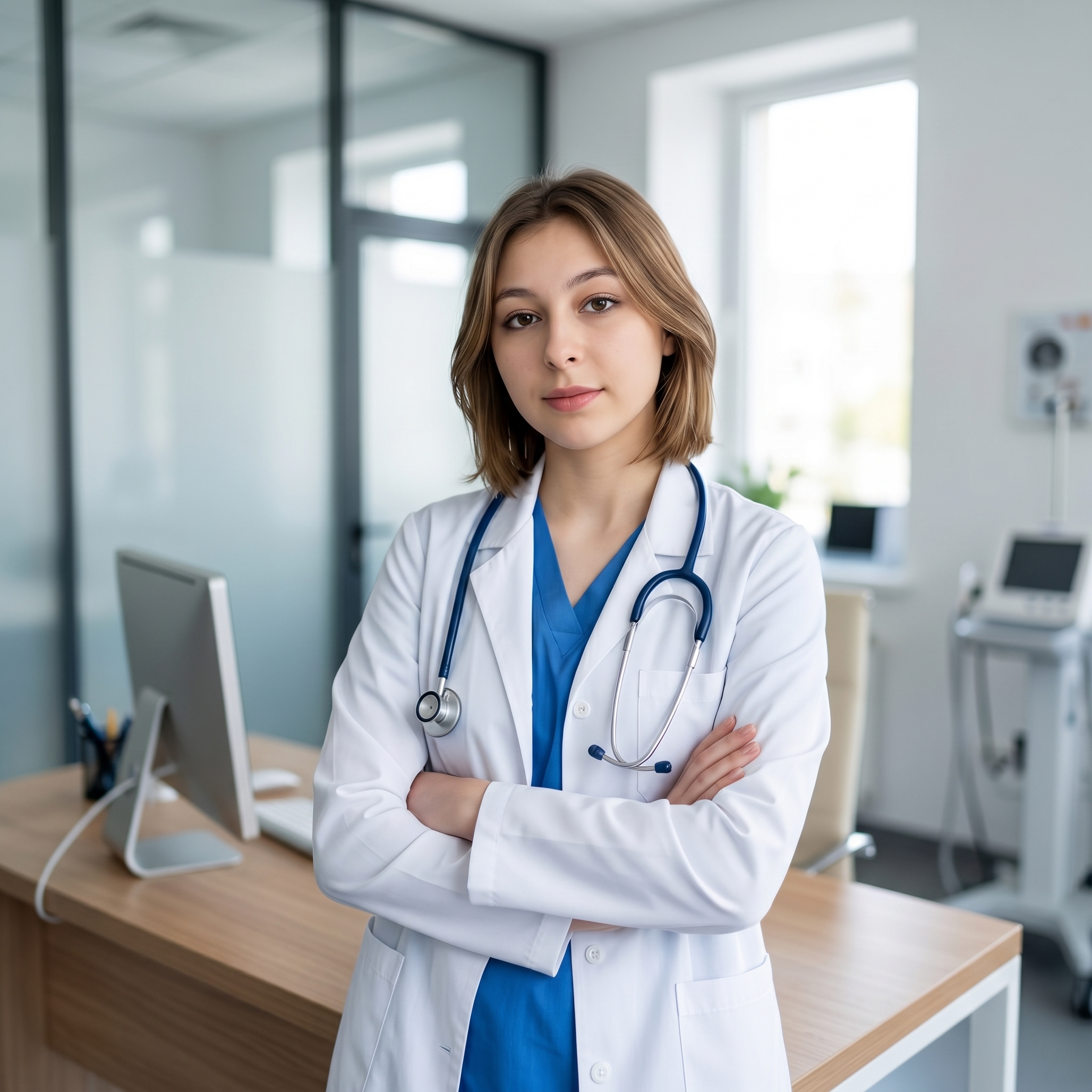 {"core":{"subject":"A medical professional in a clinical environment","actions":["Standing with arms crossed at the waist","Looking directly at the lens with a calm expression","Leaning slightly towards the camera"],"constraints":["No studio lights","No visible logos or branding","No identifiable facial features","No specific hair color or textures"],"notes":"Professional documentary-style corporate portrait in a brightly lit medical office.","objects":["Medical stethoscope","Computer monitor","Wooden desk","Glass office partitions","White lab coat","Blue scrubs"],"objects_detailed":[{"item":"Stethoscope","material":"Navy blue rubber tubing with polished metallic chrome chest piece","spatial_data":"Draped around the neck, resting on the chest"},{"item":"Lab Coat","material":"Stiff white cotton-polyester blend with subtle vertical weave","spatial_data":"Midground, worn over scrubs"},{"item":"Office Partition","material":"Large panels of clear and frosted tempered glass with silver metal frames","spatial_data":"Background, creating depth through transparency"}],"scene":"A modern, minimalist medical office or clinic during daytime hours."},"style":{"primary_style":"documentary","color_profile":"neutral","lighting":"soft-ambient","render_quality":"professional-quality"},"quality_keywords":{"include":["hyperrealistic","sharp focus on subject","shallow depth of field","professional corporate photography","8k resolution","clean minimalist aesthetic"],"avoid":["studio equipment","softbox","harsh shadows","saturated colors","airbrushed skin","grainy texture"]},"aesthetic_grading":{"color_grade_style":"Natural clean clinical look with neutral tones","color_palette":["#FFFFFF","#3A5A97","#B0C4DE","#D2B48C","#2F2F2F"],"contrast_style":"Linear digital contrast","saturation_level":"Natural balanced saturation","texture_and_grain":"Clean digital noise-free"},"camera_gear":{"aperture":"f/2.8 medium depth","bokeh_quality":"Soft Gaussian background blur","camera_angle":"Eye-level","depth_of_field":"medium","exposure_notes":"Well-balanced exposure targeting midtones","focal_length_description":"35mm wide-angle to capture environment","focal_length_mm":35,"lens_characteristics":"Clean sharp optics with minimal distortion","sensor_type":"Digital Phase One Sensor"},"composition":{"depth_layers":"Clear 3-layer depth with subject in focus and office background blurred","framing":"professional_positioning","negative_space":"Balanced breathing room above and to the sides of the subject","perspective":"natural_human_vision","shot_scale":"Medium Close-up (MCU)","subject_placement":"balanced","symmetry":"Asymmetric balance with computer monitor on camera-left","visual_flow":"Central focus on the subject's face trailing down to crossed arms"},"environment":{"atmosphere":["humidity"],"atmospheric_details":"Clean, sterile, air-conditioned indoor air with natural window light","particles":["atmospheric_depth"],"time_season":["noon"],"weather":"Overcast diffused light entering from windows"},"lighting_physics":{"environment_light":"Diffused daylight from windows and overhead fluorescent office panels","fill_light":"Soft ambient bounce from white walls and ceiling","key_light":"Diffused illumination arriving from 45° camera-left, neutral 5000K","light_temperature":"5000K neutral daylight","lighting_ratio":"Low contrast, 2:1 ratio","shadows":"Soft occlusion shadows under the lapels and crossed arms"},"materials":{"fabric_details":"realistic_drape","fabric_physics":"Form-fitting with tension lines at the elbows where arms are crossed","skin_physics":"Subsurface scattering visible with matte reflections on the forehead and cheekbones","skin_textures":"smooth flawless editorial skin, fine lifelike micro-texture without harshness","surface_physics":{"glass":"Clear transparent with subtle reflections of the room","metal":"Polished chrome chest piece with high specular highlights","wood":"Natural visible grain on the desk surface with a matte finish"},"surfaces":["soft satin transitions","clean reflective highlights","matte fabric finishes"],"transparency":"accurate_refraction"},"metadata":{"mood":"Professional, Trustworthy, Approachable","style_reference":"High-end corporate documentary photography","technical_quality":"RAW photo, 8k resolution"},"people":[{"gender":"female","pose_mechanics":"Shoulders relaxed and dropped, arms crossed firmly over the chest, weight centered","apparel":[{"color":"Crisp clinical white","fit":"Tailored fit with sharp lapels and buttons","material":"Cotton blend medical fabric","piece":"Lab coat"},{"color":"Medium cobalt blue","fit":"V-neck construction with soft drape","material":"Matte lightweight poly-cotton","piece":"Medical scrubs"}],"cosmetics":"Natural matte foundation, subtle neutral eyeshadow, soft pink lip tint with a matte finish","expression":"Soft approachable half-smile with relaxed eyebrows","gaze_direction":"Looking directly at camera lens","light_interaction":"Soft butterfly lighting pattern on the face","profile_data":{"profile_id":"96e143d9-25b8-46e4-8264-45196702f46a","age":18,"height_cm":159,"weight_kg":56,"body_type":"triangle","body_build":"average","breast_size":"A","eye_color":"brown"}}],"technical":{"physics_accuracy":{"gravity_cues":true,"structural_believability":true},"rendering":{"anti_aliasing":true,"color_depth":"high","noise_level":"low"},"resolution":{"min_quality":"professional-quality","target":"4k"},"technical_imperfections":{"compression_artifacts":"RAW uncompressed","focus_issues":"Perfect critical sharpness on the eyes","motion_blur":"None - frozen action","optical_flaws":"Clean perfect optics"}},"critical_generation_note":"CRITICAL: Use uploaded reference image to preserve exact face identity, facial features, and structure with 100% accuracy."}
