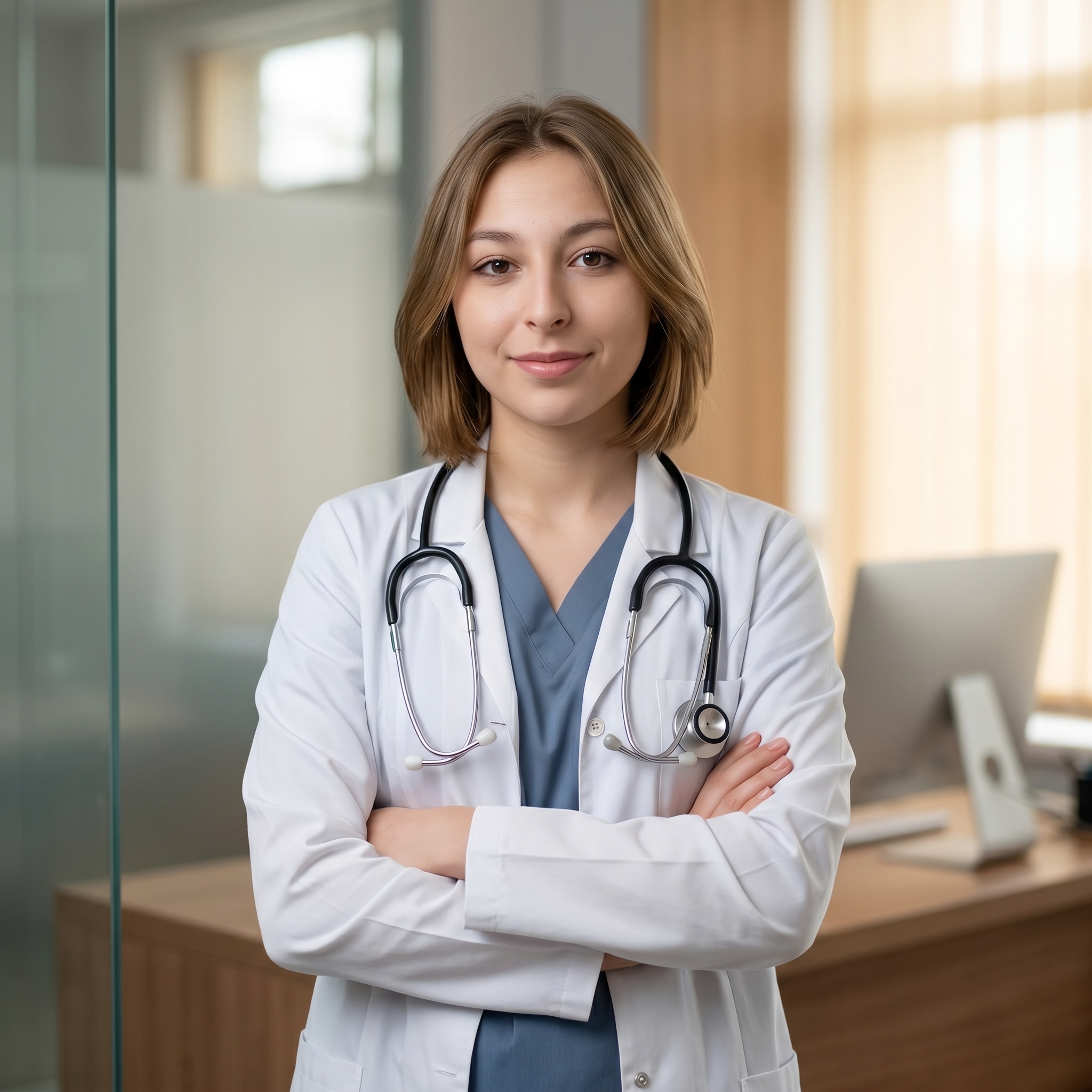 {"core":{"subject":"Medical professional in a modern clinical environment","actions":["standing with arms crossed","gazing directly at camera","maintaining a professional posture"],"constraints":["no logos","no hospital signage","no visible studio lighting equipment","no biometric identifiers"],"notes":"The image captures a clean, professional aesthetic typical of healthcare editorial photography.","objects":["white lab coat","blue medical scrubs","dual-head stethoscope","computer monitor","wooden desk","glass office partition"],"objects_detailed":[{"item":"stethscope","material":"polished chrome chest piece with navy blue matte rubber tubing","spatial_data":"draped around neck, resting on chest"},{"item":"lab coat","material":"heavy-weight white cotton-poly blend with visible button details","spatial_data":"worn over scrubs, creating midground layer"},{"item":"glass partition","material":"clean transparent glass with subtle vertical frame lines","spatial_data":"background, creating depth and separation"}],"scene":"A well-lit, minimalist medical office or consultation room with modern architectural elements."},"style":{"primary_style":"photorealistic","color_profile":"neutral","lighting":"soft-ambient","render_quality":"professional-quality"},"quality_keywords":{"include":["hyperrealistic","high-end beauty editorial","sharp focus on subject","natural lighting","8k resolution","flawless skin micro-texture"],"avoid":["studio equipment","lamps","overexposed highlights","unrealistic skin smoothing","digital artifacts"]},"aesthetic_grading":{"color_grade_style":"Clean clinical digital grade with natural warmth","color_palette":["#FFFFFF","#4682B4","#D3D3D3","#A08264","#2F4F4F"],"contrast_style":"Linear digital contrast with soft roll-off in highlights","saturation_level":"Natural balanced saturation","texture_and_grain":"Clean digital sensor quality with minimal noise"},"camera_gear":{"aperture":"f/2.8 medium depth of field","bokeh_quality":"Creamy circular bokeh on background office elements","camera_angle":"Eye-level straight on","depth_of_field":"medium","exposure_notes":"Well-balanced exposure with detail preserved in the white coat and shadows","focal_length_description":"50mm prime lens perspective","focal_length_mm":50,"lens_characteristics":"Clean sharp optics with minimal distortion","sensor_type":"Full-frame digital sensor"},"composition":{"depth_layers":"Subject in sharp focus, desk in lower foreground, office interior in blurred background","framing":"centered","negative_space":"Balanced breathing room above the head and to the sides","perspective":"natural_human_vision","shot_scale":"Medium Shot (MS)","subject_placement":"balanced","symmetry":"Asymmetric posture providing dynamic visual interest","visual_flow":"The eye is drawn to the face, then follows the stethoscope down to the crossed arms"},"environment":{"atmosphere":[],"atmospheric_details":"Clear, dust-free interior air","particles":[],"time_season":["noon"],"weather":"Bright indoor controlled lighting"},"lighting_physics":{"environment_light":"Diffused ambient light bouncing off white walls and ceiling","fill_light":"Soft ambient fill from camera-left reducing shadow density","key_light":"45° camera-right soft diffused illumination, daylight balanced","light_temperature":"5500K daylight balanced","lighting_ratio":"Low contrast 2:1 ratio for a friendly, professional look","shadows":"Soft occlusion shadows under the collar and chin"},"materials":{"fabric_details":"realistic_drape","fabric_physics":"Stiff fabric of the lab coat creates structured folds at the elbows","skin_physics":"Subsurface scattering visible on the cheeks and forehead, subtle specular highlights on the bridge of the nose","skin_textures":"smooth flawless editorial skin, fine lifelike micro-texture without harshness","surface_physics":{"glass":"Clean transparent with subtle refraction of the background","metal":"Polished metallic reflections on the stethoscope"},"surfaces":["matte fabric","polished metal","smooth laminate wood","transparent glass"],"transparency":"accurate_refraction"},"metadata":{"mood":"Professional, Trustworthy, Calm","style_reference":"Corporate Healthcare Portraiture","technical_quality":"RAW photo quality with high dynamic range"},"people":[{"gender":"female","pose_mechanics":"Weight centered, arms crossed at mid-torso, shoulders relaxed and slightly squared, head tilted slightly toward the right shoulder.","apparel":[{"color":"Crisp white","fit":"Structured and professional with vertical fold lines","material":"Twill weave lab coat","piece":"Lab coat"},{"color":"Steel blue","fit":"Soft V-neck drape","material":"Cotton-blend jersey","piece":"Medical scrubs"}],"cosmetics":"Natural professional makeup: soft neutral matte lip tint, light brown eyeshadow, clean defined mascara, and a light touch of peach-toned blush with a satin finish.","expression":"Soft genuine professional smile","gaze_direction":"Looking directly at camera lens","light_interaction":"Soft butterfly-style lighting pattern on the face with gentle catchlights in the eyes","profile_data":{"profile_id":"96e143d9-25b8-46e4-8264-45196702f46a","age":18,"height_cm":159,"weight_kg":56,"body_type":"triangle","body_build":"average","breast_size":"A","eye_color":"brown"}}],"technical":{"physics_accuracy":{"gravity_cues":true,"structural_believability":true},"rendering":{"anti_aliasing":true,"color_depth":"high","noise_level":"low"},"resolution":{"min_quality":"professional-quality","target":"4k"},"technical_imperfections":{"compression_artifacts":"RAW uncompressed","focus_issues":"Perfect critical sharpness on the eyes","motion_blur":"None - frozen action","optical_flaws":"Clean perfect optics"}},"critical_generation_note":"CRITICAL: Use uploaded reference image to preserve exact face identity, facial features, and structure with 100% accuracy."}