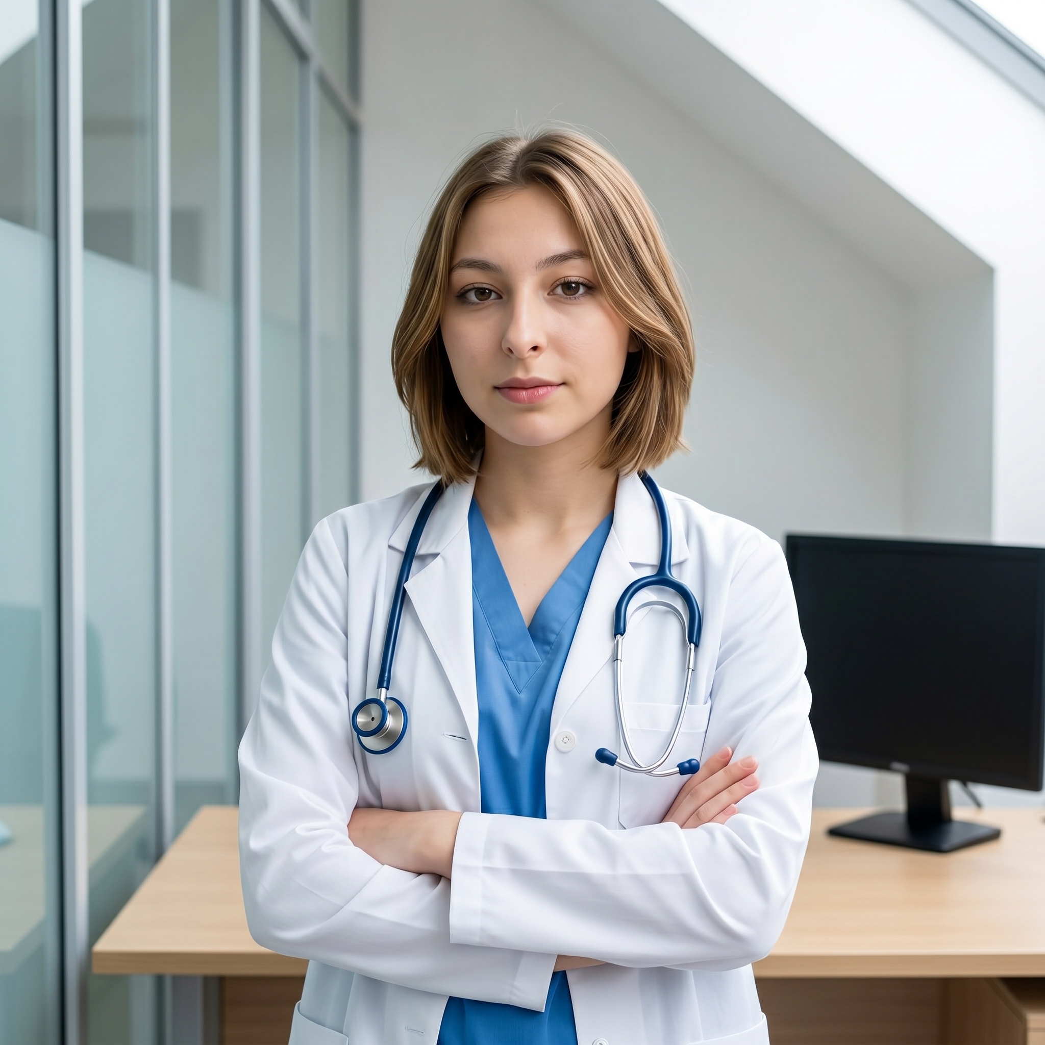 {"metadata":{"style":"Professional Corporate Portrait","mood":"Authoritative, Clinical, Trustworthy","color_palette":["#FFFFFF","#31639C","#B08D70","#D1D1D1","#F5F5F5"],"lighting_physics":"Diffused top-down illumination characteristic of recessed ceiling panels, creating soft, low-contrast shadows under the chin and nose. Secondary lateral bounce light from neutral-toned walls provides fill, maintaining high visibility of facial features and skin texture without specular highlights."},"objects":[{"item":"Stethoscope","material":"Anodized aluminum chest piece and binaural, dark blue synthetic rubber tubing.","spatial_data":"Draped symmetrically around the neck, chest piece resting on the right side of the lab coat, earpieces tucked into the left side."},{"item":"Computer Monitor","material":"Matte black LCD panel with a thin silver bezel.","spatial_data":"Positioned in the background, 1.5 meters behind the subject on the left side of the frame."},{"item":"Office Desk","material":"Light oak laminate with a linear wood grain texture.","spatial_data":"Extends horizontally across the lower third of the background behind the subject."}],"people":[{"gender":"Female","physical_traits":"Caucasian, approximately 45-50 years old. Tight blonde curls with high volume and high micro-contrast. Fair skin with visible subsurface scattering and natural age lines around the periorbital region. Pale blue-green irises.","apparel":[{"piece":"Lab Coat","material":"High-density white cotton-twill.","fit":"Tailored fit, long-sleeved, worn open over scrubs."},{"piece":"Scrub Top","material":"V-neck medical-grade cotton blend.","fit":"Standard medical fit in a medium cerulean blue."}],"pose":"Direct frontal orientation, arms crossed at the waist. Right hand tucked under left arm, left hand resting on the right forearm. Slight 5-degree head tilt toward the right shoulder.","profile_data":{"profile_id":"96e143d9-25b8-46e4-8264-45196702f46a","age":18,"height_cm":159,"weight_kg":56,"body_type":"triangle","body_build":"average","breast_size":"A","eye_color":"brown"}}],"environment":{"backdrop":"Glass-walled office interior with vertical aluminum mullions. The glass is semi-reflective, showing faint silhouettes of the room beyond.","floor":"Not visible; desk surface serves as the horizontal grounding element in the background.","atmosphere":"High-clarity clinical environment, neutral temperature, minimal atmospheric haze, sharp digital fidelity."},"composition":{"framing":"Medium Portrait (waist-up), vertical orientation.","geometry":"Subject centered on the vertical axis. Background mullions create a series of vertical parallel lines that frame the subject.","depth_of_field":"Moderate depth of field (simulating f/4.0), subject is sharp from nose to hair-depth, background office elements exhibit soft bokeh falloff.","focal_point":"The eyes and the upper facial triangle."},"symbolism_and_story":{"narrative":"A seasoned medical professional in her workspace, symbolizing the intersection of clinical expertise and patient-centered empathy.","textures":"Contrast between the matte texture of the white lab coat and the glossy, metallic finish of the stethoscope binaural."},"critical_generation_note":"CRITICAL: Use uploaded reference image to preserve exact face identity, facial features, and structure with 100% accuracy."}