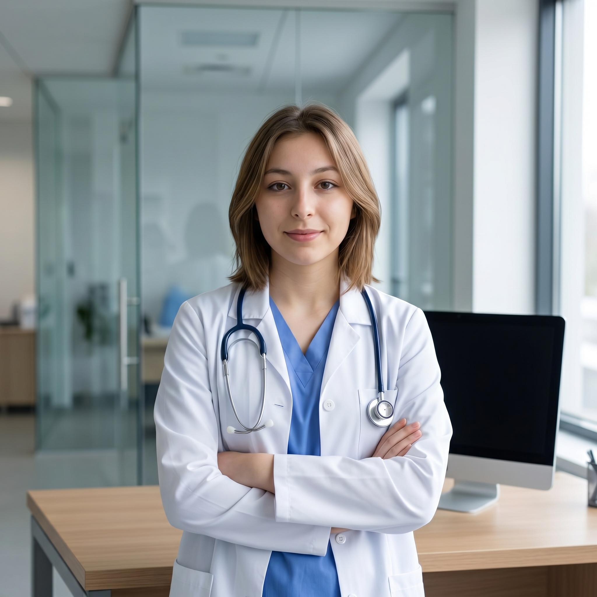 {"core":{"subject":"A medical professional in a clinical environment","actions":["Standing with arms crossed at the chest","Looking directly into the camera lens with a calm expression","Softly smiling"],"constraints":["No studio lighting equipment visible","No branding or logos on clothing or equipment","No medical branding on the monitor","Exclude any specific biometric or identity-defining features"],"notes":"The image conveys a sense of professional trust, cleanliness, and approachability through soft lighting and a modern workspace.","objects":["Stethoscope","White lab coat","Blue scrubs","Desktop computer monitor","Wooden desk","Glass office partitions"],"objects_detailed":[{"item":"Stethoscope","material":"Polished chrome chest piece with matte blue rubber tubing","spatial_data":"Draped around the subject's neck, resting on the chest"},{"item":"Lab coat","material":"Stiff white cotton-polyester blend with subtle texture and vertical seam lines","spatial_data":"Worn over blue scrubs, arms folded"},{"item":"Computer Monitor","material":"Sleek black glass screen with a silver metallic bezel and stand","spatial_data":"Midground left, resting on the desk"}],"scene":"A bright, modern medical office or consultation room with glass walls and professional furniture."},"style":{"primary_style":"photorealistic","color_profile":"rich","lighting":"soft-ambient","render_quality":"professional-quality"},"quality_keywords":{"include":["hyperrealistic","8k resolution","clean aesthetic","sharp focus on subject","natural textures","professional medical photography"],"avoid":["studio equipment","lamps","harsh shadows","over-processed skin","digital noise","plastic textures"]},"aesthetic_grading":{"color_grade_style":"Neutral professional digital look with balanced white point","color_palette":["#FFFFFF","#2E5288","#A88B74","#E2E2E2","#121212"],"contrast_style":"Linear digital with soft roll-off in the highlights","saturation_level":"Natural balanced saturation","texture_and_grain":"Clean digital noise-free"},"camera_gear":{"aperture":"f/2.8 medium depth of field","bokeh_quality":"Soft diffused background blur with subtle circular highlights from office lights","camera_angle":"Eye-level","depth_of_field":"medium","exposure_notes":"Well-balanced exposure targeting the skin tones","focal_length_description":"50mm prime lens","focal_length_mm":50,"lens_characteristics":"Clean sharp optics with minimal distortion","sensor_type":"Full-frame digital sensor"},"composition":{"depth_layers":"Subject in sharp midground, desk in foreground, blurred office interior in background","framing":"centered","negative_space":"Balanced breathing room above the head and to the sides","perspective":"natural_human_vision","shot_scale":"Medium Close-up (MCU)","subject_placement":"balanced","symmetry":"Asymmetric balance with subject centered and monitor offset to the left","visual_flow":"Leading lines from the desk and glass partitions point toward the subject's face"},"environment":{"atmosphere":[],"atmospheric_details":"Clear, dust-free indoor air with bright ambient illumination","particles":[],"time_season":["noon"],"weather":"Indoor environment with bright diffused daylight"},"lighting_physics":{"environment_light":"Diffused ceiling illumination and large window light from the side","fill_light":"Soft ambient bounce from light-colored office walls","key_light":"45° camera-right soft diffused illumination, 5500K","light_temperature":"5500K daylight balanced","lighting_ratio":"Low contrast, 2:1 ratio for a soft professional look","shadows":"Soft occlusion shadows under the chin and arms"},"materials":{"fabric_details":"realistic_drape","fabric_physics":"Crisp folds in the lab coat at the elbows, soft tension lines across the shoulders","skin_physics":"Subsurface scattering on cheeks and forehead, soft specular highlights on the nose","skin_textures":"smooth flawless editorial skin, fine lifelike micro-texture without harshness","surface_physics":{"glass":"Clean transparent with subtle reflections of the office environment","metal":"Brushed silver on the computer stand, polished steel on the stethoscope","wood":"Light oak grain with a matte finish on the desk"},"surfaces":["matte fabric","clean reflective glass","satin wood finish"],"transparency":"surface_interactions"},"metadata":{"mood":"Professional, Contemplative, Trustworthy","style_reference":"Corporate medical portraiture","technical_quality":"RAW photo quality, high resolution"},"people":[{"gender":"female","pose_mechanics":"Weight evenly distributed, arms folded over the stomach, shoulders square to the camera but relaxed","apparel":[{"color":"Bright white","fit":"Tailored fit with structured shoulders","material":"Heavyweight cotton twill","piece":"Professional lab coat"},{"color":"Mid-tone cornflower blue","fit":"Relaxed V-neck drape","material":"Lightweight breathable cotton","piece":"Medical scrubs"}],"cosmetics":"Natural professional finish; matte nude lip tint, subtle neutral-toned eyeshadow, and light powder to minimize shine","expression":"Soft genuine smile with warmth in the eyes","gaze_direction":"Looking directly at camera lens","light_interaction":"Soft butterfly lighting pattern on the face, gentle rim light on the hair texture","profile_data":{"profile_id":"96e143d9-25b8-46e4-8264-45196702f46a","age":18,"height_cm":159,"weight_kg":56,"body_type":"triangle","body_build":"average","breast_size":"A","eye_color":"brown"}}],"technical":{"physics_accuracy":{"gravity_cues":true,"structural_believability":true},"rendering":{"anti_aliasing":true,"color_depth":"high","noise_level":"low"},"resolution":{"min_quality":"professional-quality","target":"4k"},"technical_imperfections":{"compression_artifacts":"RAW uncompressed","focus_issues":"Perfect critical sharpness on the eyes","motion_blur":"None - frozen action","optical_flaws":"Clean perfect optics"}},"critical_generation_note":"CRITICAL: Use uploaded reference image to preserve exact face identity, facial features, and structure with 100% accuracy."}