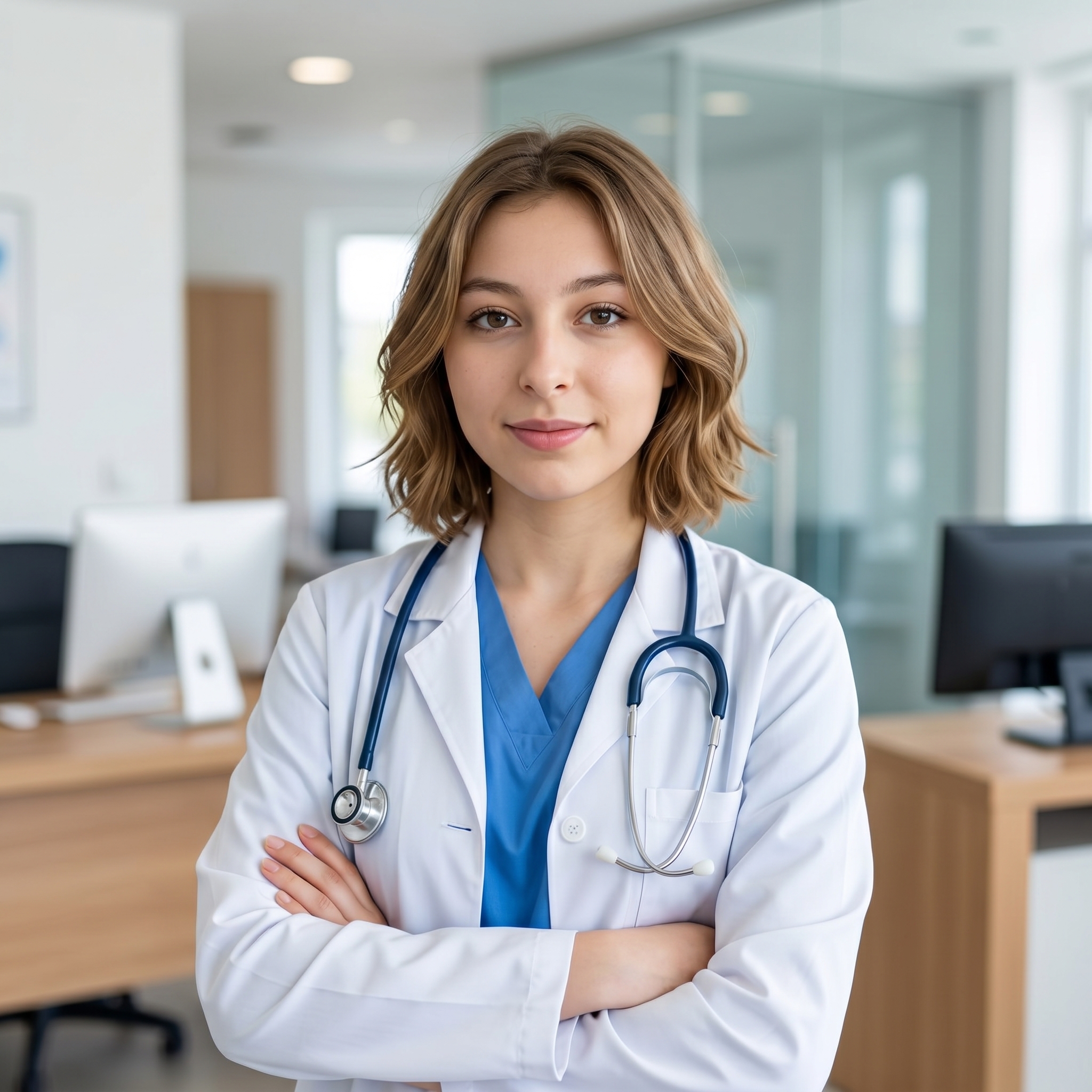 {"core":{"subject":"Medical professional in clinical attire","actions":["Standing with arms folded across the chest","Engaging in a direct gaze with the camera","Maintaining a subtle professional smile"],"constraints":["No studio lighting equipment visible","No medical equipment apart from the stethoscope","No identifiable logos or branding"],"notes":"The image captures a clean, professional healthcare environment with a focus on trust and approachability.","objects":["White lab coat","Blue medical scrubs","Dual-head stethoscope","Computer monitor","Wooden desk","Glass partition"],"objects_detailed":[{"item":"Stethoscope","material":"Polished chrome chest piece with matte navy blue rubber tubing","spatial_data":"Draped around the neck, resting on the chest in the midground"},{"item":"Lab coat","material":"Heavyweight white cotton-twill with visible button-hole stitching and realistic fabric tension","spatial_data":"Primary subject garment, centered"},{"item":"Desk","material":"Light oak wood grain laminate with a matte finish","spatial_data":"Lower left foreground"}],"scene":"A bright, modern medical office or consultation room featuring glass dividers and professional workstations."},"style":{"primary_style":"documentary","color_profile":"neutral","lighting":"soft-ambient","render_quality":"professional-quality"},"quality_keywords":{"include":["professional corporate portrait","clinical aesthetic","clean high-resolution","natural lighting","photorealistic texture","sharp focus on subject"],"avoid":["studio equipment","softbox","harsh shadows","over-saturated colors","digital noise","blurry subject"]},"aesthetic_grading":{"color_grade_style":"Clean clinical naturalism","color_palette":["#FFFFFF","#3A75B5","#D1D1D1","#C19A6B","#2E3033"],"contrast_style":"Linear digital contrast","saturation_level":"Natural balanced saturation","texture_and_grain":"Clean digital noise-free"},"camera_gear":{"aperture":"f/2.8 shallow depth","bokeh_quality":"Soft architectural bokeh","camera_angle":"Eye-level","depth_of_field":"shallow","exposure_notes":"Well-balanced exposure with bright highlights on the lab coat","focal_length_description":"35mm standard wide-angle","focal_length_mm":35,"lens_characteristics":"Clean sharp optics with minimal distortion","sensor_type":"Digital Full Frame"},"composition":{"depth_layers":"Clear 3-layer depth with subject in sharp focus and background blurred","framing":"centered","negative_space":"Balanced breathing room above the head","perspective":"natural_human_vision","shot_scale":"Medium Close-up (MCU)","subject_placement":"balanced","symmetry":"Asymmetric dynamic tension created by crossed arms","visual_flow":"Vertical flow from the face down to the crossed arms"},"environment":{"atmosphere":["humidity"],"atmospheric_details":"Clear indoor air with high transparency","particles":["atmospheric_depth"],"time_season":["noon"],"weather":"Bright indoor ambient light"},"lighting_physics":{"environment_light":"Bright ambient light reflecting from white walls and glass surfaces","fill_light":"Soft ambient bounce from camera-right","key_light":"45° camera-left diffused illumination, 5500K daylight balanced","light_temperature":"5500K daylight balanced","lighting_ratio":"Low Key - low contrast, 2:1 ratio","shadows":"Soft occlusion shadows in garment folds and under the chin"},"materials":{"fabric_details":"realistic_drape","fabric_physics":"Form-fitting tension lines at the elbows and waist; smooth drape on the shoulders","skin_physics":"Subsurface scattering visible on the cheeks and forehead; soft specular highlights","skin_textures":"smooth flawless editorial skin, fine lifelike micro-texture without harshness","surface_physics":{"glass":"Clean transparent with subtle reflections of the office environment","metal":"Polished steel reflections on the stethoscope diaphragm","wood":"Natural visible grain with a flat matte finish"},"surfaces":["soft satin transitions","clean reflective highlights"],"transparency":"accurate_refraction"},"metadata":{"mood":"Professional and Approachable","style_reference":"Corporate Healthcare Editorial","technical_quality":"High-resolution digital photograph"},"people":[{"gender":"female","pose_mechanics":"Shoulders square to camera, arms crossed firmly at the mid-torso, weight distributed evenly across both feet.","apparel":[{"color":"Optic white","fit":"Tailored fit with crisp structural lines","material":"Heavyweight cotton twill","piece":"Professional lab coat"},{"color":"Medium cerulean blue","fit":"Standard V-neck fit","material":"Polyester-cotton blend","piece":"Medical scrubs"}],"cosmetics":"Soft matte foundation finish, neutral mauve satin lip tint, subtle brown eyeliner definition.","expression":"Soft genuine professional smile","gaze_direction":"Looking directly at camera lens","light_interaction":"Soft butterfly lighting pattern on the face","profile_data":{"profile_id":"96e143d9-25b8-46e4-8264-45196702f46a","age":18,"height_cm":159,"weight_kg":56,"body_type":"triangle","body_build":"average","breast_size":"A","eye_color":"brown"}}],"technical":{"physics_accuracy":{"gravity_cues":true,"structural_believability":true},"rendering":{"anti_aliasing":true,"color_depth":"high","noise_level":"low"},"resolution":{"min_quality":"professional-quality","target":"4k"},"technical_imperfections":{"compression_artifacts":"RAW uncompressed","focus_issues":"Perfect critical sharpness on the eyes","motion_blur":"None - frozen action","optical_flaws":"Clean perfect optics"}},"critical_generation_note":"CRITICAL: Use uploaded reference image to preserve exact face identity, facial features, and structure with 100% accuracy."}