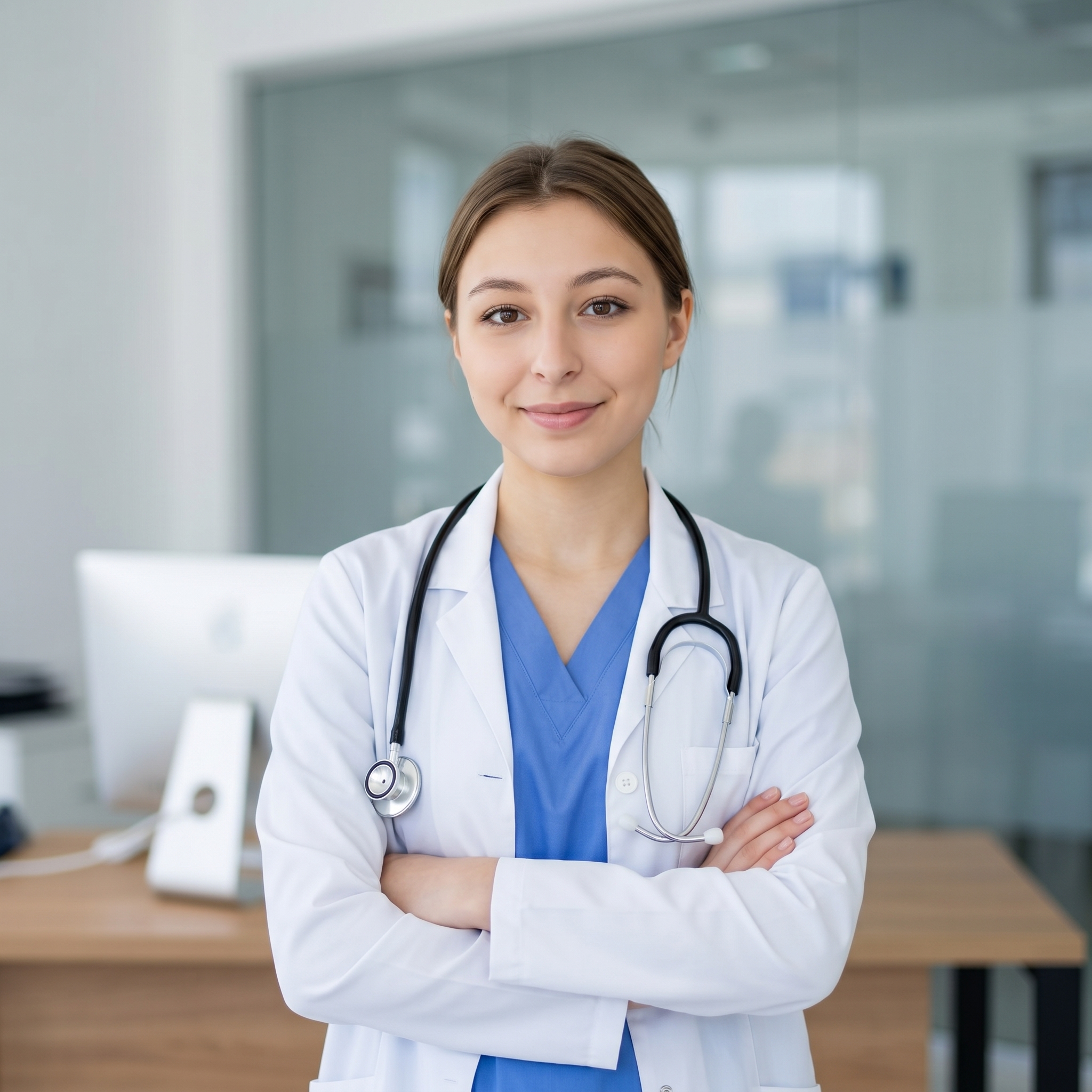{"core":{"subject":"Professional in medical attire","actions":["Standing in a centered position","Arms crossed at the mid-chest level","Direct eye contact with the viewer","Subtle smile"],"constraints":["No studio equipment visible","No identifying logos or text","No biometric identification","No hair or eye color descriptions"],"notes":"The image captures a clean, professional corporate or clinical aesthetic with soft lighting and shallow depth of field.","objects":["Stethoscope","Computer monitor","Wooden desk","Glass partition","Lab coat","Medical scrubs"],"objects_detailed":[{"item":"Stethoscope","material":"Polished chrome binaurals with matte navy blue PVC tubing","spatial_data":"Draped around the neck, resting on the chest area"},{"item":"Lab coat","material":"Stiff matte white cotton-polyester blend fabric with visible seam stitching","spatial_data":"Outer layer of subject apparel"},{"item":"Computer monitor","material":"Satin black plastic bezel with a matte anti-glare screen","spatial_data":"Background left, out of focus"}],"scene":"A modern, bright medical office or clinic workspace with glass walls and professional furniture."},"style":{"primary_style":"editorial","color_profile":"neutral","lighting":"soft-ambient","render_quality":"professional-quality"},"quality_keywords":{"include":["hyperrealistic","photographic quality","high-end professional photography","clean editorial retouching","smooth luminescent skin","natural soft lighting","critical sharpness on eyes"],"avoid":["studio equipment","softbox","harsh shadows","oversaturated colors","plastic skin texture","digital noise","chromatic aberration"]},"aesthetic_grading":{"color_grade_style":"Clean natural digital look with neutral color balance","color_palette":["#FFFFFF","#4682B4","#D3B191","#E8E8E8","#2C3E50"],"contrast_style":"Natural linear digital contrast with preserved shadow detail","saturation_level":"Natural balanced saturation","texture_and_grain":"Clean digital noise-free"},"camera_gear":{"aperture":"f/2.8 medium depth","bokeh_quality":"Creamy circular bokeh in the background highlights","camera_angle":"Eye-level","depth_of_field":"medium","exposure_notes":"Well-balanced exposure with bright highlights on the face and lab coat","focal_length_description":"50mm prime lens","focal_length_mm":50,"lens_characteristics":"Clean sharp optics with minimal distortion","sensor_type":"Full-frame digital sensor"},"composition":{"depth_layers":"Clear 3-layer depth: subject in focus, desk midground, glass wall background","framing":"centered","negative_space":"Generous breathing room above the head and to the sides","perspective":"natural_human_vision","shot_scale":"Medium Close-up (MCU)","subject_placement":"balanced","symmetry":"Bilateral balance with subject centered in the frame","visual_flow":"Centered focus drawing eye immediately to the facial expression"},"environment":{"atmosphere":["humidity"],"atmospheric_details":"Clear indoor environment with no visible haze or smoke","particles":[],"time_season":[],"weather":"Indoor climate-controlled lighting"},"lighting_physics":{"environment_light":"Bright ambient light from overhead architectural fixtures and window bounce","fill_light":"Soft ambient bounce from camera-right","key_light":"45° camera-left soft diffused illumination, 5000K daylight balanced","light_temperature":"5000K neutral daylight","lighting_ratio":"Low contrast, 2:1 ratio for a flattering look","shadows":"Soft occlusion shadows under the jaw and within fabric folds"},"materials":{"fabric_details":"realistic_drape","fabric_physics":"Smooth drape of the lab coat with structural folds at the elbows; tension lines where arms are crossed","skin_physics":"Subsurface scattering visible on cheeks; clean specular highlights on the forehead and nose","skin_textures":"Smooth flawless editorial skin with fine lifelike micro-texture and natural sheen","surface_physics":{"glass":"Clean transparent with subtle reflections of the office environment","metal":"Polished chrome finish on stethoscope chest piece with sharp reflections","wood":"Light oak wood grain with a satin finish on the desk surface"},"surfaces":["soft satin transitions","clean reflective highlights","matte fabric finishes"],"transparency":"surface_interactions"},"metadata":{"mood":"Professional, Trustworthy, Calm","style_reference":"Corporate Medical Portrait","technical_quality":"High-resolution digital photograph"},"people":[{"gender":"female","pose_mechanics":"Spine is upright and straight; shoulders are relaxed; arms are crossed over the lower chest; weight is evenly distributed on both feet.","apparel":[{"color":"Bright optic white","fit":"Structured with natural folds at the bent arms","material":"Medium-weight cotton-poly blend","piece":"Button-up lab coat"},{"color":"Mid-tone cornflower blue","fit":"V-neck drape resting against the chest","material":"Lightweight breathable synthetic/cotton blend","piece":"Medical scrub top"}],"cosmetics":"Natural editorial makeup; matte foundation finish; subtle satin-finish nude lip tint; light brown matte eyeshadow; clean defined lash line with black mascara; subtle highlighting powder on cheekbones catching the light.","expression":"Soft confident and friendly smile with relaxed facial muscles","gaze_direction":"Looking directly at camera lens","light_interaction":"Soft butterfly lighting pattern on the face with catchlights in the eyes","profile_data":{"profile_id":"96e143d9-25b8-46e4-8264-45196702f46a","age":18,"height_cm":159,"weight_kg":56,"body_type":"triangle","body_build":"average","breast_size":"A","eye_color":"brown"}}],"technical":{"physics_accuracy":{"gravity_cues":true,"structural_believability":true},"rendering":{"anti_aliasing":true,"color_depth":"high","noise_level":"low"},"resolution":{"min_quality":"professional-quality","target":"4k"},"technical_imperfections":{"compression_artifacts":"RAW uncompressed quality","focus_issues":"Perfect critical sharpness on the facial features","motion_blur":"None - frozen action","optical_flaws":"Clean perfect optics"}},"critical_generation_note":"CRITICAL: Use uploaded reference image to preserve exact face identity, facial features, and structure with 100% accuracy."}