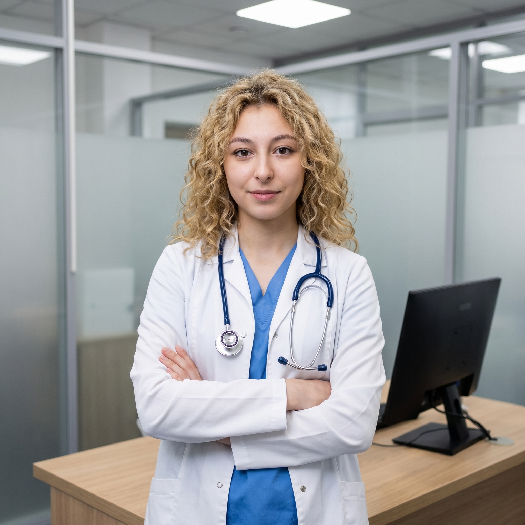 {"metadata":{"style":"Editorial Healthcare Portrait","mood":"Professional, Assured, Clinical","color_palette":["#FFFFFF","#2E4A8D","#D4A373","#E5E5E5","#222222"],"lighting_physics":"Diffused omnidirectional overhead lighting consistent with a modern office interior. Low-contrast illumination eliminates harsh shadows, with subtle soft-edged occlusion shadows under the chin and lapels. High micro-contrast on the facial features with distinct specular catchlights in the irises."},"objects":[{"item":"Stethoscope","material":"Navy blue matte silicone tubing with polished stainless steel binaurals and chest piece.","spatial_data":"Draped symmetrically around the neck, resting atop the lab coat lapels, with the chest piece positioned on the right side of the torso."},{"item":"Computer Monitor","material":"Matte black LCD screen with a white plastic chassis and stand.","spatial_data":"Positioned on the desk in the mid-ground left, angled 30 degrees away from the camera."},{"item":"Desk","material":"Light oak wood grain laminate with a visible horizontal texture.","spatial_data":"Extends horizontally across the lower-left quadrant of the frame."}],"people":[{"gender":"Female","physical_traits":"Fair skin with visible subsurface scattering; voluminous, shoulder-length blonde hair with tight natural curls; light-colored irises; balanced facial proportions with subtle nasolabial folds indicating a slight smile.","apparel":[{"piece":"Lab Coat","material":"Heavyweight white cotton-poly twill with visible weave.","fit":"Tailored fit, buttoned at the waist, with structured shoulders."},{"piece":"Medical Scrubs","material":"Solid cerulean blue synthetic-cotton blend.","fit":"Standard V-neck medical fit visible beneath the coat."}],"pose":"Standing posture, torso slightly rotated 15 degrees to the left. Arms are folded across the midsection. Head is tilted slightly forward with direct, level-eyed gaze toward the lens.","profile_data":{"profile_id":"96e143d9-25b8-46e4-8264-45196702f46a","age":18,"height_cm":159,"weight_kg":56,"breast_size":"A","eye_color":"brown"}}],"environment":{"backdrop":"Modern clinical office interior featuring floor-to-ceiling glass partitions with brushed aluminum frames and sections of frosted privacy glass.","floor":"Not visible; frame terminates at the mid-thigh/desk level.","atmosphere":"Sterile, bright, and high-clarity with no visible particulates or haze."},"composition":{"framing":"Vertical Medium Shot, centered on the subject's torso and head.","geometry":"Strong vertical lines created by glass partitions; horizontal line of the desk provides a stable base; the subject's crossed arms create a visual anchor in the lower-center.","depth_of_field":"Moderate depth of field (simulating f/4.0) ensuring the subject is in sharp focus while the background office details remain identifiable but softly out of focus.","focal_point":"The subject's eyes and facial expression."},"symbolism_and_story":{"narrative":"Represents authority and accessibility within a medical context; the crossed arms suggest confidence and preparedness.","textures":"Contrast between the tactile, spiraling texture of the hair and the crisp, smooth surface of the starched lab coat."},"critical_generation_note":"CRITICAL: Use uploaded reference image to preserve exact face identity, facial features, and structure with 100% accuracy."}