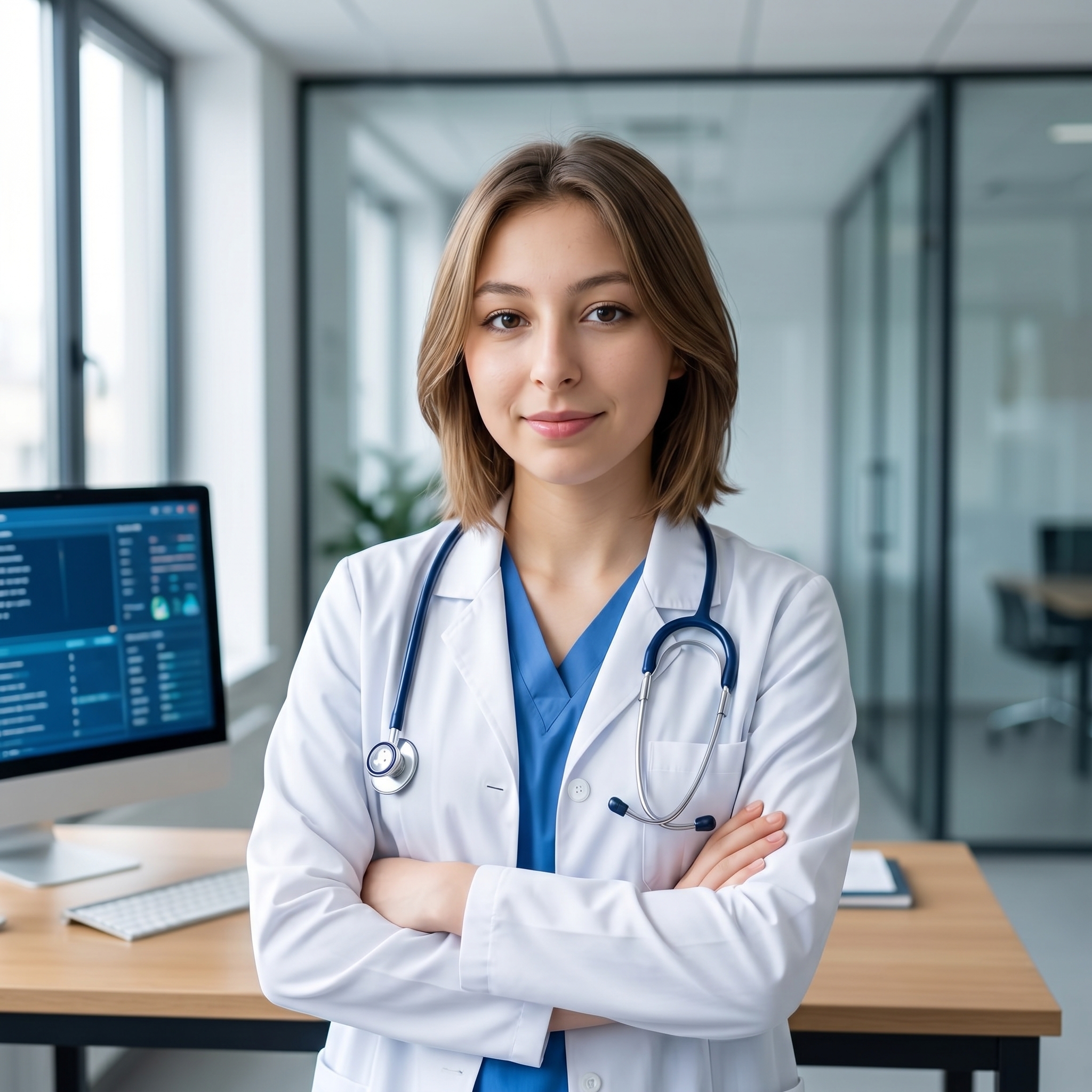 {"core":{"subject":"Professional medical practitioner in a clinical office setting","actions":["Standing with arms crossed across the midsection","Gazing directly into the camera lens with a subtle smile"],"constraints":["No studio equipment","No visible lamps","No harsh shadows","No digital noise"],"notes":"The scene conveys a sense of professional trust and approachability through soft lighting and a clean, organized environment.","objects":["Stethoscope","Computer monitor","Wooden desk","Glass partition","White lab coat","Blue scrub top"],"objects_detailed":[{"item":"Stethoscope","material":"Polished stainless steel chest piece with flexible dark navy rubber tubing","spatial_data":"Draped around the neck, resting on the chest in the foreground"},{"item":"Computer Monitor","material":"Matte black plastic bezel with a white stand and anti-reflective screen","spatial_data":"Midground left, positioned on the desk"},{"item":"Glass Partition","material":"Clean tempered glass with subtle reflections and aluminum framing","spatial_data":"Background, creating depth and separating office spaces"}],"scene":"A well-lit, modern medical office or consultation room with a clean, professional aesthetic."},"style":{"primary_style":"photorealistic","color_profile":"neutral","lighting":"soft-ambient","render_quality":"professional-quality"},"quality_keywords":{"include":["hyperrealistic","8k resolution","high-end commercial photography","flawless editorial retouching","smooth luminescent skin","natural daylight","sharp focus","cinematic depth of field"],"avoid":["studio equipment","softbox","lamps","digital artifacts","oversaturated colors","blurry","pores","blemishes","gritty"]},"aesthetic_grading":{"color_grade_style":"Clean clinical digital look with high color accuracy","color_palette":["#FFFFFF","#3E6EA5","#C4A484","#E2E2E2","#1A1A1A"],"contrast_style":"Linear digital contrast with well-preserved highlight and shadow detail","saturation_level":"Natural balanced saturation","texture_and_grain":"Clean digital noise-free sensor quality"},"camera_gear":{"aperture":"f/2.8 medium depth of field","bokeh_quality":"Soft creamy background blur with circular highlights","camera_angle":"Eye-level","depth_of_field":"medium","exposure_notes":"Well-balanced exposure with slight preference for bright highlights in the background","focal_length_description":"35mm wide-angle for environmental context","focal_length_mm":35,"lens_characteristics":"Clean sharp optics with minimal distortion","sensor_type":"Digital Full Frame Sensor"},"composition":{"depth_layers":"Clear 3-layer depth: subject in sharp foreground, desk in midground, glass partitions in blurred background","framing":"centered","negative_space":"Generous breathing room in the upper third of the frame","perspective":"natural_human_vision","shot_scale":"Medium Shot (MS)","subject_placement":"balanced","symmetry":"Asymmetric balance provided by the monitor on the left and desk on the right","visual_flow":"Circular flow from the subject's face down to the crossed arms and stethoscope, returning back to the gaze"},"environment":{"atmosphere":["humidity"],"atmospheric_details":"Crystal clear indoor environment with natural light diffusion","particles":["atmospheric_depth"],"time_season":["noon"],"weather":"Bright overcast light entering through windows"},"lighting_physics":{"environment_light":"Large window light camera-left providing broad illumination","fill_light":"Soft ambient bounce from white walls and ceiling","key_light":"45° camera-left soft diffused illumination, 5600K color temperature","light_temperature":"5600K daylight balanced","lighting_ratio":"High Key - low contrast, 2:1 ratio","shadows":"Soft occlusion shadows under the neck and in fabric folds"},"materials":{"fabric_details":"realistic_drape","fabric_physics":"Structured drape of a heavy cotton lab coat with visible stitch lines and crisp lapels; soft jersey-knit tension on the inner layer","skin_physics":"Subsurface scattering visible on the bridge of the nose and cheeks; soft specular reflections on the forehead","skin_textures":"smooth flawless editorial skin, fine lifelike micro-texture without harshness","surface_physics":{"glass":"High transparency with subtle Fresnel reflections at the edges","metal":"Brushed aluminum finish on monitor stand and polished steel on stethoscope","wood":"Light oak wood grain with a satin lacquer finish"},"surfaces":["soft satin transitions","clean reflective highlights","matte fabric finishes"],"transparency":"accurate_refraction"},"metadata":{"mood":"Professional, calm, and reassuring","style_reference":"Modern medical editorial photography","technical_quality":"High-resolution RAW digital image"},"people":[{"gender":"female","pose_mechanics":"Standing with weight centered; spine straight with a slight forward tilt of the head; arms crossed at the waist with hands tucked under biceps","apparel":[{"color":"Optic white","fit":"Structured and tailored with natural folds at the elbows","material":"Heavy weight cotton-polyester twill","piece":"Professional lab coat"},{"color":"Medium cobalt blue","fit":"Form-fitting base layer","material":"Lightweight breathable scrub fabric","piece":"V-neck medical scrub top"}],"cosmetics":"Dewy highlighting powder on cheekbones; matte neutral pink lip tint; soft charcoal eyeliner on the upper lid; matte foundation with a natural skin finish","expression":"Soft genuine smile with warmth in the eyes","gaze_direction":"Looking directly at camera lens","light_interaction":"Broad soft lighting wrapping around the face to minimize deep shadows","profile_data":{"profile_id":"96e143d9-25b8-46e4-8264-45196702f46a","age":18,"height_cm":159,"weight_kg":56,"body_type":"triangle","body_build":"average","breast_size":"A","eye_color":"brown"}}],"technical":{"physics_accuracy":{"gravity_cues":true,"structural_believability":true},"rendering":{"anti_aliasing":true,"color_depth":"high","noise_level":"low"},"resolution":{"min_quality":"professional-quality","target":"8k"},"technical_imperfections":{"compression_artifacts":"RAW uncompressed","focus_issues":"Perfect critical sharpness on the facial features","motion_blur":"None - frozen action","optical_flaws":"Clean perfect optics"}},"critical_generation_note":"CRITICAL: Use uploaded reference image to preserve exact face identity, facial features, and structure with 100% accuracy."}