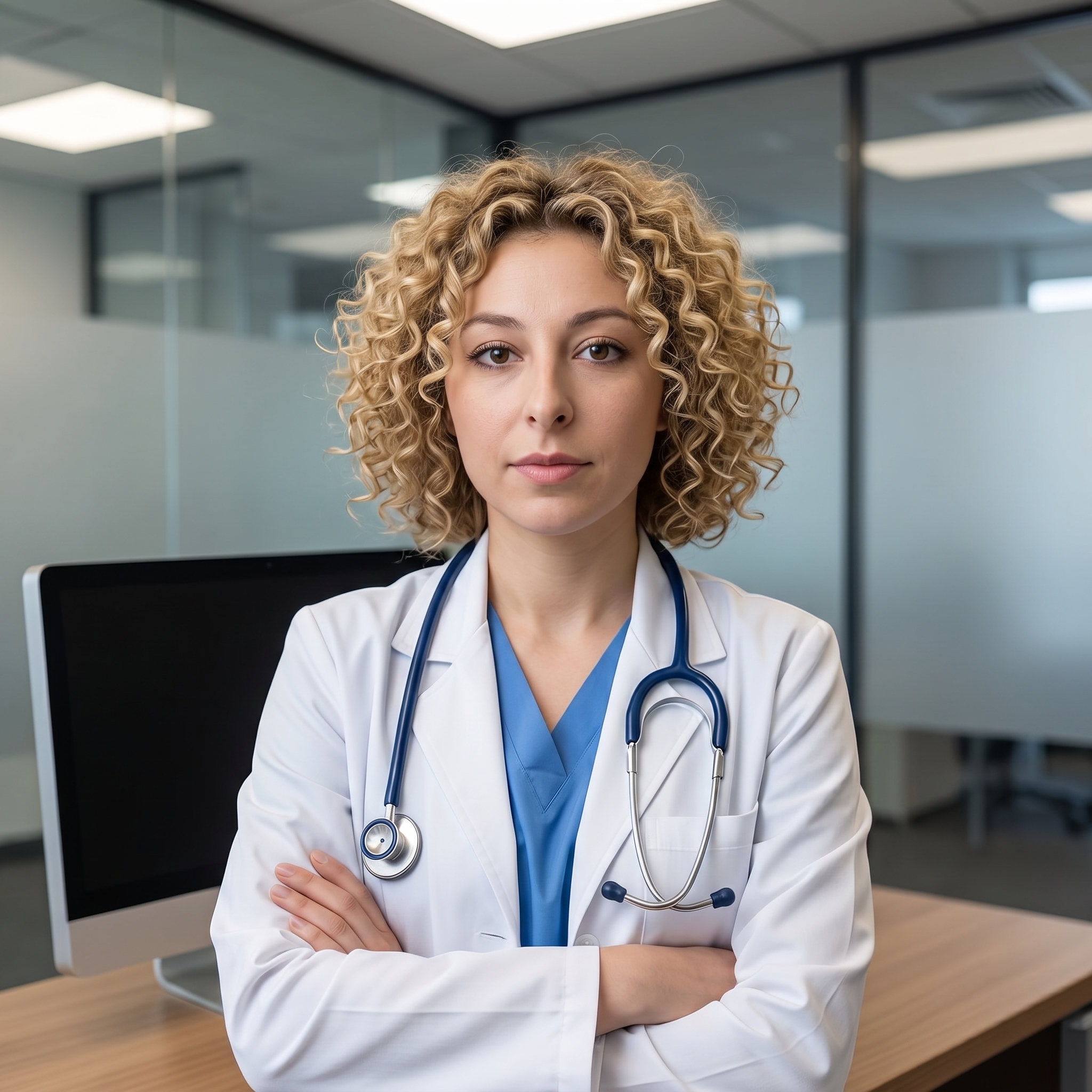 {"metadata":{"style":"Corporate Editorial Portrait","mood":"Professional, Composed, Clinical","color_palette":["#FFFFFF","#3D669B","#D9C3B0","#EAEAEA","#2C2C2C"],"lighting_physics":"Top-down diffused ambient light with a secondary lateral key source from the upper left. High-key illumination with soft-edged shadows in the nasolabial folds and submental area. Reflective highlights on the irises and specular glints on the metallic stethoscope components."},"objects":[{"item":"Stethoscope","material":"Navy blue matte PVC tubing, brushed stainless steel chest piece, and chrome-plated binaurals.","spatial_data":"Draped symmetrically around the neck, resting on the lapels of the white coat, hanging to mid-sternum."},{"item":"Computer Monitor","material":"Matte black LCD panel with a brushed silver aluminum bezel.","spatial_data":"Positioned in the mid-ground left, angled 30 degrees away from the primary subject."},{"item":"Office Desk","material":"Light walnut wood laminate with visible horizontal grain.","spatial_data":"Occupies the bottom foreground, providing a horizontal anchor for the composition."}],"people":[{"gender":"Female","physical_traits":"Estimated age 40-45. Tight, voluminous blonde corkscrew curls (3C texture). Fair skin with visible micro-texture and subsurface scattering. Light blue/grey irises. Symmetrical facial features with a neutral-to-warm skin tone.","apparel":[{"piece":"Lab Coat","material":"White heavy-duty cotton twill.","fit":"Tailored fit, notched lapel, structured shoulders, sleeves folded at the elbow due to arm placement."},{"piece":"Scrubs","material":"Cerulean blue polyester-cotton blend.","fit":"V-neck cut, layered directly beneath the lab coat."}],"pose":"Direct gaze at lens. Arms crossed over the lower chest (right over left). Shoulders squared, torso slightly canted to the right of the frame.","profile_data":{"profile_id":"96e143d9-25b8-46e4-8264-45196702f46a","age":18,"height_cm":159,"weight_kg":56,"body_type":"triangle","body_build":"average","breast_size":"A","eye_color":"brown"}}],"environment":{"backdrop":"Modern medical office interior. Features transparent and frosted glass partitions with silver aluminum tracks.","floor":"Not visible; occluded by desk surface.","atmosphere":"Sterile, high-clarity air with no visible particulate; neutral temperature."},"composition":{"framing":"Medium Close-up, vertical 9:16 aspect ratio.","geometry":"Vertical lines from glass partition frames; horizontal line established by the desk surface.","depth_of_field":"Simulated f/2.8 focus. Subject's facial features and coat texture are in sharp relief; background office elements exhibit moderate Gaussian blur.","focal_point":"The subject's eyes."},"symbolism_and_story":{"narrative":"A portrait of medical authority and readiness. The posture suggests confidence and accessibility within a modern healthcare facility.","textures":"Tactile contrast between the chaotic, spring-like texture of the hair and the stiff, linear geometry of the white lab coat."},"critical_generation_note":"CRITICAL: Use uploaded reference image to preserve exact face identity, facial features, and structure with 100% accuracy."}