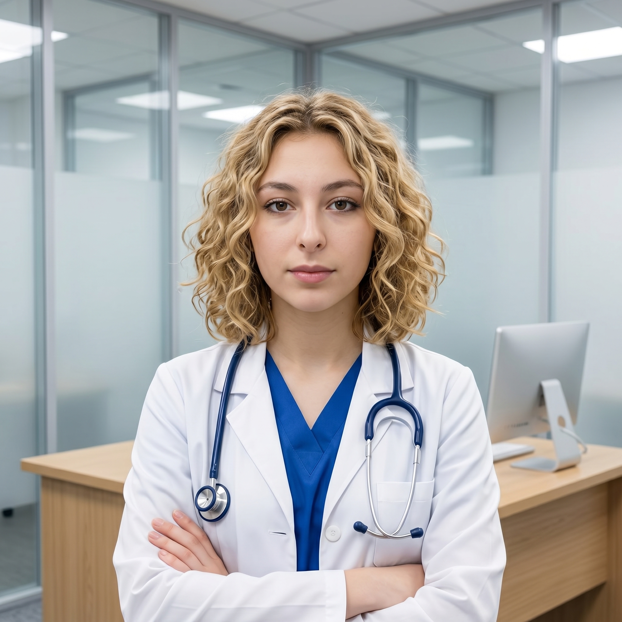 {"metadata":{"style":"Clinical Editorial Portrait","mood":"Professional, Competent, Trustworthy","color_palette":["#FFFFFF","#1E418A","#D8B48C","#7A7A7A","#F5E6D3"],"lighting_physics":"Evenly distributed high-key lighting originating from diffused overhead sources. Minimal specular highlights on the skin surface. Soft-edged shadows under the mandible and nose. Wraparound illumination creates low contrast across the facial planes, emphasizing skin texture without harsh highlights."},"objects":[{"item":"Stethoscope","material":"Navy blue rubberized PVC tubing with polished stainless steel chest piece and binaurals.","spatial_data":"Draped around the neck, resting symmetrically over the lab coat lapels with the diaphragm hanging on the left side of the chest."},{"item":"Computer Monitor","material":"Silver metallic bezel with a matte black LCD screen.","spatial_data":"Positioned in the mid-ground, behind the subject's right shoulder, angled 30 degrees toward the center."},{"item":"Desk","material":"Light oak wood veneer with visible horizontal grain.","spatial_data":"Horizontal plane occupying the lower left and center foreground, supporting the monitor."}],"people":[{"gender":"Female","physical_traits":"Fair complexion with visible skin pores and fine lines; light blue irises; shoulder-length blonde hair with high-definition 3B/3C curl pattern; thin eyebrows; neutral closed-mouth expression.","apparel":[{"piece":"Lab Coat","material":"White heavy-gauge cotton-twill blend.","fit":"Tailored fit with notched lapels and reinforced stitching on the breast pocket."},{"piece":"Medical Scrubs","material":"Royal blue synthetic-cotton blend with a matte finish.","fit":"V-neck construction worn as an under-layer."}],"pose":"Direct frontal gaze; body angled 10 degrees to the viewer's left; arms folded across the abdomen with hands tucked under the elbows.","profile_data":{"profile_id":"96e143d9-25b8-46e4-8264-45196702f46a","age":18,"height_cm":159,"weight_kg":56,"body_type":"triangle","body_build":"average","breast_size":"A","eye_color":"brown"}}],"environment":{"backdrop":"Modular office interior with floor-to-ceiling glass partitions held by silver aluminum frames; background elements are out-of-focus.","floor":"Not visible; frame terminates at the mid-torso/desk level.","atmosphere":"Neutral, sterile clarity with no visible particulate or haze."},"composition":{"framing":"Vertical Medium Portrait shot.","geometry":"Subject is centered; vertical lines of the glass partitions create a rhythmic background grid; the crossed arms form a stable triangular base.","depth_of_field":"Simulated f/2.8; critical focus on the subject's eyes with a gradual falloff starting at the shoulders and significant bokeh in the background office space.","focal_point":"The subject's facial features and the metallic sheen of the stethoscope."},"symbolism_and_story":{"narrative":"A medical professional in her clinical workspace, projecting authority through a closed, confident posture.","textures":"Contrast between the organic, chaotic texture of the hair curls and the sterile, linear geometry of the glass and metal architecture."},"critical_generation_note":"CRITICAL: Use uploaded reference image to preserve exact face identity, facial features, and structure with 100% accuracy."}