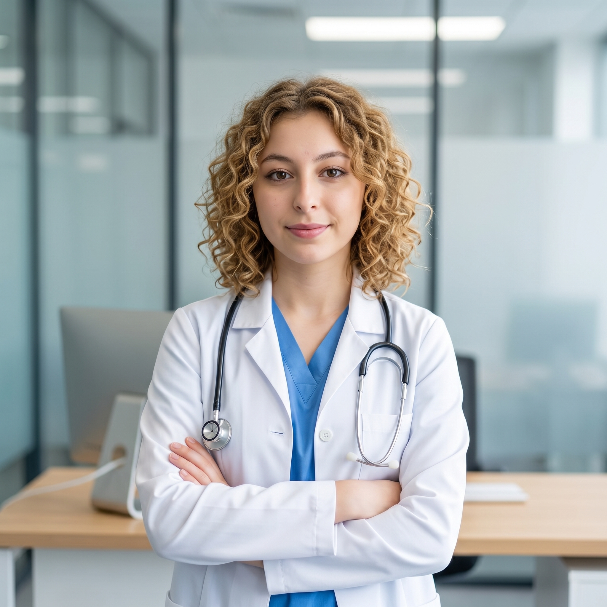 {"metadata":{"style":"Medical Editorial Portrait","mood":"Professional, Competent, Trustworthy","color_palette":["#FFFFFF","#314C83","#C4A484","#E8E8E8","#F4D0B3"],"lighting_physics":"High-key, broad diffused illumination originating from an elevated 45-degree frontal angle. Light exhibits soft-edged falloff, creating a subtle Rembrandt shadow on the subject's right cheek and a gentle pendant shadow beneath the nose. Specular highlights are visible as circular catchlights in the upper quadrants of the irises."},"objects":[{"item":"Acoustic Stethoscope","material":"High-density navy blue PVC tubing with polished 316L stainless steel chest piece and binaurals.","spatial_data":"Draped symmetrically over the shoulders, descending across the chest with the diaphragm resting on the right side of the subject's lab coat."},{"item":"Computer Monitor","material":"Matte black LCD panel with a brushed aluminum or white polymer bezel.","spatial_data":"Positioned in the background left, angled 30 degrees away from the camera, partially occluded by the subject's right arm."},{"item":"Executive Desk","material":"Light-oak wood laminate with visible linear grain texture.","spatial_data":"Occupies the lower-left and mid-ground horizontal plane, situated behind and to the left of the subject."}],"people":[{"gender":"Female","physical_traits":"Estimated age 40-45; honey-blonde hair styled in high-volume, tight ringlet curls; light green-blue irises; fair skin with visible micro-texture and subtle crows-feet; light-brown eyebrows with natural arch.","apparel":[{"piece":"Professional Lab Coat","material":"Heavyweight white cotton-poly twill.","fit":"Tailored fit with notched lapels and reinforced stitching on the breast pocket."},{"piece":"Medical Scrubs","material":"Lightweight cerulean blue poplin weave.","fit":"V-neck silhouette worn as a base layer beneath the coat."}],"pose":"Standing position, body angled 15 degrees to the right while the head is turned back toward the lens. Arms are crossed firmly at the mid-torso, left arm tucked under the right. Direct eye contact with a closed-mouth, subtle smile.","profile_data":{"profile_id":"96e143d9-25b8-46e4-8264-45196702f46a","age":18,"height_cm":159,"weight_kg":56,"body_type":"triangle","body_build":"average","breast_size":"A","eye_color":"brown"}}],"environment":{"backdrop":"Modern office interior featuring floor-to-ceiling glass partitions with satin-finish aluminum framing; background elements are subject to soft Gaussian blur.","floor":"Not visible, but implied level commercial flooring.","atmosphere":"Clean, clinical clarity with minimal atmospheric haze and neutral color rendering."},"composition":{"framing":"Medium Shot, vertical 9:16 orientation.","geometry":"Vertical lines of the glass framing provide a rhythmic background structure, contrasting with the soft, organic volume of the subject's hair.","depth_of_field":"Shallow depth of field (approximate f/2.8 simulation) with the focal plane locked on the subject's facial features; background elements exhibit smooth bokeh.","focal_point":"The subject's eyes and facial expression."},"symbolism_and_story":{"narrative":"A seasoned medical professional in a contemporary clinical setting, projecting a balance of clinical authority and interpersonal warmth.","textures":"Tactile contrast between the crisp, starched edges of the lab coat, the metallic coldness of the stethoscope, and the soft, frizzy complexity of the curly hair."},"critical_generation_note":"CRITICAL: Use uploaded reference image to preserve exact face identity, facial features, and structure with 100% accuracy."}