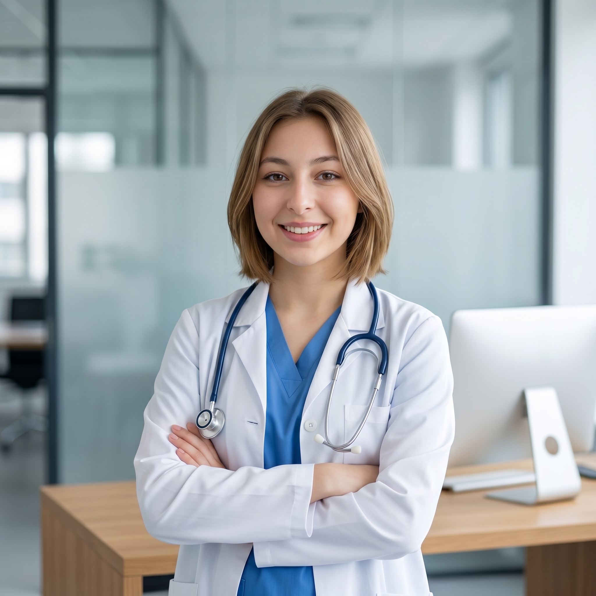 {"core":{"subject":"Medical professional in clinical attire","actions":["Standing with arms folded across the chest","Maintaining direct eye contact with the lens","Displaying a subtle, welcoming professional smile"],"constraints":["No visible studio equipment","No identifiable brand logos on the monitor","No text or patient records on the desk","No harsh shadows"],"notes":"Professional headshot for medical or corporate use, emphasizing a clean and trustworthy atmosphere.","objects":["Stethoscope","White lab coat","Blue scrubs","Computer monitor","Wooden desk","Glass partition"],"objects_detailed":[{"item":"Stethoscope","material":"Brushed stainless steel chestpiece with matte dark blue synthetic tubing and soft-finish earpieces","spatial_data":"Draped around the neck, resting on the chest in the midground"},{"item":"Computer Monitor","material":"Sleek silver-tone bezel with a matte black display panel","spatial_data":"Background left, out of focus"},{"item":"Office Desk","material":"Light-toned oak wood grain with a satin protective finish","spatial_data":"Lower left foreground to midground"}],"scene":"A brightly lit, modern medical office or consultation room featuring glass-walled dividers and contemporary furniture."},"style":{"primary_style":"photorealistic","color_profile":"rich","lighting":"soft-ambient","render_quality":"professional-quality"},"quality_keywords":{"include":["8k resolution","highly detailed medical attire","clean architectural lines","cinematic depth of field","flawless professional retouching","natural skin luminosity"],"avoid":["studio lamps","visible softboxes","motion blur","digital noise","over-saturated colors","harsh flash shadows"]},"aesthetic_grading":{"color_grade_style":"Clean clinical digital grade with neutral whites and vibrant blues","color_palette":["#FFFFFF","#3A6EA5","#B49275","#E2E2E2","#1C1C1C"],"contrast_style":"Linear digital contrast with soft highlight roll-off","saturation_level":"Natural balanced saturation","texture_and_grain":"Clean digital noise-free"},"camera_gear":{"aperture":"f/2.8 medium depth","bokeh_quality":"Smooth circular bokeh in background highlights","camera_angle":"Eye-level","depth_of_field":"medium","exposure_notes":"Well-balanced exposure targeting skin mid-tones","focal_length_description":"50mm standard lens","focal_length_mm":50,"lens_characteristics":"Clean sharp optics with minimal distortion","sensor_type":"Digital Phase One Sensor"},"composition":{"depth_layers":"Subject in sharp focus midground, desk in foreground, office interior in blurred background","framing":"centered","negative_space":"Balanced breathing room above the head and to the sides","perspective":"natural_human_vision","shot_scale":"Medium Close-up (MCU)","subject_placement":"balanced","symmetry":"Asymmetric dynamic tension from folded arms and diagonal desk line","visual_flow":"Leading lines from the desk edge and glass partitions toward the subject's face"},"environment":{"atmosphere":["humidity"],"atmospheric_details":"Crystal clear indoor visibility with soft light refraction through glass panels","particles":["atmospheric_depth"],"time_season":["noon"],"weather":"Bright indoor daylight"},"lighting_physics":{"environment_light":"High-key ambient bounce from white walls and ceiling","fill_light":"Secondary soft illumination from camera-left to lift shadows","key_light":"45° camera-right soft diffused illumination providing gentle modeling on the face","light_temperature":"5600K daylight balanced","lighting_ratio":"Low Key - low contrast, 2:1 ratio","shadows":"Soft occlusion shadows under the chin and lab coat lapels"},"materials":{"fabric_details":"realistic_drape","fabric_physics":"Heavy cotton-blend lab coat with sharp creases at the elbows and soft vertical folds; lightweight synthetic scrub fabric with micro-tension lines at the shoulders","skin_physics":"Soft subsurface scattering on the cheeks and forehead; subtle specular highlights on the bridge of the nose","skin_textures":"smooth flawless editorial skin, fine lifelike micro-texture without harshness","surface_physics":{"glass":"Clean transparent with subtle reflections of the office interior","metal":"Brushed steel with soft anisotropic reflections on the stethoscope chestpiece","wood":"Light oak with visible fine grain and satin sheen"},"surfaces":["soft fabric drapes","brushed metallic accents","polished glass","satin wood finish"],"transparency":"accurate_refraction"},"metadata":{"mood":"Trustworthy, Professional, Approachable","style_reference":"Corporate Medical Editorial","technical_quality":"RAW photo 8k resolution"},"people":[{"gender":"female","pose_mechanics":"Upright spine with weight centered, arms crossed at the mid-torso, shoulders relaxed and level","apparel":[{"color":"Crisp optic white","fit":"Tailored fit with structured shoulders and soft vertical folds","material":"Heavyweight cotton-polyester twill","piece":"Medical lab coat"},{"color":"Muted cornflower blue","fit":"Lightweight drape with a sharp v-neckline","material":"Synthetic medical-grade weave","piece":"V-neck scrubs"}],"cosmetics":"Natural editorial finish including matte foundation, soft taupe matte eyeshadow, and a neutral rose-tone matte lip tint","expression":"Sincere and composed professional smile","gaze_direction":"Looking directly at camera lens","light_interaction":"Soft butterfly-style lighting creating gentle highlights on the cheekbones","profile_data":{"profile_id":"96e143d9-25b8-46e4-8264-45196702f46a","age":18,"height_cm":159,"weight_kg":56,"body_type":"triangle","body_build":"average","breast_size":"A","eye_color":"brown"}}],"technical":{"physics_accuracy":{"gravity_cues":true,"structural_believability":true},"rendering":{"anti_aliasing":true,"color_depth":"high","noise_level":"low"},"resolution":{"min_quality":"professional-quality","target":"8k"},"technical_imperfections":{"compression_artifacts":"RAW uncompressed","focus_issues":"Perfect critical sharpness on the eyes","motion_blur":"None - frozen action","optical_flaws":"Clean perfect optics"}},"critical_generation_note":"CRITICAL: Use uploaded reference image to preserve exact face identity, facial features, and structure with 100% accuracy."}