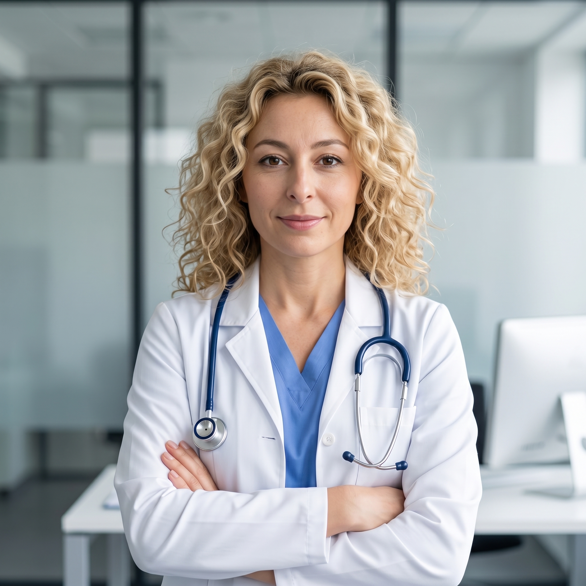 {"metadata":{"style":"Clinical Editorial Portrait","mood":"Professional, Competent, Trustworthy","color_palette":["#FFFFFF","#3B75AF","#A67B5B","#D9D9D9","#1A1A1A"],"lighting_physics":"Broad, diffused high-key illumination originating from the upper-left quadrant. Even light distribution across the face with subtle micro-shadows in the nasolabial folds and under the jawline. Soft-edged specular highlights on the curly hair follicles and the chrome surfaces of the stethoscope. Neutral fill light from the right side reduces high-contrast shadows."},"objects":[{"item":"Stethoscope","material":"High-polish chrome binaural, matte navy blue PVC tubing, and brushed steel chest piece.","spatial_data":"Draped around the neck, hanging symmetrically over the shoulders with the chest piece resting against the lower right thoracic region of the subject."},{"item":"Computer Monitor","material":"Matte black polymer bezel with an anti-glare glass screen.","spatial_data":"Positioned in the mid-ground, left-of-center, angled 30 degrees toward the subject's workspace."},{"item":"Desk","material":"Light oak wood grain laminate with a matte finish.","spatial_data":"Occupies the lower-left and bottom horizontal plane of the frame, providing a base for the composition."}],"people":[{"gender":"Female","physical_traits":"Mid-40s, voluminous shoulder-length blonde curly hair with high definition and coil separation, fair skin with visible epidermal texture and subsurface scattering, light blue eyes, thin lips with a neutral-to-slight smile.","apparel":[{"piece":"Lab Coat","material":"Heavyweight white cotton-twill blend.","fit":"Tailored fit, unbuttoned, displaying structured lapels and a vertical chest pocket."},{"piece":"Scrubs","material":"Lightweight polyester-cotton weave.","fit":"Cornflower blue V-neck top worn as a base layer beneath the lab coat."}],"pose":"Torso angled 20 degrees to the left, arms crossed at the midsection with hands tucked into opposite elbows, head turned directly toward the lens with a steady gaze.","profile_data":{"profile_id":"96e143d9-25b8-46e4-8264-45196702f46a","age":18,"height_cm":159,"weight_kg":56,"body_type":"triangle","body_build":"average","breast_size":"A","eye_color":"brown"}}],"environment":{"backdrop":"Modern office interior with floor-to-ceiling glass partitions, aluminum framing, and semi-frosted privacy panels.","floor":"Not visible; frame terminates at the desktop level.","atmosphere":"High clarity, indoor climate-controlled environment, zero atmospheric haze, sharp focus on the immediate foreground."},"composition":{"framing":"Medium Shot (Chest-up), vertical orientation.","geometry":"Subject is centered; background glass partitions create vertical and horizontal leading lines that intersect behind the subject's head.","depth_of_field":"Simulated f/2.8; sharp focus on the subject's eyes and facial features, with a gradual focus falloff (bokeh) on the computer monitor and background architecture.","focal_point":"The eyes of the subject."},"symbolism_and_story":{"narrative":"A seasoned medical professional in her primary environment, projecting a balance of approachability and clinical authority.","textures":"Tactile contrast between the chaotic, organic structure of the curly hair and the rigid, clean lines of the white twill lab coat and glass backdrop."},"critical_generation_note":"CRITICAL: Use uploaded reference image to preserve exact face identity, facial features, and structure with 100% accuracy."}