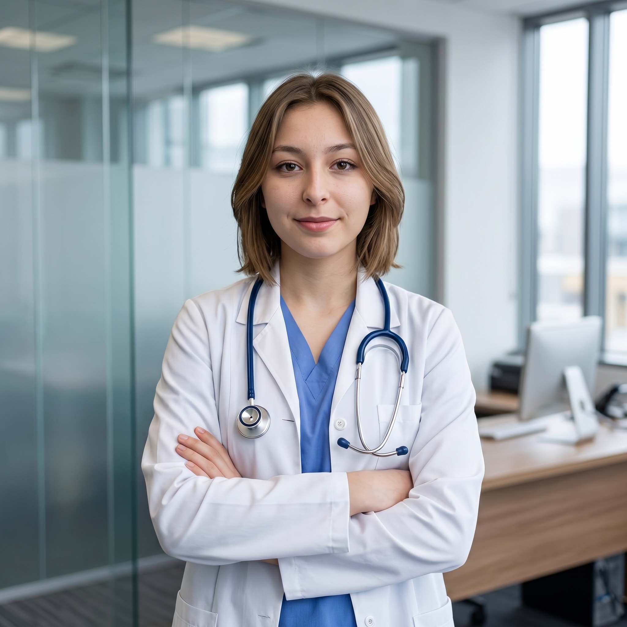 {"core":{"subject":"A medical professional in clinical attire","actions":["standing with arms crossed over the chest","facing the camera directly with a subtle, professional smile","maintaining an upright, confident posture"],"constraints":["studio equipment","visible light stands","harsh shadows","unnatural skin smoothing","motion blur"],"notes":"The image conveys a sense of professional approachability within a modern clinical environment.","objects":["dual-head stethoscope","white consultation coat","blue scrub top","computer monitor","wood-grain desk","glass office partitions"],"objects_detailed":[{"item":"Stethoscope","material":"Polished chrome chest piece with navy blue matte rubber tubing","spatial_data":"Draped around the neck, resting on the chest in the midground"},{"item":"Consultation Coat","material":"High-thread-count white cotton-poly blend with visible button details and functional pockets","spatial_data":"Foreground and midground, worn over scrubs"},{"item":"Glass Partition","material":"Tempered glass with subtle vertical reflections and a slightly frosted lower section","spatial_data":"Background, creating depth and separation"}],"scene":"A bright, contemporary medical office or consultation room featuring clean lines and professional furniture."},"style":{"primary_style":"documentary","color_profile":"neutral","lighting":"soft-ambient","render_quality":"hyperrealistic"},"quality_keywords":{"include":["hyperrealistic","high-end professional photography","natural skin texture","8k resolution","clean optics","subtle bokeh","sharp focus on eyes"],"avoid":["studio equipment","lamps","overprocessed plastic skin","digital noise","chromatic aberration","harsh flash"]},"aesthetic_grading":{"color_grade_style":"Clean, naturalistic clinical aesthetic with balanced whites","color_palette":["#FFFFFF","#31528A","#A88E7A","#E2E4E5","#1A1A1A"],"contrast_style":"Linear digital with soft highlights and preserved shadow detail","saturation_level":"Natural balanced saturation","texture_and_grain":"Clean digital noise-free with realistic surface micro-textures"},"camera_gear":{"aperture":"f/2.8 medium depth of field","bokeh_quality":"Soft, diffused background blur that maintains environmental context","camera_angle":"Eye-level perspective","depth_of_field":"medium","exposure_notes":"Well-balanced exposure optimized for skin tones and white fabric detail","focal_length_description":"35mm standard wide-angle","focal_length_mm":35,"lens_characteristics":"Clean, sharp prime lens optics with minimal distortion","sensor_type":"Full-frame digital sensor"},"composition":{"depth_layers":"Clear foreground subject with a softly blurred background office environment","framing":"centered","negative_space":"Balanced breathing room above the head and to the sides","perspective":"natural_human_vision","shot_scale":"Medium Close-up (MCU)","subject_placement":"balanced","symmetry":"Asymmetric balance created by the pose and background furniture","visual_flow":"Vertical flow from the face down to the crossed arms and stethoscope"},"environment":{"atmosphere":[],"atmospheric_details":"Clear, sterile indoor air with bright, even luminosity","particles":[],"time_season":["noon"],"weather":"Bright indoor illumination, likely daytime"},"lighting_physics":{"environment_light":"Diffused overhead office panels providing even base illumination","fill_light":"Soft ambient bounce from white walls camera-right","key_light":"45° camera-left soft diffused illumination, 5600K temperature","light_temperature":"5600K daylight balanced","lighting_ratio":"Low contrast, 2:1 ratio for a professional look","shadows":"Soft occlusion shadows under the jawline and within fabric folds"},"materials":{"fabric_details":"realistic_drape","fabric_physics":"The white coat shows structural folds at the elbows and natural drape across the shoulders","skin_physics":"Subsurface scattering visible on the cheeks with soft specular highlights on the T-zone","skin_textures":"smooth professional skin with fine lifelike micro-texture and natural luminosity","surface_physics":{"glass":"Reflective glass panels in background with soft-edged highlights","metal":"Cold, reflective metallic finish on the stethoscope head","wood":"Satin-finish wood grain on the desk surface"},"surfaces":["soft cotton-poly transitions","clean reflective metallic highlights","smooth satin wood"],"transparency":"accurate_refraction"},"metadata":{"mood":"Professional, Trustworthy, Approachable","style_reference":"Corporate Medical Portrait","technical_quality":"High-resolution digital photograph"},"people":[{"gender":"female","pose_mechanics":"Standing with spine neutral; weight distributed evenly; arms crossed over the lower chest with hands tucked; shoulders relaxed and square to the lens.","apparel":[{"color":"Optic white","fit":"Tailored fit with structural tension at the shoulders and natural vertical folds","material":"Cotton-blend twill","piece":"Medical consultation coat"},{"color":"Cornflower blue","fit":"Standard medical fit with soft V-neckline","material":"Breathable poplin","piece":"Scrub top"}],"cosmetics":"Natural matte foundation; subtle taupe eyeshadow; thin dark eyeliner on the upper lid; neutral rose-colored satin lipstick; dewy skin finish on high points of the face.","expression":"Soft, genuine professional smile with relaxed eyes","gaze_direction":"Looking directly into the camera lens","light_interaction":"Key light creates a gentle catchlight in the eyes and defines the facial contours with soft transitions.","profile_data":{"profile_id":"96e143d9-25b8-46e4-8264-45196702f46a","age":18,"height_cm":159,"weight_kg":56,"body_type":"triangle","body_build":"average","breast_size":"A","eye_color":"brown"}}],"technical":{"physics_accuracy":{"gravity_cues":true,"structural_believability":true},"rendering":{"anti_aliasing":true,"color_depth":"high","noise_level":"low"},"resolution":{"min_quality":"professional-quality","target":"4k"},"technical_imperfections":{"compression_artifacts":"None - high bitrate digital","focus_issues":"Perfect critical sharpness on the facial features","motion_blur":"None - frozen action","optical_flaws":"Minimal vignetting at the corners, clean optics"}},"critical_generation_note":"CRITICAL: Use uploaded reference image to preserve exact face identity, facial features, and structure with 100% accuracy."}