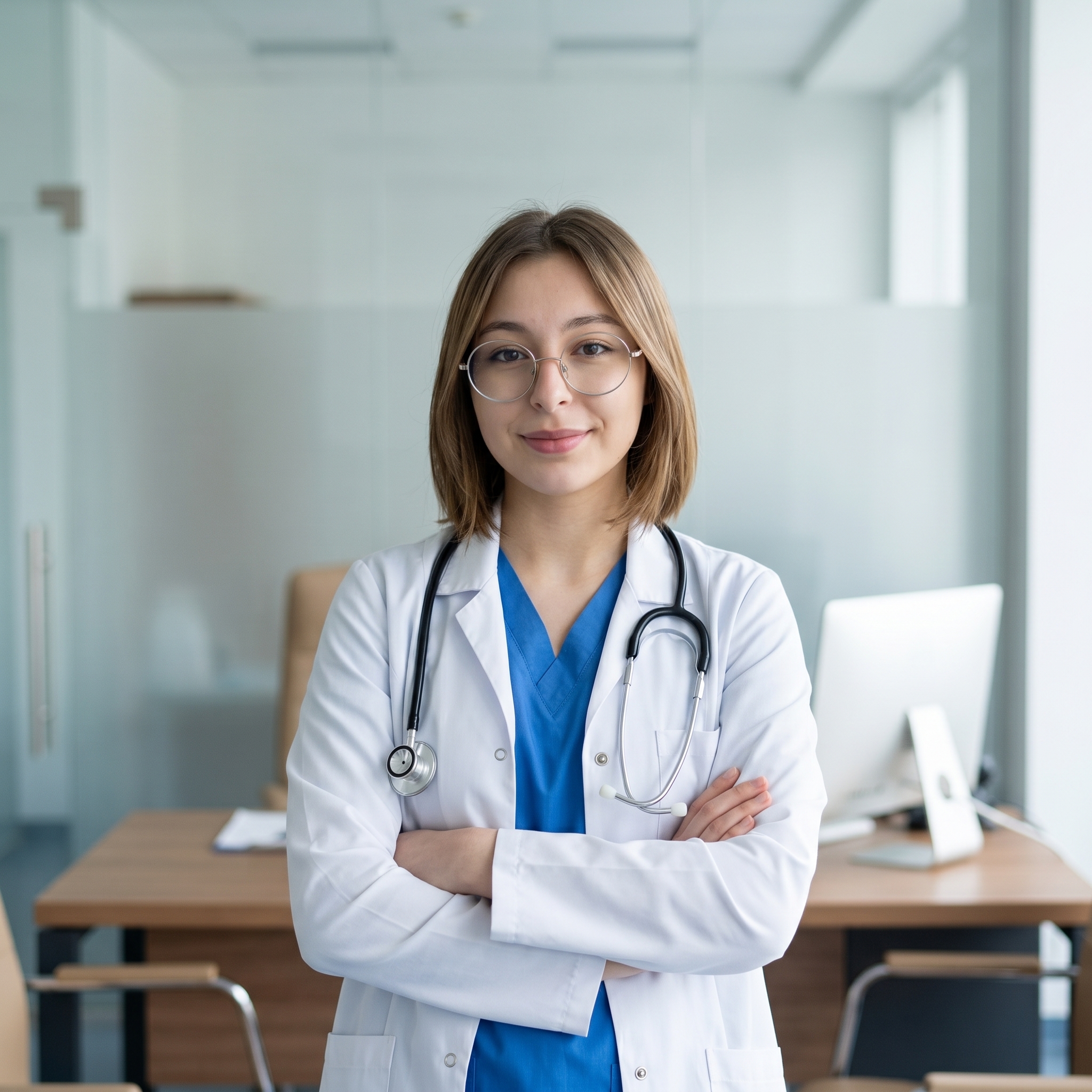 {"core":{"subject":"A medical professional in clinical attire","actions":["standing with arms crossed over the chest","facing the camera directly","posing in a professional clinical environment"],"constraints":["no hospital equipment like gurneys","no medical clutter","no harsh shadows","no motion blur"],"notes":"The scene conveys professionalism, trust, and a clean modern medical aesthetic.","objects":["stethoscope","white lab coat","blue scrubs","computer monitor","wooden desk","glass partition"],"objects_detailed":[{"item":"stethoscope","material":"polished metallic chrome chest piece with matte navy blue flexible tubing","spatial_data":"draped around the neck, resting on the chest in the midground"},{"item":"computer monitor","material":"brushed black plastic with a thin bezel and a white stand","spatial_data":"background left, out of focus"},{"item":"desk","material":"light oak wood grain with a matte finish","spatial_data":"foreground and midground bottom, horizontal plane"}],"scene":"A bright, modern medical office or consultation room with glass walls and professional furniture."},"style":{"primary_style":"photorealistic","color_profile":"neutral","lighting":"soft-ambient","render_quality":"professional-quality"},"quality_keywords":{"include":["hyperrealistic","sharp focus","high-end commercial photography","natural textures","clean aesthetic","8k resolution","subtle catchlights"],"avoid":["studio equipment","lamps","softbox","oversaturated colors","heavy film grain","digital artifacts","plastic skin texture"]},"aesthetic_grading":{"color_grade_style":"Clean clinical naturalism with neutral white balance","color_palette":["#FFFFFF","#4A90E2","#C19A6B","#E8E8E8","#2C3E50"],"contrast_style":"Linear digital contrast with soft transitions","saturation_level":"Natural balanced saturation","texture_and_grain":"Clean digital noise-free"},"camera_gear":{"aperture":"f/2.8 medium depth of field","bokeh_quality":"Creamy circular bokeh on the background glass and lights","camera_angle":"Eye-level","depth_of_field":"medium","exposure_notes":"Well-balanced exposure with slight priority on highlight retention","focal_length_description":"35mm wide-angle lens for environmental portraiture","focal_length_mm":35,"lens_characteristics":"Clean sharp optics with minimal distortion","sensor_type":"Digital Phase One Sensor"},"composition":{"depth_layers":"Clear 3-layer depth with subject in sharp midground, desk in foreground, and office in blurred background","framing":"centered","negative_space":"Balanced negative space above the head and to the sides","perspective":"natural_human_vision","shot_scale":"Medium Close-up (MCU)","subject_placement":"balanced","symmetry":"Asymmetric professional balance","visual_flow":"Vertical flow from head to crossed arms creating a stable triangular base"},"environment":{"atmosphere":[],"atmospheric_details":"Clear clinical atmosphere with subtle reflections on glass surfaces","particles":[],"time_season":["noon"],"weather":"Indoor environment with bright diffused illumination"},"lighting_physics":{"environment_light":"Diffused overhead room lighting reflecting off white walls","fill_light":"Soft ambient bounce from the surrounding white interior","key_light":"Broad diffused illumination from camera-front-left at a 45-degree angle, 5000K color temperature","light_temperature":"5000K neutral daylight","lighting_ratio":"Low Key - low contrast, 2:1 ratio","shadows":"Soft occlusion shadows under the chin and within the folds of the lab coat"},"materials":{"fabric_details":"realistic_drape","fabric_physics":"The lab coat shows structural stiffness with clean vertical folds; the scrubs show soft textile tension over the shoulders","skin_physics":"Subsurface scattering visible on cheeks; matte finish with soft specular highlights on the forehead","skin_textures":"smooth flawless editorial skin, fine lifelike micro-texture without harshness","surface_physics":{"glass":"Clean transparent glass partitions with soft linear reflections in the background","metal":"Polished chrome on the stethoscope head with sharp specular highlights","wood":"Matte natural wood grain on the desk surface"},"surfaces":["soft cotton-poly blend","polished steel","reflective glass"],"transparency":"surface_interactions"},"metadata":{"mood":"Professional, Contemplative, and Trustworthy","style_reference":"Modern medical commercial photography","technical_quality":"RAW photo, 8k resolution, critical focus"},"people":[{"gender":"female","pose_mechanics":"Shoulders squared and relaxed; spine neutral; arms folded across the abdomen with hands resting on the biceps; weight distributed evenly","apparel":[{"color":"Bright optic white","fit":"Tailored fit with natural drape and tension lines across the elbows","material":"Heavyweight cotton-twill blend","piece":"Professional lab coat"},{"color":"Medium cornflower blue","fit":"Relaxed V-neck","material":"Lightweight breathable synthetic blend","piece":"Medical scrubs"}],"cosmetics":"Satin finish lip tint in a neutral rosewood tone; subtle matte neutral eyeshadow; light mascara on lashes; bare natural face complexion with a soft dewy finish","expression":"Soft genuine smile with direct engagement","gaze_direction":"Looking directly at camera lens","light_interaction":"Soft butterfly lighting pattern on the face creating gentle depth around the eyes and nose","profile_data":{"profile_id":"96e143d9-25b8-46e4-8264-45196702f46a","age":18,"height_cm":159,"weight_kg":56,"body_type":"triangle","body_build":"average","breast_size":"A","eye_color":"brown"}}],"technical":{"physics_accuracy":{"gravity_cues":true,"structural_believability":true},"rendering":{"anti_aliasing":true,"color_depth":"high","noise_level":"low"},"resolution":{"min_quality":"professional-quality","target":"8k"},"technical_imperfections":{"compression_artifacts":"RAW uncompressed","focus_issues":"Perfect critical sharpness","motion_blur":"None - frozen action","optical_flaws":"Clean perfect optics"}},"critical_generation_note":"CRITICAL: Use uploaded reference image to preserve exact face identity, facial features, and structure with 100% accuracy."}