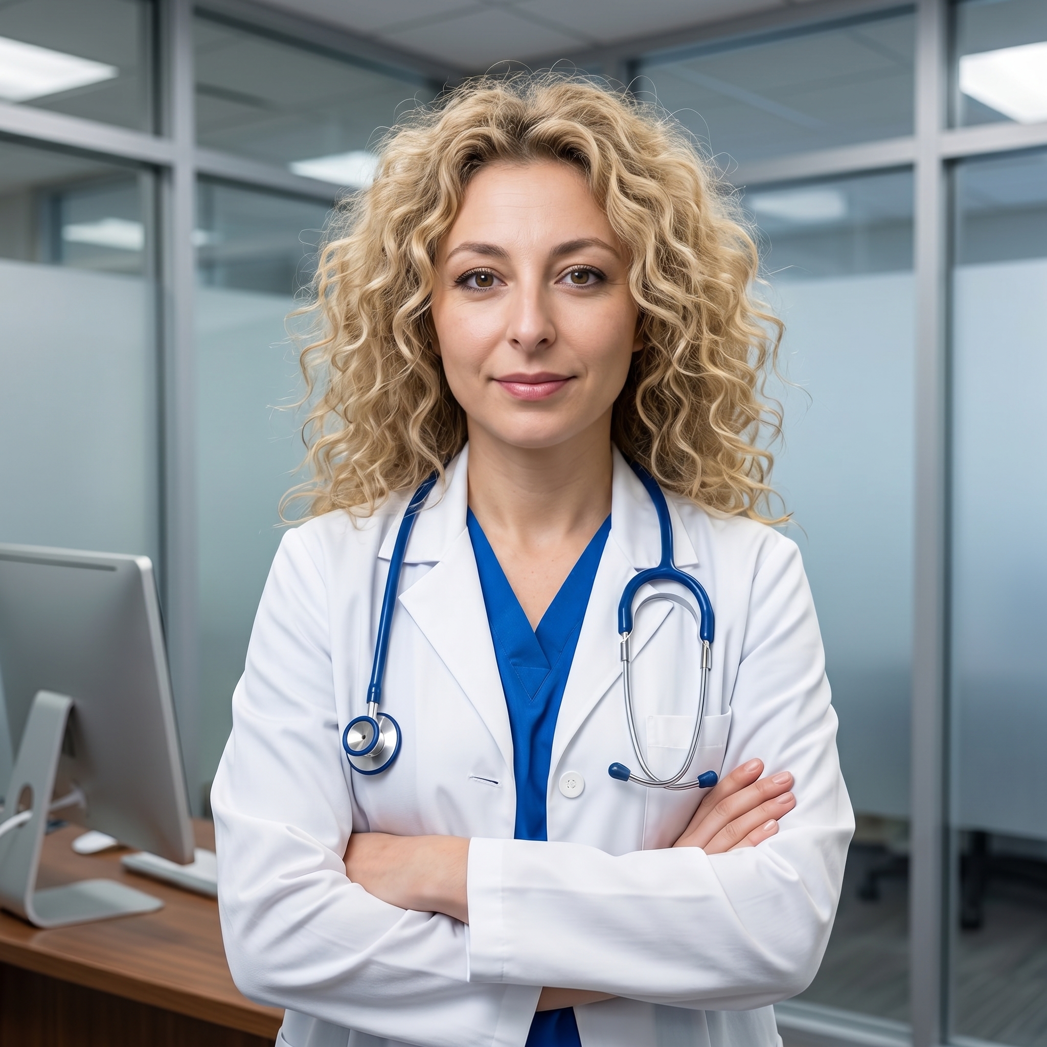 {"metadata":{"style":"Professional Corporate Portrait","mood":"Authoritative, Trustworthy, Clinical","color_palette":["#FFFFFF","#2B509D","#EED7B5","#A89B8E","#D1D5DB"],"lighting_physics":"Top-down diffused ambient illumination with a primary light source situated 45 degrees to the left of the camera axis. This creates soft-edged shadows in the submental region and right nasolabial fold. Subtle specular highlights are visible on the forehead, bridge of the nose, and as catchlights in the superior-left quadrant of the irises."},"objects":[{"item":"Stethoscope","material":"Matte royal blue PVC tubing with polished stainless steel chest piece and binaural.","spatial_data":"Draped symmetrically over the neck, resting atop the lab coat lapels with the diaphragm hanging over the right pectoral region."},{"item":"Computer Monitor","material":"Matte black LCD panel with a white polymer bezel.","spatial_data":"Mid-ground, positioned on the desk surface to the left of the subject."},{"item":"Office Desk","material":"Laminated walnut wood with a visible longitudinal grain and semi-matte finish.","spatial_data":"Horizontal plane occupying the lower 20% of the frame, supporting the monitor and subject's lower torso."}],"people":[{"gender":"Female","physical_traits":"Caucasian, approximately 45-55 years old. Dense, high-volume blonde hair with corkscrew curl texture. Fair skin with visible epidermal texture and fine lines around the periorbital region. Blue-grey irises.","apparel":[{"piece":"Lab Coat","material":"Heavyweight cotton-polyester twill with visible weave.","fit":"Tailored, open-front with notched lapels and a single visible white button."},{"piece":"Scrub Top","material":"Breathable synthetic-cotton blend.","fit":"Classic V-neck, worn as a base layer in a royal blue hue."}],"pose":"Arms folded across the chest, right hand tucked beneath the left bicep. Torso oriented directly toward the lens with a 5-degree head tilt toward the right shoulder. Slight upward curve at the labial commissures (neutral smile).","profile_data":{"profile_id":"96e143d9-25b8-46e4-8264-45196702f46a","age":18,"height_cm":159,"weight_kg":56,"body_type":"triangle","body_build":"average","breast_size":"A","eye_color":"brown"}}],"environment":{"backdrop":"Glass-walled office interior with brushed aluminum framing. Vertical glass panes feature a frosted privacy film on the lower half, creating a semi-translucent separation from the corridor beyond.","floor":"Not visible; frame terminates at the mid-waist level against the desk edge.","atmosphere":"Clinical clarity with no visible particulate; high micro-contrast between the subject and the neutral background."},"composition":{"framing":"Medium Shot, vertical orientation (9:16 aspect ratio).","geometry":"Strong vertical lines created by the glass partitions and aluminum frames. The subject's folded arms create a horizontal visual anchor.","depth_of_field":"f/2.8 simulation; sharp focus on the facial features and hair texture with a progressive bokeh falloff starting at the monitor and glass partitions.","focal_point":"The eyes and central facial plane of the subject."},"symbolism_and_story":{"narrative":"A medical professional in a contemporary healthcare environment, signifying expertise and accessibility.","textures":"Contrast between the organic, irregular curls of the hair and the rigid, geometric lines of the glass and metal architectural elements."},"critical_generation_note":"CRITICAL: Use uploaded reference image to preserve exact face identity, facial features, and structure with 100% accuracy."}