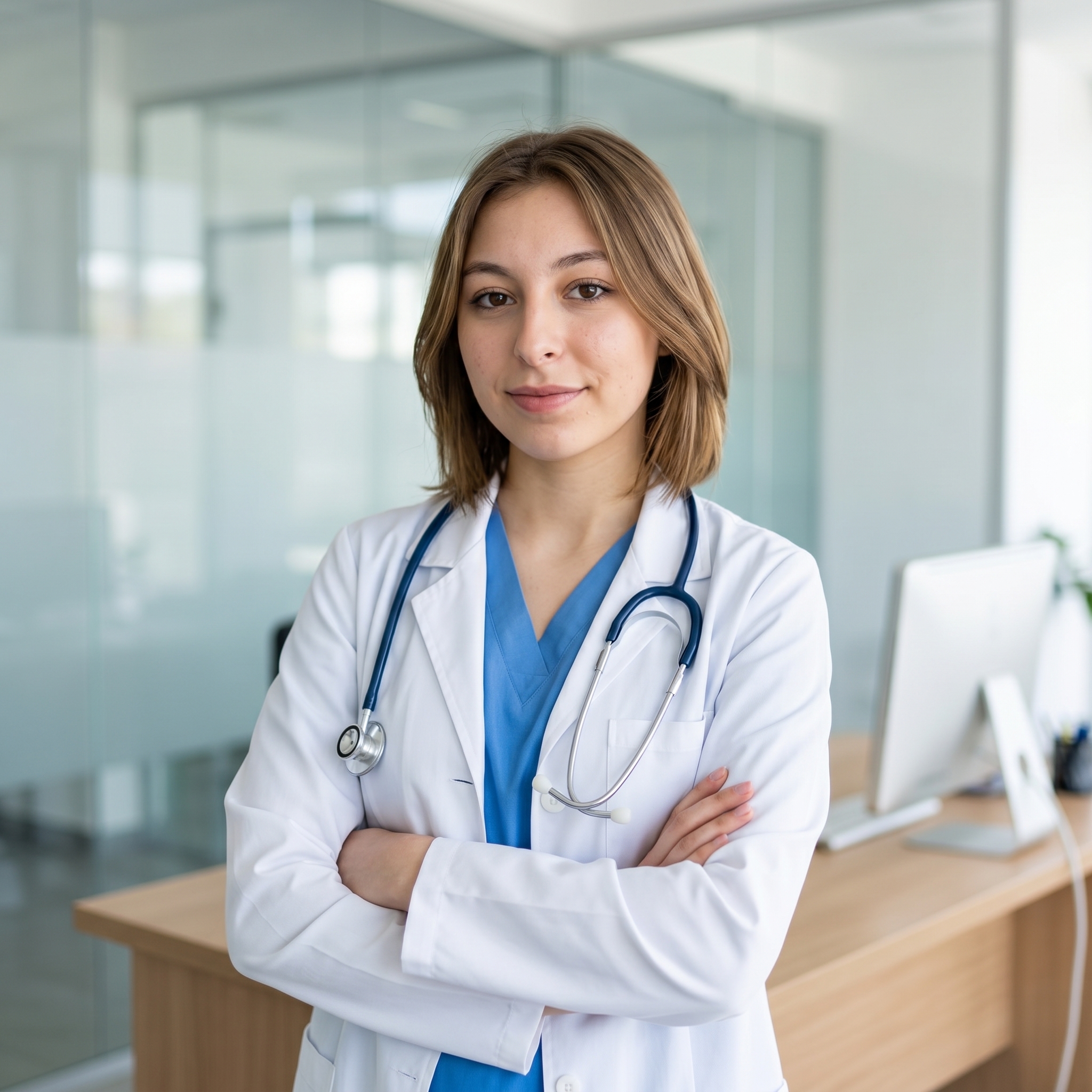 {"core":{"subject":"Medical professional in clinical attire","actions":["standing with arms crossed","facing camera directly","maintaining professional posture"],"constraints":["no studio equipment","no logos","no identifiable facial features","no specific biometric data"],"notes":"The image captures a clean, professional medical office aesthetic with soft, naturalistic lighting and a shallow depth of field for subject separation.","objects":["stethoscope","computer monitor","office desk","glass partition walls","white lab coat","blue medical scrubs"],"objects_detailed":[{"item":"Stethoscope","material":"Navy blue matte rubber tubing with polished chrome-finished metallic chest piece","spatial_data":"Draped around the neck, resting on the chest in the midground"},{"item":"Office Desk","material":"Light-colored oak wood laminate with visible grain texture","spatial_data":"Foreground bottom, spanning horizontally"},{"item":"Glass Partition","material":"Clear architectural glass with slight green edge tint and soft reflections","spatial_data":"Background, creating depth layers"}],"scene":"A modern, bright medical consultation office with a minimalist aesthetic and professional atmosphere."},"style":{"primary_style":"photorealistic","color_profile":"neutral","lighting":"soft-ambient","render_quality":"professional-quality"},"quality_keywords":{"include":["hyperrealistic","photographic quality","8k resolution","sharp focus on subject","natural skin textures","clean clinical aesthetic","subtle bokeh","professional color grading"],"avoid":["studio equipment","lamps","softbox","digital noise","oversaturated skin","plastic skin texture","unrealistic proportions"]},"aesthetic_grading":{"color_grade_style":"Clean clinical digital look with neutral highlights and balanced midtones","color_palette":["#FFFFFF","#2B4C7E","#D1D5DB","#A88B6E","#F3F4F6"],"contrast_style":"Linear digital contrast with soft roll-off in the highlights","saturation_level":"Natural balanced saturation","texture_and_grain":"Clean digital sensor quality with minimal noise"},"camera_gear":{"aperture":"f/2.8 for moderate subject isolation","bokeh_quality":"Creamy, non-distracting background blur","camera_angle":"Eye-level","depth_of_field":"medium","exposure_notes":"Well-balanced exposure with priority on skin tones","focal_length_description":"35mm standard wide-angle","focal_length_mm":35,"lens_characteristics":"Clean sharp optics with minimal distortion","sensor_type":"Full-frame digital sensor"},"composition":{"depth_layers":"Clear 3-layer depth with subject in midground, desk in foreground, and office glass in background","framing":"centered","negative_space":"Balanced breathing room above the head and to the sides","perspective":"natural_human_vision","shot_scale":"Medium Close-up (MCU)","subject_placement":"balanced","symmetry":"Asymmetric professional stance","visual_flow":"Vertical flow from the subject's face down through the crossed arms"},"environment":{"atmosphere":["humidity"],"atmospheric_details":"Clear air with soft environmental light dispersion","particles":["atmospheric_depth"],"time_season":["noon"],"weather":"Indoor climate-controlled environment"},"lighting_physics":{"environment_light":"Diffused ambient light from overhead architectural panels","fill_light":"Soft bounce from camera-left walls","key_light":"45° camera-right soft diffused illumination, 5000K daylight-balanced","light_temperature":"5000K neutral daylight","lighting_ratio":"Low contrast, 2:1 ratio for approachable mood","shadows":"Soft occlusion shadows under the collar and chin"},"materials":{"fabric_details":"realistic_drape","fabric_physics":"Heavy cotton-twill lab coat with structured shoulders and soft vertical folds; lightweight synthetic-blend scrubs with subtle tension lines","skin_physics":"Subsurface scattering visible on cheeks and forehead; natural specular highlights on the T-zone","skin_textures":"smooth flawless editorial skin, fine lifelike micro-texture without harshness","surface_physics":{"glass":"Clean transparent with subtle architectural reflections","metal":"Polished chrome stethoscope with sharp specular highlights","wood":"Matte finish wood grain on desk"},"surfaces":["soft satin transitions","clean reflective highlights","matte fabric finishes"],"transparency":"accurate_refraction"},"metadata":{"mood":"Contemplative and professional","style_reference":"Medical editorial photography","technical_quality":"8k resolution RAW photo"},"people":[{"gender":"female","pose_mechanics":"Weight evenly distributed, spine straight, arms crossed at chest level with hands resting on biceps","apparel":[{"color":"Crisp clinical white","fit":"Tailored fit with structured lapels and soft vertical folds","material":"Heavyweight cotton twill","piece":"Professional lab coat"},{"color":"Medium cerulean blue","fit":"V-neck semi-fitted","material":"Lightweight poplin","piece":"Medical scrubs"}],"cosmetics":"Dewy finish foundation with natural skin glow; subtle matte mauve lip tint; neutral taupe eyeshadow; thin black upper lash line definition","expression":"Soft genuine half-smile, approachable and confident","gaze_direction":"Looking directly at camera lens","light_interaction":"Soft butterfly lighting pattern on the face with gentle catchlights in the eyes","profile_data":{"profile_id":"96e143d9-25b8-46e4-8264-45196702f46a","age":18,"height_cm":159,"weight_kg":56,"body_type":"triangle","body_build":"average","breast_size":"A","eye_color":"brown"}}],"technical":{"physics_accuracy":{"gravity_cues":true,"structural_believability":true},"rendering":{"anti_aliasing":true,"color_depth":"high","noise_level":"low"},"resolution":{"min_quality":"professional-quality","target":"8k"},"technical_imperfections":{"compression_artifacts":"RAW uncompressed","focus_issues":"Perfect critical sharpness on the eyes","motion_blur":"None - frozen action","optical_flaws":"Clean perfect optics"}},"critical_generation_note":"CRITICAL: Use uploaded reference image to preserve exact face identity, facial features, and structure with 100% accuracy."}