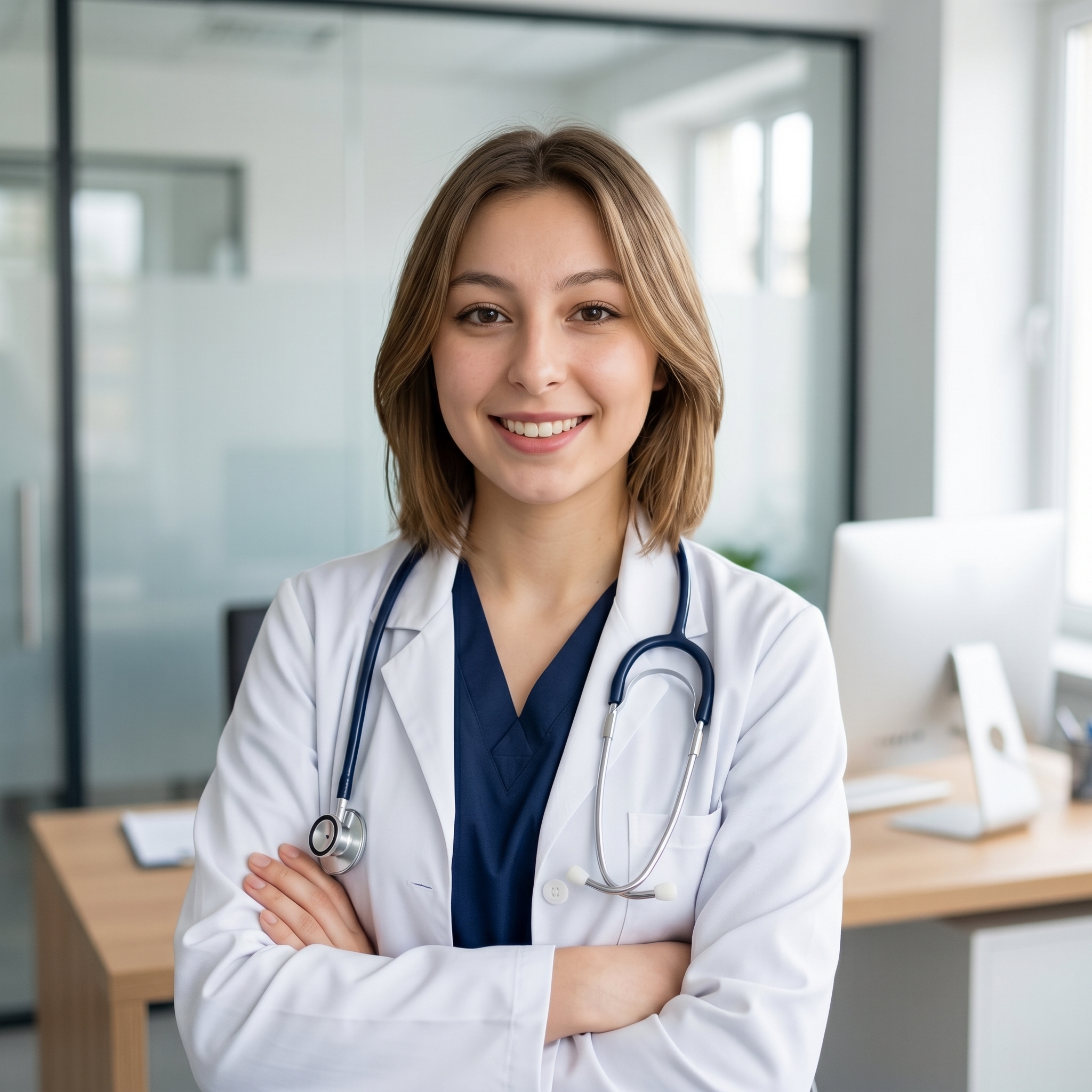 {"core":{"subject":"A medical professional in an office environment","actions":["standing with arms crossed","smiling warmly and professionally","looking directly at the camera lens"],"constraints":["no studio lamps visible","no harsh artificial shadows","no digital over-sharpening","no heavy color grading"],"notes":"The scene conveys a sense of professional competence and approachable warmth through soft lighting and a clean, organized office setting.","objects":["Stethoscope","White lab coat","Blue scrubs","Computer monitor","Wooden desk","Glass office partitions"],"objects_detailed":[{"item":"Stethoscope","material":"Polished stainless steel chest piece with flexible navy blue synthetic tubing","spatial_data":"Draped around the neck, resting on the chest in the foreground"},{"item":"White lab coat","material":"Heavyweight cotton-polyester blend with visible weave and functional plastic buttons","spatial_data":"Outer layer covering the torso and arms"},{"item":"Computer monitor","material":"Sleek matte plastic casing with a silver-finish stand","spatial_data":"Midground left, resting on the desk"}],"scene":"A bright, modern clinical office with glass walls and a minimalist aesthetic"},"style":{"primary_style":"photorealistic","color_profile":"neutral","lighting":"soft-ambient","render_quality":"professional-quality"},"quality_keywords":{"include":["photographic quality","natural lighting","sharp focus on subject","high-end commercial photography","clean composition","realistic fabric textures","subtle skin micro-texture"],"avoid":["studio equipment","overprocessed skin","digital artifacts","unnatural proportions","harsh shadows","blown out highlights"]},"aesthetic_grading":{"color_grade_style":"Natural daylight balanced with clean whites","color_palette":["#FFFFFF","#1E3A5F","#D2B48C","#E0E0E0","#5D6D7E"],"contrast_style":"Linear digital with natural shadow roll-off","saturation_level":"Natural balanced saturation","texture_and_grain":"Clean digital noise-free with high clarity"},"camera_gear":{"aperture":"f/2.8 medium depth of field","bokeh_quality":"Soft natural background blur with recognizable shapes","camera_angle":"Eye-level","depth_of_field":"medium","exposure_notes":"Well-balanced exposure favoring skin tones and white fabric detail","focal_length_description":"50mm standard lens providing natural human perspective","focal_length_mm":50,"lens_characteristics":"Clean sharp optics with minimal distortion","sensor_type":"Full-frame digital sensor"},"composition":{"depth_layers":"Clear 3-layer depth with subject in foreground, desk in midground, and glass partitions in background","framing":"centered","negative_space":"Balanced negative space above the head to show the environment","perspective":"natural_human_vision","shot_scale":"Medium Close-up (MCU)","subject_placement":"balanced","symmetry":"Asymmetric professional stance providing dynamic balance","visual_flow":"Vertical flow from the face down through the crossed arms and stethoscope"},"environment":{"atmosphere":["humidity"],"atmospheric_details":"Clear, dust-free interior air with slight window-light diffusion","particles":["atmospheric_depth"],"time_season":["noon"],"weather":"Bright indirect daylight from nearby windows"},"lighting_physics":{"environment_light":"Diffused window light from camera-right bouncing off white walls","fill_light":"Soft ambient bounce from camera-left","key_light":"Broad diffused illumination arriving from 45° camera-right, approx 5500K","light_temperature":"5500K daylight balanced","lighting_ratio":"Low contrast, 2:1 ratio for a soft professional look","shadows":"Soft occlusion shadows under the chin and within fabric folds"},"materials":{"fabric_details":"realistic_drape","fabric_physics":"Tension lines visible at the elbows and across the chest from the crossed arm posture","skin_physics":"Subsurface scattering on cheeks and forehead; soft specular highlights on the nose","skin_textures":"smooth flawless editorial skin, fine lifelike micro-texture without harshness","surface_physics":{"glass":"Clean transparent with subtle reflections of the office environment","metal":"Satin-finish stainless steel on the stethoscope with controlled highlights","wood":"Light oak veneer with a smooth matte lacquer finish"},"surfaces":["soft cotton drape","brushed metallic highlights","smooth polished glass"],"transparency":"accurate_refraction"},"metadata":{"mood":"Professional, Trustworthy, and Compassionate","style_reference":"Modern medical professional portraiture","technical_quality":"8k resolution RAW photo"},"people":[{"gender":"female","pose_mechanics":"Weight evenly distributed, spine straight, arms folded comfortably across the abdomen with hands resting on the biceps","apparel":[{"color":"Bright surgical white","fit":"Tailored fit with natural folds at the elbows","material":"Stiff twill cotton","piece":"Professional lab coat"},{"color":"Medical blue","fit":"Relaxed V-neck fit","material":"Soft cotton-jersey blend","piece":"Scrub top"}],"cosmetics":"Natural professional makeup; matte neutral lip tint, subtle brown eyeliner, and a light dusting of peach-toned blush on cheekbones","expression":"Slight genuine smile with relaxed eyes","gaze_direction":"Looking directly at camera lens","light_interaction":"Broad key light creates a gentle catchlight in the eyes and soft modeling on the face","profile_data":{"profile_id":"96e143d9-25b8-46e4-8264-45196702f46a","age":18,"height_cm":159,"weight_kg":56,"body_type":"triangle","body_build":"average","breast_size":"A","eye_color":"brown"}}],"technical":{"physics_accuracy":{"gravity_cues":true,"structural_believability":true},"rendering":{"anti_aliasing":true,"color_depth":"high","noise_level":"low"},"resolution":{"min_quality":"professional-quality","target":"8k"},"technical_imperfections":{"compression_artifacts":"RAW uncompressed","focus_issues":"Perfect critical sharpness on the subject's eyes","motion_blur":"None - frozen action","optical_flaws":"Clean perfect optics"}},"critical_generation_note":"CRITICAL: Use uploaded reference image to preserve exact face identity, facial features, and structure with 100% accuracy."}