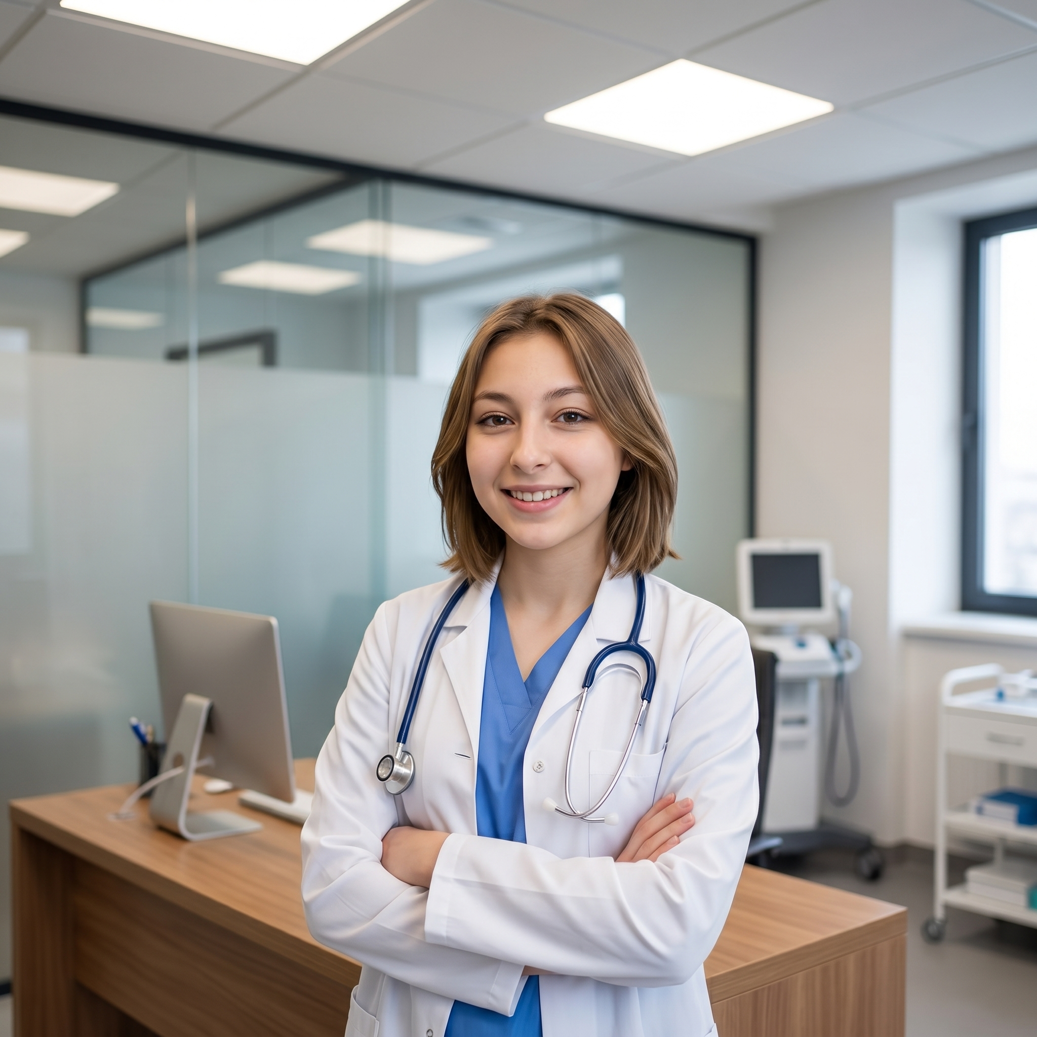 {"core":{"subject":"Medical professional in clinical attire","actions":["Standing with arms crossed in a professional posture","Looking directly at the lens with a friendly demeanor"],"constraints":["No studio equipment visible","No branding or logos on clothing","No harsh shadows"],"notes":"The image captures a clean, professional medical environment with a focus on approachable authority and crisp material textures.","objects":["Medical stethoscope","Computer monitor","Wooden desk","Glass office partitions","White laboratory coat","Blue clinical scrubs"],"objects_detailed":[{"item":"Stethoscope","material":"Polished chrome metal chest piece and binaurals with matte navy blue rubber tubing","spatial_data":"Draped around the neck, resting on the chest in the midground"},{"item":"Laboratory Coat","material":"Stiff white cotton-polyester twill with visible seam stitching and plastic buttons","spatial_data":"Main subject apparel, covering the torso and arms"},{"item":"Computer Monitor","material":"Satin black plastic bezel with an anti-glare screen surface","spatial_data":"Background left, out of focus"}],"scene":"A modern medical office or clinic consultation room featuring clean glass walls and professional furniture."},"style":{"primary_style":"photorealistic","color_profile":"rich","lighting":"soft-ambient","render_quality":"professional-quality"},"quality_keywords":{"include":["8k resolution","highly detailed medical attire","natural skin micro-texture","shallow depth of field","clean clinical aesthetic","sharp focus on subject","soft bokeh","professional lighting"],"avoid":["studio lamps","overprocessed skin","harsh flash","digital noise","blown out highlights","unrealistic fabric folds"]},"aesthetic_grading":{"color_grade_style":"Clean clinical digital look with natural skin tones","color_palette":["#FFFFFF","#3A5F9D","#B0C4DE","#8D735B","#E8E8E8"],"contrast_style":"Linear digital with soft roll-off in the highlights","saturation_level":"Natural balanced saturation","texture_and_grain":"Clean digital noise-free"},"camera_gear":{"aperture":"f/2.8 medium shallow depth","bokeh_quality":"Creamy circular bokeh on background office elements","camera_angle":"Eye-level","depth_of_field":"shallow","exposure_notes":"Well-balanced exposure targeting middle-gray skin tones","focal_length_description":"50mm prime lens","focal_length_mm":50,"lens_characteristics":"Clean sharp optics with minimal distortion","sensor_type":"Full-frame digital sensor"},"composition":{"depth_layers":"Clear 3-layer depth with subject in sharp focus and background significantly blurred","framing":"centered","negative_space":"Balanced negative space provided by the background office environment","perspective":"natural_human_vision","shot_scale":"Medium Close-up (MCU)","subject_placement":"balanced","symmetry":"Asymmetric professional stance","visual_flow":"The eye is drawn to the face, then follows the stethoscope down to the crossed arms."},"environment":{"atmosphere":["humidity"],"atmospheric_details":"Clear indoor air with no visible particulate matter","particles":[],"time_season":["noon"],"weather":"Indoor climate-controlled environment"},"lighting_physics":{"environment_light":"Soft overhead ceiling panels and window light from camera left","fill_light":"Soft ambient bounce from white walls on the camera-right side","key_light":"45° camera-left soft diffused illumination, 5500K daylight balanced","light_temperature":"5500K neutral daylight","lighting_ratio":"Low Key - low contrast, 2:1 ratio for a flattering look","shadows":"Soft occlusion shadows under the chin and within the fabric folds"},"materials":{"fabric_details":"thread_patterns","fabric_physics":"Stiff drape of the lab coat creates structural folds, while the scrubs show softer tension marks near the neck","skin_physics":"Subsurface scattering visible on cheeks and forehead, subtle specular highlights on the nose","skin_textures":"Smooth flawless editorial skin, fine lifelike micro-texture without harshness","surface_physics":{"glass":"Clean transparent with subtle reflections of the office interior","metal":"Polished chrome on the stethoscope with sharp specular highlights","wood":"Natural knots and grain visible on the desk surface"},"surfaces":["soft satin transitions on fabric","clean reflective highlights on metal","matte anti-glare screen"],"transparency":"accurate_refraction"},"metadata":{"mood":"Contemplative and Professional","style_reference":"Corporate Medical Portrait","technical_quality":"RAW photo quality with high dynamic range"},"people":[{"gender":"female","pose_mechanics":"Weight evenly distributed, spine vertical, arms crossed over the mid-section with fingers resting on the upper arms","apparel":[{"color":"Crisp clinical white","fit":"Structured fit with natural drape and vertical folds from the shoulders","material":"Heavy cotton twill","piece":"Professional laboratory coat"},{"color":"Medium cerulean blue","fit":"Relaxed fit with a V-neckline","material":"Lightweight breathable cotton blend","piece":"Clinical scrubs"}],"cosmetics":"Subtle satin-finish foundation, neutral mauve matte lip tint, and soft brown eyeshadow with light black mascara","expression":"Soft genuine smile with calm, confident eyes","gaze_direction":"Looking directly at camera lens","light_interaction":"Soft butterfly-style illumination on the face with gentle modeling of facial features","profile_data":{"profile_id":"96e143d9-25b8-46e4-8264-45196702f46a","age":18,"height_cm":159,"weight_kg":56,"body_type":"triangle","body_build":"average","breast_size":"A","eye_color":"brown"}}],"technical":{"physics_accuracy":{"gravity_cues":true,"structural_believability":true},"rendering":{"anti_aliasing":true,"color_depth":"high","noise_level":"low"},"resolution":{"min_quality":"professional-quality","target":"4k"},"technical_imperfections":{"compression_artifacts":"RAW uncompressed","focus_issues":"Perfect critical sharpness on the subject's eyes","motion_blur":"None - frozen action","optical_flaws":"Clean perfect optics"}},"critical_generation_note":"CRITICAL: Use uploaded reference image to preserve exact face identity, facial features, and structure with 100% accuracy."}