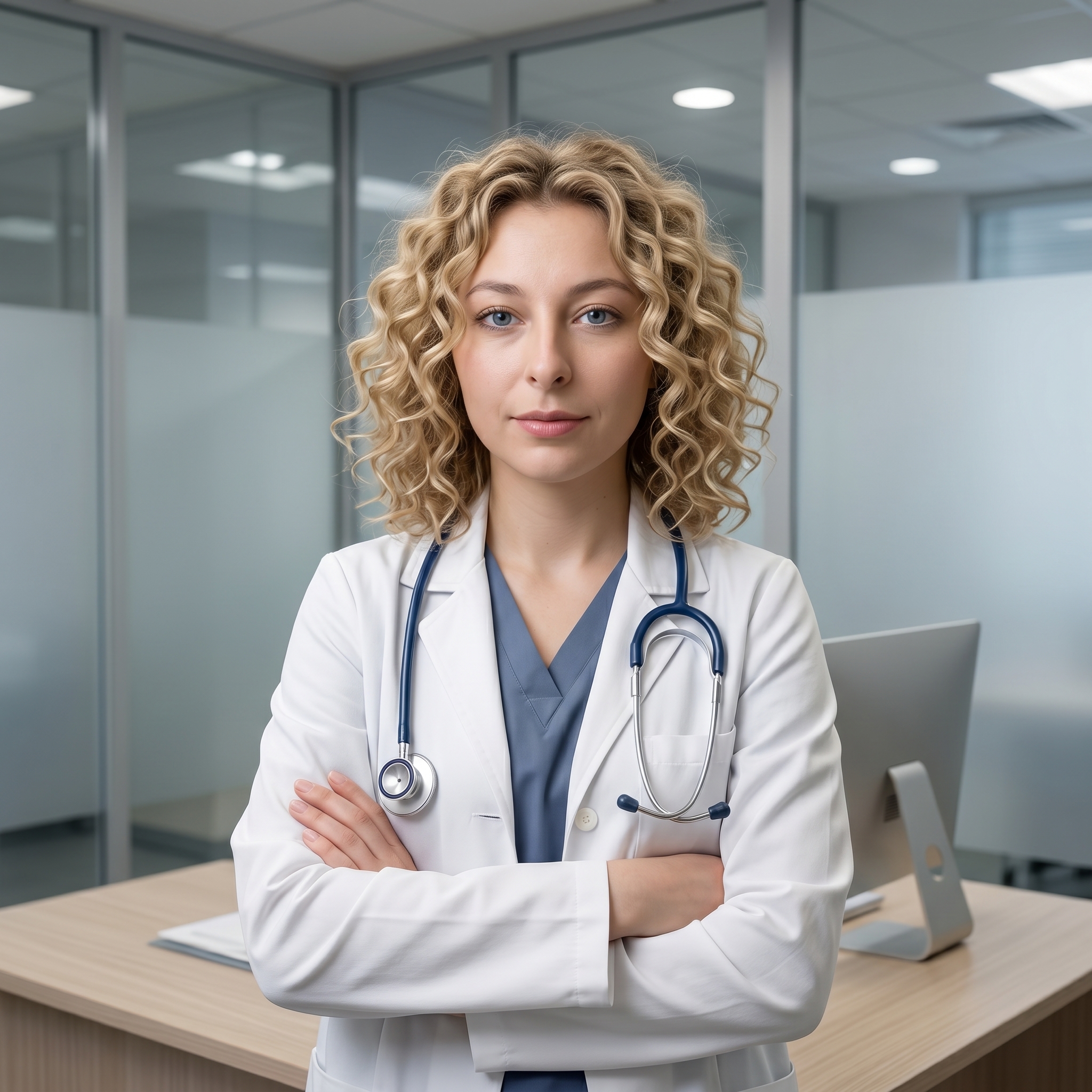 {"metadata":{"style":"Clinical Editorial Portrait","mood":"Professional, Assured, Trustworthy","color_palette":["#FFFFFF (Pure White)","#4A6E9B (Slate Blue)","#1A2B56 (Navy Blue)","#D2B48C (Ash Wood)","#F5E1D2 (Pale Skin)"],"lighting_physics":"Soft, diffused top-left frontal illumination creating a gentle gradient across the face. Low-contrast shadows with high micro-contrast on skin texture. Subtle rim lighting on the hair perimeter from overhead ambient sources. Specular highlights present on the corneal surface and the metallic components of the stethoscope."},"objects":[{"item":"Stethoscope","material":"Brushed stainless steel chest piece and binaurals; flexible matte navy blue silicone tubing.","spatial_data":"Draped symmetrically around the neck, resting atop the lab coat lapels, with the chest piece hanging at mid-torso level."},{"item":"Computer Monitor","material":"Matte black LCD panel with a white polymer bezel.","spatial_data":"Positioned in the mid-ground left, angled 30 degrees away from the camera."},{"item":"Office Desk","material":"Light ash wood veneer with a visible horizontal grain pattern.","spatial_data":"Located in the lower third of the frame, providing a horizontal anchor behind the subject's crossed arms."}],"people":[{"gender":"Female","physical_traits":"Estimated age 40-45. Voluminous, shoulder-length blonde hair with tight spiral curls. Fair complexion with visible subsurface scattering and natural skin texture. Light blue eyes with sharp focus. Subtle, neutral-toned lip color.","apparel":[{"piece":"Lab Coat","material":"Heavyweight white cotton-twill.","fit":"Tailored, worn open with lapels pressed flat; sleeves show minor creasing at the elbows."},{"piece":"Scrubs","material":"Synthetic-cotton blend, slate blue.","fit":"Standard V-neck, layered beneath the lab coat."}],"pose":"Arms crossed at the waist. Torso angled 15 degrees to the left, head turned directly toward the lens for a frontal gaze. Shoulders relaxed but square.","profile_data":{"profile_id":"96e143d9-25b8-46e4-8264-45196702f46a","age":18,"height_cm":159,"weight_kg":56,"breast_size":"A","eye_color":"brown"}}],"environment":{"backdrop":"Modern medical office with floor-to-ceiling glass partitions held by aluminum frames. Background features a mix of transparent and frosted glass segments, reflecting overhead linear light fixtures.","floor":"Not visible; the desk surface serves as the lower environmental boundary.","atmosphere":"Clear, high-visibility clinical environment with minimal atmospheric haze or grain."},"composition":{"framing":"Vertical Medium Shot (waist-up).","geometry":"Subject is centered. Vertical lines from the glass partitions provide structural rhythm. The crossed arms create a horizontal visual base.","depth_of_field":"Simulated f/2.8 to f/4.0 focus falloff. Primary focus on the subject's eyes; background elements like the monitor and glass walls are rendered with a soft bokeh.","focal_point":"The subject's facial features, specifically the eyes."},"symbolism_and_story":{"narrative":"A depiction of medical authority and accessibility within a contemporary healthcare infrastructure.","textures":"Contrast between the crisp, starched white twill of the coat, the soft organic curls of the hair, and the cold, hard surfaces of the glass and metal in the background."},"critical_generation_note":"CRITICAL: Use uploaded reference image to preserve exact face identity, facial features, and structure with 100% accuracy."}