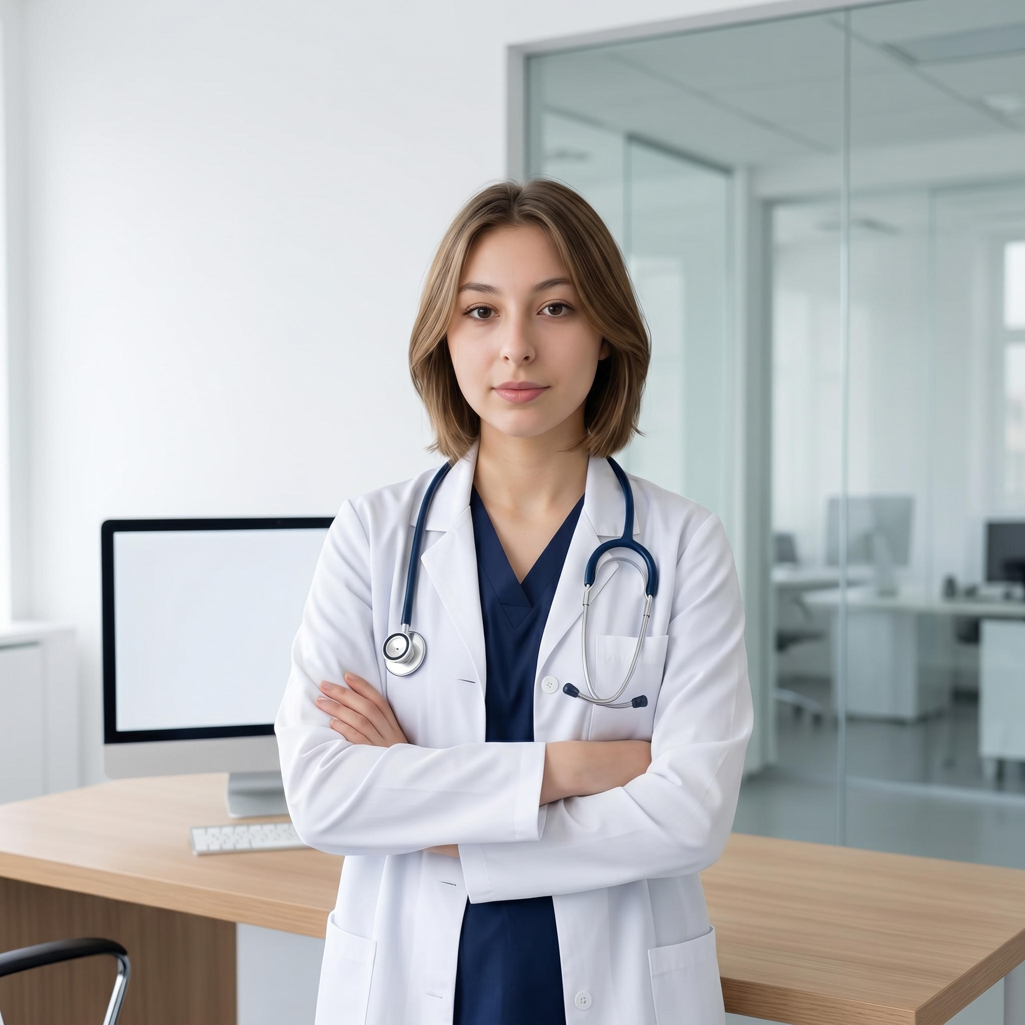 {"core":{"subject":"A medical professional in a clinical office setting","actions":["standing with arms crossed over the midsection","maintaining a calm and professional demeanor","facing the camera with a subtle, friendly expression"],"constraints":["no hospital signage","no logos","no medical equipment brands","no cluttered backgrounds"],"notes":"The image focuses on a clean, professional aesthetic typical of high-quality documentary or corporate healthcare photography.","objects":["stethoscope","white lab coat","blue scrubs","computer monitor","wooden desk","glass partition walls"],"objects_detailed":[{"item":"stethoscope","material":"polished chrome chest-piece and ear tubes with matte navy blue flexible rubber tubing","spatial_data":"draped around the neck, resting on the chest"},{"item":"lab coat","material":"crisp white heavy-duty cotton-polyester blend with visible stitching and button details","spatial_data":"worn over scrubs, forming the primary outer layer"},{"item":"glass partitions","material":"clean transparent tempered glass with subtle vertical metal frames and soft reflections","spatial_data":"background, creating depth and separating office spaces"}],"scene":"A brightly lit, modern medical consultation office with a minimalist interior design."},"style":{"primary_style":"photorealistic","color_profile":"neutral","lighting":"soft-ambient","render_quality":"professional-quality"},"quality_keywords":{"include":["photographic quality","sharp focus on subject","clean clinical aesthetic","natural lighting","high-resolution detail","authentic fabric textures"],"avoid":["studio equipment","harsh shadows","oversaturated colors","digital artifacts","motion blur","blurry subject"]},"aesthetic_grading":{"color_grade_style":"Natural digital look with clean whites and balanced skin tones","color_palette":["#FFFFFF","#F5F5F5","#3A60A1","#1B2B48","#A67C52"],"contrast_style":"Linear digital with well-preserved detail in both highlights and shadows","saturation_level":"Natural balanced saturation","texture_and_grain":"Clean digital noise-free"},"camera_gear":{"aperture":"f/2.8 medium depth of field","bokeh_quality":"Soft natural blur on background office elements","camera_angle":"Eye-level","depth_of_field":"medium","exposure_notes":"Well-balanced exposure with bright, clean highlights on the white coat","focal_length_description":"35mm standard wide-angle","focal_length_mm":35,"lens_characteristics":"Clean sharp optics with minimal distortion","sensor_type":"Digital Phase One Sensor"},"composition":{"depth_layers":"Clear 3-layer depth: subject in foreground, desk in midground, glass partitions in background","framing":"centered","negative_space":"Balanced negative space above and to the sides of the subject","perspective":"natural_human_vision","shot_scale":"Medium Shot (MS)","subject_placement":"balanced","symmetry":"Asymmetric dynamic balance with subject slightly off-center","visual_flow":"Vertical alignment of the subject against the horizontal lines of the desk and glass panels"},"environment":{"atmosphere":[],"atmospheric_details":"Clear, dust-free interior air with soft light diffusion","particles":[],"time_season":["noon"],"weather":"Overcast diffused light entering through distant windows"},"lighting_physics":{"environment_light":"Diffused overhead illumination and soft bounce from interior walls","fill_light":"Soft ambient bounce from camera-left","key_light":"Broad, soft diffused illumination arriving from 45° camera-right","light_temperature":"5000K clean white light","lighting_ratio":"Low Key - low contrast, 2:1 ratio","shadows":"Soft occlusion shadows under the stethoscope and arm folds"},"materials":{"fabric_details":"realistic_drape","fabric_physics":"Stiff drape of the lab coat contrasting with the softer, more flexible fold dynamics of the scrubs","skin_physics":"Subsurface scattering visible on cheeks with soft specular highlights from the key light","skin_textures":"smooth flawless editorial skin, fine lifelike micro-texture without harshness","surface_physics":{"glass":"Clean transparent with subtle refraction and linear reflections","metal":"Polished chrome on stethoscope with sharp specular highlights","wood":"Light oak wood grain on desk surface with matte finish"},"surfaces":["soft satin transitions on skin","clean reflective highlights on glass"],"transparency":"accurate_refraction"},"metadata":{"mood":"Professional, Trustworthy, Calm","style_reference":"Modern Corporate Editorial","technical_quality":"8k resolution RAW photo"},"people":[{"gender":"female","pose_mechanics":"Weight evenly distributed with a neutral spine; arms crossed at the waist level, shoulders relaxed and down.","apparel":[{"color":"Crisp clinical white","fit":"Structured fit with natural vertical folds at the elbows","material":"Heavy cotton-twill lab coat","piece":"Lab coat"},{"color":"Mid-tone cornflower blue","fit":"Relaxed V-neck drape","material":"Soft lightweight cotton-blend","piece":"Medical scrubs"}],"cosmetics":"Subtle application of matte dusty-rose lip tint and soft brown eyeliner for definition on the upper lash line; natural matte foundation finish.","expression":"Slight genuine smile with neutral eye expression","gaze_direction":"Looking directly at camera lens","light_interaction":"Soft butterfly lighting pattern on the face with a gentle catchlight in the eyes","profile_data":{"profile_id":"96e143d9-25b8-46e4-8264-45196702f46a","age":18,"height_cm":159,"weight_kg":56,"body_type":"triangle","body_build":"average","breast_size":"A","eye_color":"brown"}}],"technical":{"physics_accuracy":{"gravity_cues":true,"structural_believability":true},"rendering":{"anti_aliasing":true,"color_depth":"high","noise_level":"low"},"resolution":{"min_quality":"professional-quality","target":"8k"},"technical_imperfections":{"compression_artifacts":"RAW uncompressed","focus_issues":"Perfect critical sharpness on the eyes","motion_blur":"None - frozen action","optical_flaws":"Clean perfect optics"}},"critical_generation_note":"CRITICAL: Use uploaded reference image to preserve exact face identity, facial features, and structure with 100% accuracy."}