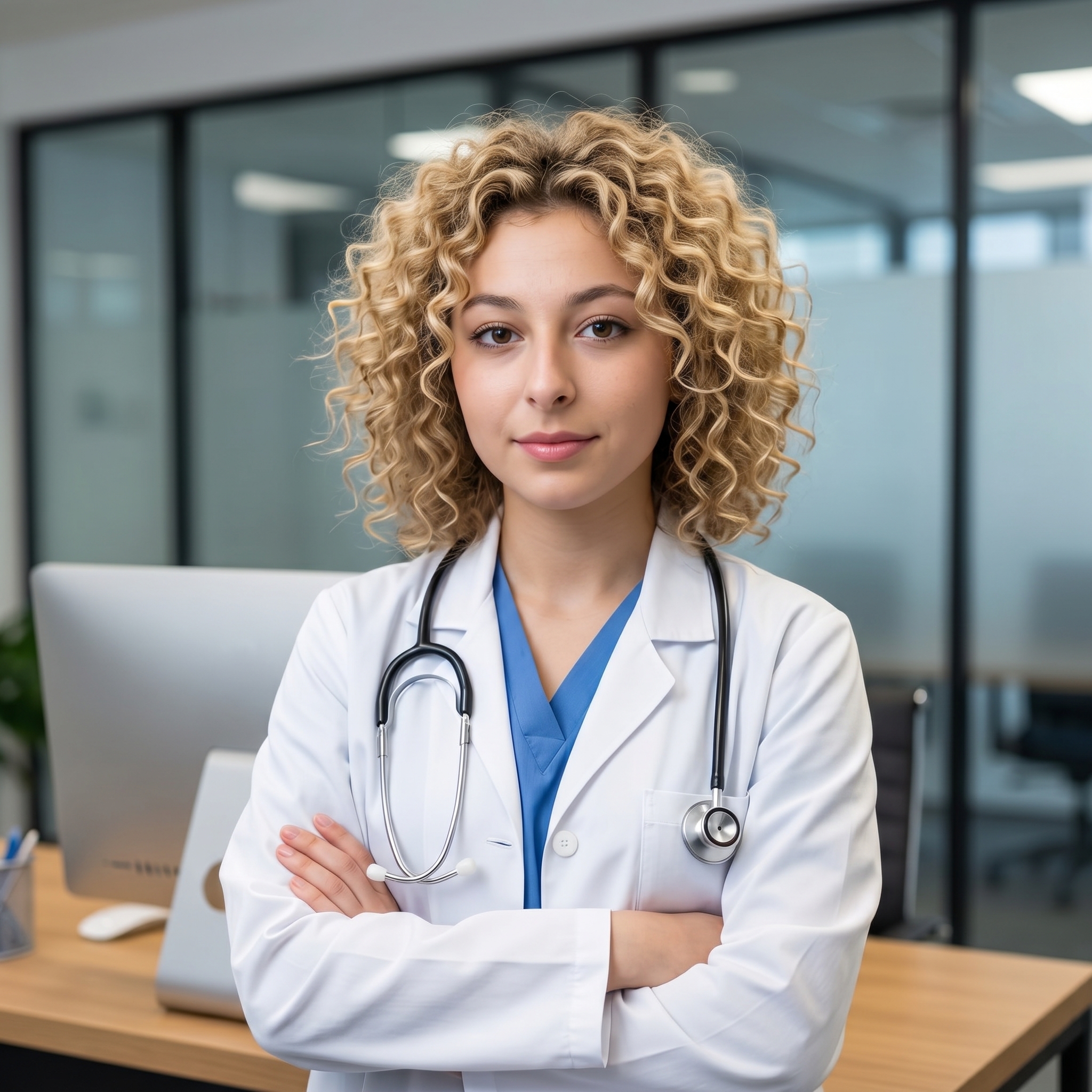 {"metadata":{"style":"Professional Corporate Editorial","mood":"Assured, Clinical, Accessible","color_palette":["#FFFFFF","#3B5998","#D2B48C","#E0E0E0","#1A1A1B"],"lighting_physics":"Broad, diffused frontal illumination with a secondary soft top-down source. Light is evenly distributed across the subject's face, creating a subtle catchlight in the pupils and a soft shadow beneath the jawline. High-key environment with minimal specular highlights on the glass partitions behind the subject."},"objects":[{"item":"Stethoscope","material":"Chrome-plated stainless steel chest piece with navy blue matte PVC tubing.","spatial_data":"Draped around the neck, resting symmetrically over the lapels of the white coat."},{"item":"Computer Monitor","material":"Matte black screen panel with a white plastic bezel.","spatial_data":"Positioned mid-ground on the left side of the frame, angled 30 degrees away from the camera."},{"item":"Desk","material":"Oak-grain laminate with horizontal texture.","spatial_data":"Spans the bottom third of the frame, providing a horizontal base for the composition."}],"people":[{"gender":"Female","physical_traits":"Estimated age 40-45. Tight blonde ringlet curls with high volume. Blue-grey irises, fair skin with visible micro-texture and subtle freckling. Natural facial grooming.","apparel":[{"piece":"Lab Coat","material":"Heavyweight cotton-polyester twill.","fit":"Tailored fit with notched lapels and reinforced stitching on the chest pocket."},{"piece":"Scrubs","material":"Matte synthetic-cotton blend.","fit":"V-neck construction, layered under the lab coat."}],"pose":"Upper torso angled 15 degrees to the left; arms folded across the chest. Right hand tucked under the left arm; left fingers visible resting on the right bicep. Direct gaze into the lens with a neutral-to-warm facial expression.","profile_data":{"profile_id":"96e143d9-25b8-46e4-8264-45196702f46a","age":18,"height_cm":159,"weight_kg":56,"body_type":"triangle","body_build":"average","breast_size":"A","eye_color":"brown"}}],"environment":{"backdrop":"Modern office interior with floor-to-ceiling glass partitions and brushed aluminum frames. Reflective surfaces show blurred architectural outlines.","floor":"Not visible; inferred to be a sterile clinical surface.","atmosphere":"High-clarity, sterile air with neutral color temperature. Low grain, high tonal range."},"composition":{"framing":"Medium Portrait Shot, Vertical 9:16 orientation.","geometry":"Vertical lines of the glass frames provide a rhythmic background; horizontal desk line provides stability.","depth_of_field":"f/2.8 simulation; sharp focus on the subject's facial features with gradual falloff starting at the shoulders.","focal_point":"The subject's eyes, specifically the iris detail and catchlights."},"symbolism_and_story":{"narrative":"A seasoned medical professional in a modern, transparent healthcare environment, conveying expertise and stability.","textures":"Contrast between the tactile, organic curls of the hair and the stiff, starch-treated weave of the lab coat."},"critical_generation_note":"CRITICAL: Use uploaded reference image to preserve exact face identity, facial features, and structure with 100% accuracy."}