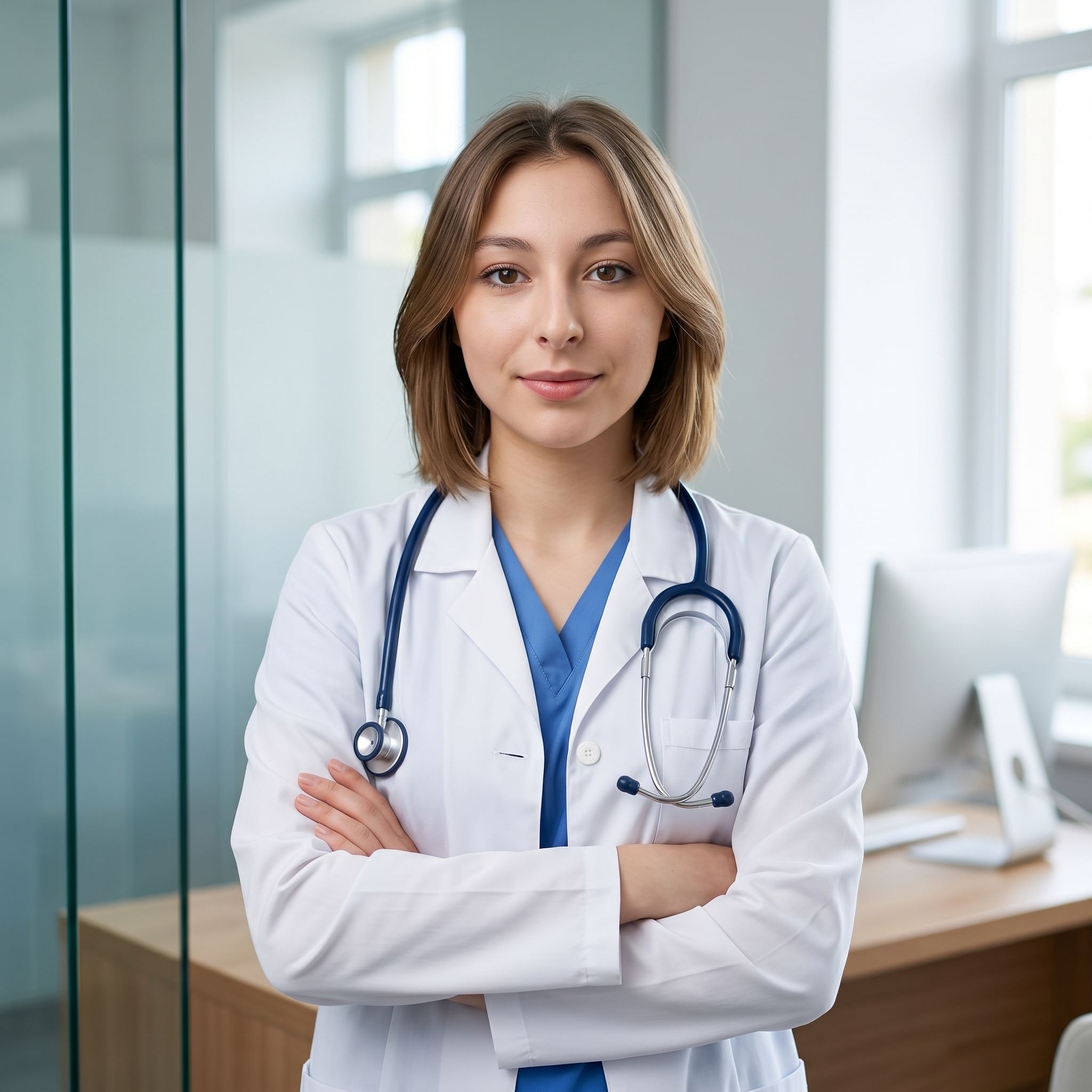 {"core":{"subject":"Medical professional in a clinical office setting","actions":["Standing with arms crossed","Looking directly at camera","Displaying a subtle professional smile"],"constraints":["No studio lighting equipment visible","No branding or logos on attire","No medical equipment apart from the stethoscope"],"notes":"The image captures a clean, professional atmosphere emphasizing trust and expertise.","objects":["Stethoscope","Medical lab coat","Scrubs","Computer monitor","Desk","Glass partition"],"objects_detailed":[{"item":"Stethoscope","material":"Polished chrome chest piece with navy blue flexible rubber tubing","spatial_data":"Draped around the subject's neck, resting on the mid-chest"},{"item":"Medical lab coat","material":"Heavy crisp white cotton-polyester blend with button details","spatial_data":"Worn over scrubs, defining the midground subject"},{"item":"Computer monitor","material":"Black matte plastic bezel with anti-glare screen","spatial_data":"Background left, slightly out of focus"}],"scene":"A modern, bright medical office or consultation room featuring glass walls and wooden furniture."},"style":{"primary_style":"editorial","color_profile":"neutral","lighting":"soft-ambient","render_quality":"professional-quality"},"quality_keywords":{"include":["photorealistic","sharp focus","clean clinical aesthetic","natural skin micro-texture","8k resolution","professional headshot"],"avoid":["softbox","studio lamps","plastic skin","oversaturated","motion blur","distorted features"]},"aesthetic_grading":{"color_grade_style":"Natural clinical grading with neutral whites and cool blue accents","color_palette":["#FFFFFF","#3A5F91","#B0B0B0","#8D735B","#222222"],"contrast_style":"Linear digital with soft highlights","saturation_level":"Natural balanced saturation","texture_and_grain":"Clean digital noise-free"},"camera_gear":{"aperture":"f/2.8 medium depth","bokeh_quality":"Smooth Gaussian blur on background office furniture","camera_angle":"Eye-level","depth_of_field":"medium","exposure_notes":"Well-balanced exposure with preserved detail in the bright white coat","focal_length_description":"50mm prime lens perspective","focal_length_mm":50,"lens_characteristics":"Clean sharp optics with minimal distortion","sensor_type":"Digital Phase One Sensor"},"composition":{"depth_layers":"Desk corner in foreground, subject in sharp midground, office interior in blurred background","framing":"centered","negative_space":"Minimal tight framing to emphasize the subject","perspective":"natural_human_vision","shot_scale":"Medium Close-up (MCU)","subject_placement":"balanced","symmetry":"Asymmetric balance with computer monitor counter-weighting the subject's posture","visual_flow":"Vertical line of the subject's torso leading to the face"},"environment":{"atmosphere":[],"atmospheric_details":"Clean, dust-free indoor air","particles":[],"time_season":["noon"],"weather":"Bright indirect daylight diffused through windows"},"lighting_physics":{"environment_light":"Overhead diffused office lighting and natural light from glass partitions","fill_light":"Soft ambient bounce from adjacent white walls","key_light":"45° camera-left soft diffused illumination","light_temperature":"5200K neutral daylight","lighting_ratio":"Low contrast 2:1 ratio for soft shadows","shadows":"Soft occlusion shadows under the collar and within the fabric folds"},"materials":{"fabric_details":"realistic_drape","fabric_physics":"Stiff drape of the white coat with visible tension lines at the folded elbows","skin_physics":"Subsurface scattering with soft specular reflections on the forehead and cheekbones","skin_textures":"smooth flawless editorial skin, fine lifelike micro-texture without harshness","surface_physics":{"glass":"Clean transparent glass partitions with subtle linear reflections","metal":"Polished chrome with high-gloss specular highlights on stethoscope","wood":"Light oak wood grain with satin finish on the desk"},"surfaces":["soft satin transitions","clean reflective highlights","matte fabric"],"transparency":"accurate_refraction"},"metadata":{"mood":"Professional, calm, and authoritative","style_reference":"Modern medical editorial photography","technical_quality":"8k resolution RAW capture"},"people":[{"gender":"female","pose_mechanics":"Vertical spine with shoulders squared to the camera, arms crossed at the mid-torso with fingers tucked","apparel":[{"color":"Pure white","fit":"Tailored fit with sharp folds at the elbows and lapels","material":"Stiff medical-grade cotton","piece":"Professional lab coat"},{"color":"Mid-tone cornflower blue","fit":"Standard V-neck drape","material":"Lightweight cotton-poly blend","piece":"Medical scrubs"}],"cosmetics":"Natural matte foundation, subtle rose-toned satin lipstick, light neutral eyeshadow, and brown defining mascara","expression":"Pleasant and neutral professional expression","gaze_direction":"Looking directly at camera lens","light_interaction":"Broad lighting across the face with gentle modeling on the right side","profile_data":{"profile_id":"96e143d9-25b8-46e4-8264-45196702f46a","age":18,"height_cm":159,"weight_kg":56,"body_type":"triangle","body_build":"average","breast_size":"A","eye_color":"brown"}}],"technical":{"physics_accuracy":{"gravity_cues":true,"structural_believability":true},"rendering":{"anti_aliasing":true,"color_depth":"high","noise_level":"low"},"resolution":{"min_quality":"professional-quality","target":"4k"},"technical_imperfections":{"compression_artifacts":"RAW uncompressed","focus_issues":"Perfect critical sharpness","motion_blur":"None - frozen action","optical_flaws":"Clean perfect optics"}},"critical_generation_note":"CRITICAL: Use uploaded reference image to preserve exact face identity, facial features, and structure with 100% accuracy."}