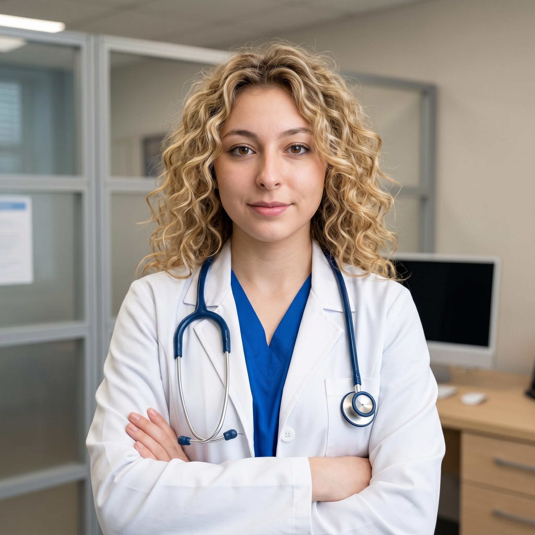 {"metadata":{"style":"Medical Editorial / Professional Portrait","mood":"Authoritative, Approachable, Clinical","color_palette":["#FFFFFF","#1E4D8C","#D9C4B0","#EAEAEA","#F8E0D5"],"lighting_physics":"Broad-source diffused illumination from a high frontal-lateral position (roughly 45 degrees). Soft-edged shadows are present under the chin and nose. Secondary ambient fill creates low-contrast transitions across the facial planes. High-key environment with even light distribution across the background glass surfaces."},"objects":[{"item":"Stethoscope","material":"Navy blue synthetic rubber tubing, polished stainless steel chest piece and binaural spring.","spatial_data":"Draped around the neck; the chest piece rests against the right side of the lab coat at mid-chest level; earpieces are positioned near the left shoulder."},{"item":"Computer Monitor","material":"White matte plastic casing with a black non-reflective screen.","spatial_data":"Positioned in the background to the left of the subject, resting on the desk surface."},{"item":"Office Desk","material":"Light oak wood veneer with a visible linear grain.","spatial_data":"Horizontal plane spanning the lower third of the frame behind the subject."}],"people":[{"gender":"Female","physical_traits":"Mid-40s, voluminous blonde curly hair with high definition and individual strand visibility, fair skin with visible pores and slight subsurface scattering, blue eyes, thin lips in a neutral-to-positive expression.","apparel":[{"piece":"Lab Coat","material":"Heavyweight white cotton-polyester twill with visible stitching on the lapels.","fit":"Tailored fit, structured shoulders, sleeves folded back slightly at the forearms."},{"piece":"Scrubs","material":"Cobalt blue cotton-poplin blend.","fit":"Standard V-neck, layered directly under the lab coat."}],"pose":"Upper body turned 10 degrees away from the lens while the head is faced forward. Arms are crossed firmly at the mid-torso, left arm over right. Shoulders are relaxed.","profile_data":{"profile_id":"96e143d9-25b8-46e4-8264-45196702f46a","age":18,"height_cm":159,"weight_kg":56,"breast_size":"A","eye_color":"brown"}}],"environment":{"backdrop":"Modular glass office partitions with satin-finished aluminum framing. A frosted glass privacy strip is visible at the mid-level.","floor":"Not visible; the desk acts as the primary horizontal grounding element.","atmosphere":"High clarity with neutral color temperature. No visible atmospheric haze; sharp focus on the subject with soft falloff on background elements."},"composition":{"framing":"Vertical Medium Shot (Waist-up).","geometry":"Subject is centered vertically. Strong horizontal lines from the desk and partition frames provide structural stability.","depth_of_field":"Simulated f/2.8; the subject is in sharp focus while the background glass and monitor exhibit soft bokeh.","focal_point":"The eyes and the texture of the hair."},"symbolism_and_story":{"narrative":"A portrait of professional readiness and expertise within a contemporary healthcare environment.","textures":"Contrast between the tactile complexity of the curly hair, the rigid starch of the twill coat, and the smooth, cold surfaces of the glass and metal in the background."},"critical_generation_note":"CRITICAL: Use uploaded reference image to preserve exact face identity, facial features, and structure with 100% accuracy."}