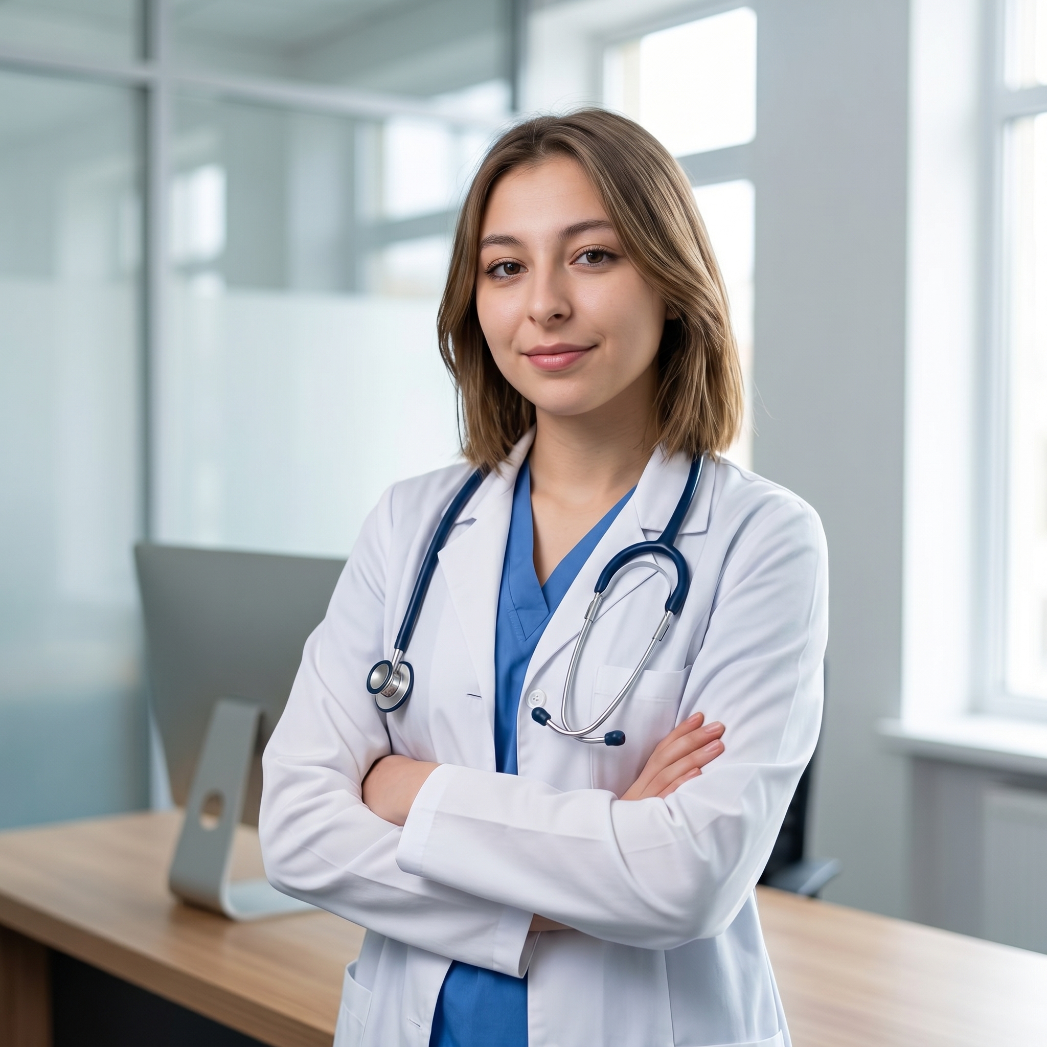 {"core":{"subject":"A medical professional in clinical attire","actions":["standing with arms crossed over the chest","gazing directly at the camera with a subtle, professional smile","maintaining a confident yet approachable posture"],"constraints":["no visible studio equipment","no harsh artificial shadows","no logos or branding on clothing","no medical equipment other than a stethoscope"],"notes":"The scene should evoke a clean, modern, and trustworthy clinical environment.","objects":["Stethoscope","White lab coat","Medical scrubs","Desktop computer monitor","Wooden desk","Glass office partitions"],"objects_detailed":[{"item":"Stethoscope","material":"Navy blue matte rubber tubing with polished chrome metallic binaurals and chest piece","spatial_data":"Draped around the neck, resting on the chest in the midground"},{"item":"Lab coat","material":"Crisp white cotton-polyester blend with a subtle matte weave and visible buttonholes","spatial_data":"Worn as the primary outer layer, covering the torso and arms"},{"item":"Computer monitor","material":"White plastic bezel with a matte black non-reflective screen","spatial_data":"Positioned in the background left, slightly out of focus"}],"scene":"A brightly lit, contemporary medical office or clinic featuring glass-walled consultation rooms."},"style":{"primary_style":"editorial","color_profile":"neutral","lighting":"soft-ambient","render_quality":"professional-quality"},"quality_keywords":{"include":["8k resolution","photorealistic","natural skin micro-texture","soft diffused illumination","clean clinical aesthetic","high-end commercial photography"],"avoid":["softbox","studio lamp","blurry subject","oversaturated colors","plastic skin","harsh flash"]},"aesthetic_grading":{"color_grade_style":"Natural daylight balance with a clean, high-key bias","color_palette":["#FFFFFF","#4A7BB7","#B0B7BC","#D9C3B0","#232323"],"contrast_style":"Low-to-medium contrast with lifted shadows for a soft look","saturation_level":"Natural balanced saturation","texture_and_grain":"Clean digital sensor quality with minimal luminance noise"},"camera_gear":{"aperture":"f/2.8 for gentle background separation","bokeh_quality":"Soft circular background blur with smooth transitions","camera_angle":"Eye-level","depth_of_field":"medium","exposure_notes":"Well-balanced with highlights preserved in the white lab coat","focal_length_description":"50mm standard lens providing a natural human perspective","focal_length_mm":50,"lens_characteristics":"Clean sharp optics with no visible distortion","sensor_type":"Full-frame digital sensor"},"composition":{"depth_layers":"Clear 3-layer depth: Subject in foreground, desk in midground, glass partitions in background","framing":"professional_positioning","negative_space":"Balanced breathing room on the left side of the frame","perspective":"natural_human_vision","shot_scale":"Medium Shot (MS)","subject_placement":"balanced","symmetry":"Asymmetric balance with subject slightly off-center","visual_flow":"Horizontal lines of the desk and glass panels lead toward the subject's face"},"environment":{"atmosphere":[],"atmospheric_details":"Clear, dust-free indoor air with soft window light qualities","particles":[],"time_season":["noon"],"weather":"Overcast diffused light entering from a large window"},"lighting_physics":{"environment_light":"Bright ambient light reflecting off neutral white walls and glass","fill_light":"Soft ambient bounce from the right side of the frame","key_light":"45° camera-left soft diffused illumination, 5500K daylight temperature","light_temperature":"5500K natural daylight","lighting_ratio":"Low contrast, 2:1 ratio for a flattering appearance","shadows":"Soft occlusion shadows under the collar and arms"},"materials":{"fabric_details":"realistic_drape","fabric_physics":"Soft vertical folds on the lab coat sleeves; tension lines across the folded arms","skin_physics":"Subsurface scattering visible on cheeks and hands; soft specular highlights on the forehead","skin_textures":"Smooth flawless editorial skin with fine lifelike micro-texture","surface_physics":{"glass":"Clean transparent glass with soft linear reflections of the office interior","metal":"Polished chrome stethoscope binaurals catching specular highlights","wood":"Light oak wood grain with a satin finish on the desk surface"},"surfaces":["soft satin fabric transitions","non-reflective matte screen","clean glass reflections"],"transparency":"accurate_refraction"},"metadata":{"mood":"Contemplative and professional","style_reference":"Healthcare corporate editorial","technical_quality":"8k resolution RAW photo"},"people":[{"gender":"female","pose_mechanics":"Weight evenly distributed on both feet; arms folded comfortably across the midsection; spine straight with a slight, natural head tilt toward camera-right","apparel":[{"color":"Bright optic white","fit":"Tailored fit with soft folds at the elbows","material":"Twill weave cotton blend","piece":"Professional lab coat"},{"color":"Medium cerulean blue","fit":"Standard V-neck fit","material":"Soft breathable cotton","piece":"Medical scrubs"}],"cosmetics":"Subtle satin-finish lip tint in a muted rosewood tone; matte foundation with a natural skin-like finish; neutral-toned eyebrow definition; thin application of mascara on lashes","expression":"Soft genuine smile with eyes conveying warmth and expertise","gaze_direction":"Looking directly at camera lens","light_interaction":"Soft butterfly lighting creating a gentle highlight on the bridge of the nose and cheekbones","profile_data":{"profile_id":"96e143d9-25b8-46e4-8264-45196702f46a","age":18,"height_cm":159,"weight_kg":56,"body_type":"triangle","body_build":"average","breast_size":"A","eye_color":"brown"}}],"technical":{"physics_accuracy":{"gravity_cues":true,"structural_believability":true},"rendering":{"anti_aliasing":true,"color_depth":"high","noise_level":"low"},"resolution":{"min_quality":"professional-quality","target":"8k"},"technical_imperfections":{"compression_artifacts":"RAW uncompressed","focus_issues":"Perfect critical sharpness on the eyes","motion_blur":"None - frozen action","optical_flaws":"Clean perfect optics"}},"critical_generation_note":"CRITICAL: Use uploaded reference image to preserve exact face identity, facial features, and structure with 100% accuracy."}