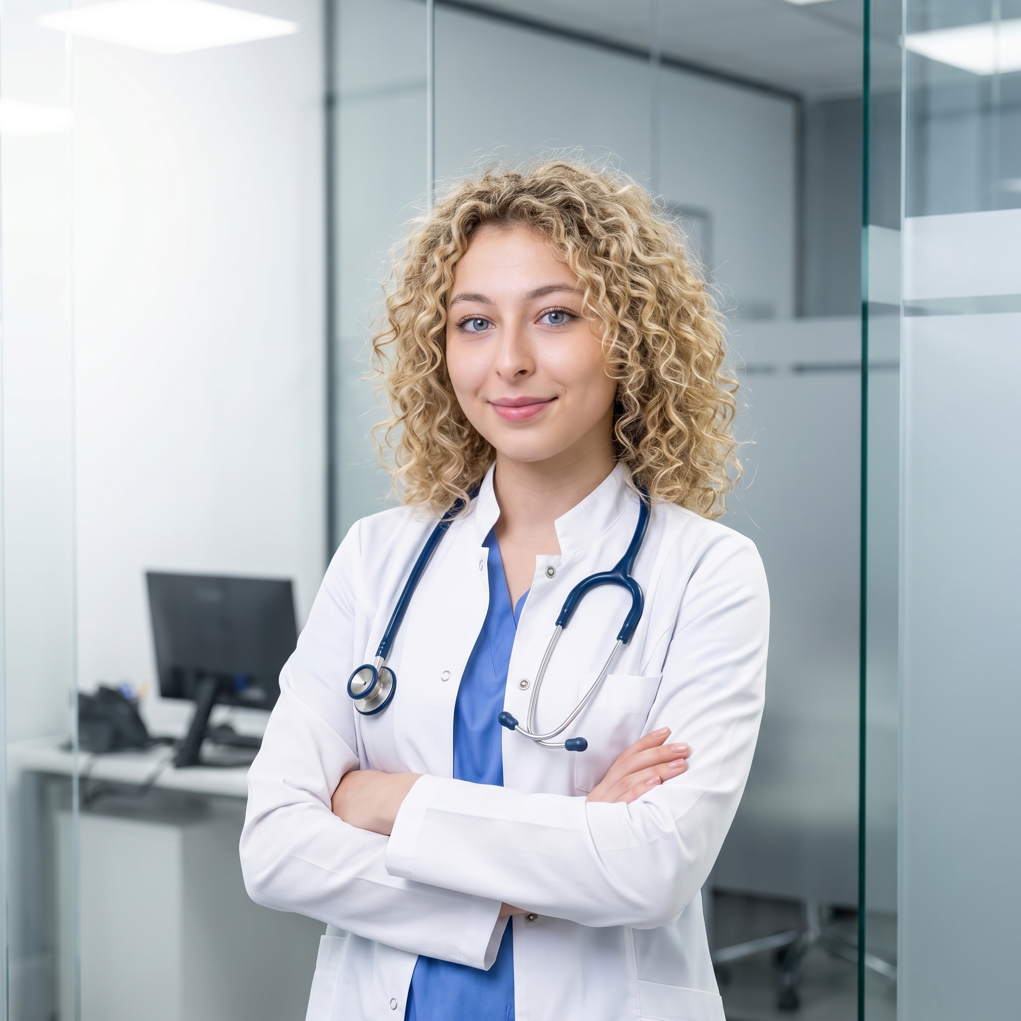 {"metadata":{"style":"Corporate Medical Portrait","mood":"Professional, Trustworthy, Clinical","color_palette":["#FFFFFF","#6495ED","#203354","#D2B48C","#E8E8E8"],"lighting_physics":"High-key, diffused ambient illumination originating from the upper-left quadrant. Uniform light distribution across the facial plane with soft-edged shadows in the submental region. Subtle specular highlights on the ocular surface. Low-contrast shadow transitions on the textile folds."},"objects":[{"item":"Stethoscope","material":"Matte navy blue PVC tubing, polished stainless steel chest piece, and chrome-plated binaurals.","spatial_data":"Draped around the neck, resting symmetrically over the lab coat lapels with the chest piece positioned on the left pectoral region."},{"item":"Computer Monitor","material":"Matte black LCD panel with a white plastic bezel and silver metallic stand.","spatial_data":"Located in the mid-ground, camera left, angled 30 degrees toward the center of the room."},{"item":"Executive Desk","material":"Laminated wood with a visible linear grain and light oak finish.","spatial_data":"Positioned at the bottom of the frame, serving as a foreground horizontal anchor."}],"people":[{"gender":"Female","physical_traits":"Middle-aged Caucasian, voluminous tight blonde curls with golden highlights, light blue irises, neutral skin tone with visible subsurface scattering, light makeup.","apparel":[{"piece":"Lab Coat","material":"Stiff white cotton-polyester twill weave.","fit":"Tailored fit, structured shoulders, open front with lapels."},{"piece":"Medical Scrubs","material":"Lightweight cornflower blue synthetic blend.","fit":"V-neck style, worn flush against the torso beneath the coat."}],"pose":"Arms crossed at the mid-torso, body angled 15 degrees toward camera left while the head is turned for a direct gaze into the lens. Closed-mouth, subtle smile.","profile_data":{"profile_id":"96e143d9-25b8-46e4-8264-45196702f46a","age":18,"height_cm":159,"weight_kg":56,"body_type":"triangle","body_build":"average","breast_size":"A","eye_color":"brown"}}],"environment":{"backdrop":"Modern office interior with floor-to-ceiling glass partitions, aluminum framing, and a frosted glass privacy strip in the background.","floor":"Not visible, but reflective surfaces on glass suggest a high-gloss clinical flooring.","atmosphere":"Sterile, bright, high-clarity with minimal atmospheric haze."},"composition":{"framing":"Vertical Medium Shot, waist-up orientation.","geometry":"Subject forms a central triangle; background contains vertical and horizontal leading lines from the office architecture.","depth_of_field":"Shallow depth of field (simulated f/2.8), sharp focus on the facial features and stethoscope, with a gradual focus falloff toward the background monitors and glass.","focal_point":"The eyes and the center of the subject's face."},"symbolism_and_story":{"narrative":"A seasoned medical professional in her clinical environment, projecting authority, approachability, and competence.","textures":"Tactile contrast between the organic, chaotic texture of the curly hair and the rigid, sterile surfaces of the glass and metal equipment."},"critical_generation_note":"CRITICAL: Use uploaded reference image to preserve exact face identity, facial features, and structure with 100% accuracy."}