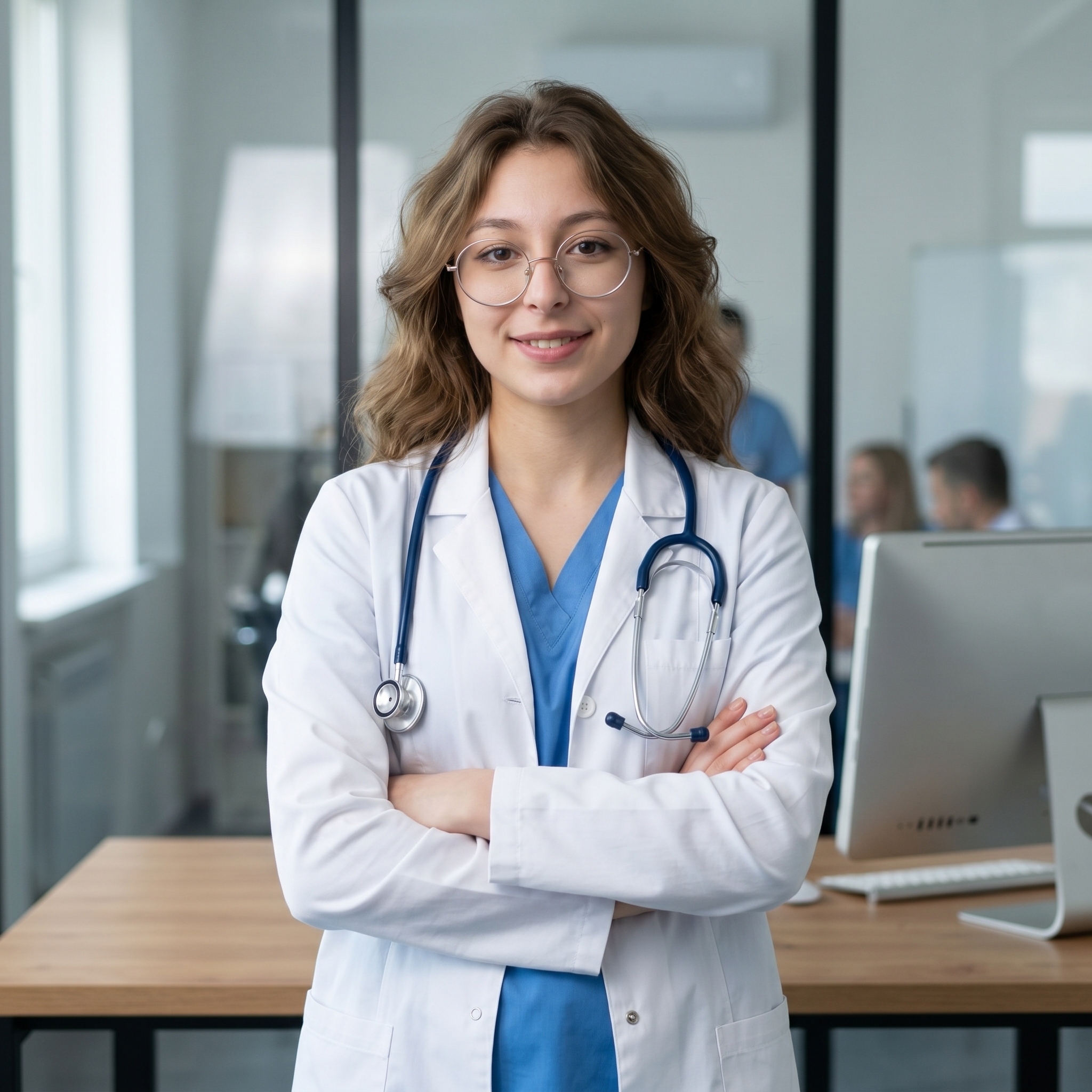 {"metadata":{"style":"Editorial Healthcare Portraiture","mood":"Professional, Competent, Clinical","color_palette":["#FFFFFF","#3B71B5","#D2B48C","#E8E8E8","#454545"],"lighting_physics":"Broad-spectrum diffused lighting from a frontal-oblique angle, creating soft specular highlights on the forehead and malar regions. Minimal shadow density in the submental area. High-key environment with secondary reflections bouncing off rear glass partitions."},"objects":[{"item":"Stethoscope","material":"Navy blue matte silicone tubing with brushed stainless steel binaural and chest piece.","spatial_data":"Draped symmetrically over the shoulders, chest piece resting on the right pectoral region of the lab coat."},{"item":"Computer Monitor","material":"White satin-finish plastic bezel with a matte black liquid crystal display.","spatial_data":"Positioned in the background left, angled 30 degrees away from the primary subject."},{"item":"Desk","material":"Light oak laminate with visible horizontal wood grain texture.","spatial_data":"Occupies the lower third of the frame, providing a horizontal base for the composition."}],"people":[{"gender":"Female","physical_traits":"Late 30s to early 40s, fair complexion with visible skin texture and subsurface scattering, voluminous golden-blonde 3C curly hair, light-colored irises, neutral facial expression with a subtle closed-mouth smile.","apparel":[{"piece":"Lab Coat","material":"Heavy-duty white cotton twill.","fit":"Tailored fit with notched lapels and reinforced stitching on the pocket."},{"piece":"Medical Scrubs","material":"Cerulean blue polyester-cotton blend.","fit":"V-neck construction, layered directly beneath the lab coat."}],"pose":"Arms crossed over the midsection, torso angled 15 degrees to the left while the head is turned directly toward the lens axis.","profile_data":{"profile_id":"96e143d9-25b8-46e4-8264-45196702f46a","age":18,"height_cm":159,"weight_kg":56,"breast_size":"A","eye_color":"brown"}}],"environment":{"backdrop":"Office interior featuring floor-to-ceiling glass partitions with thin grey metallic frames; background elements are out of focus.","floor":"Not visible; wooden desk surface acts as the primary foreground plane.","atmosphere":"High-clarity clinical environment, neutral color temperature, absence of particulate or haze."},"composition":{"framing":"Medium Shot, vertical orientation.","geometry":"Subject centered vertically, anchored by the horizontal line of the desk and vertical lines of the glass partitions.","depth_of_field":"Shallow depth of field (simulated f/2.8), sharp focus on the subject's eyes with progressive bokeh falloff starting at the shoulders.","focal_point":"The subject's facial features, specifically the eyes."},"symbolism_and_story":{"narrative":"A portrait of medical authority and readiness within a modern healthcare facility.","textures":"Contrast between the organic, chaotic texture of the curly hair and the rigid, pressed lines of the white twill coat."},"critical_generation_note":"CRITICAL: Use uploaded reference image to preserve exact face identity, facial features, and structure with 100% accuracy."}