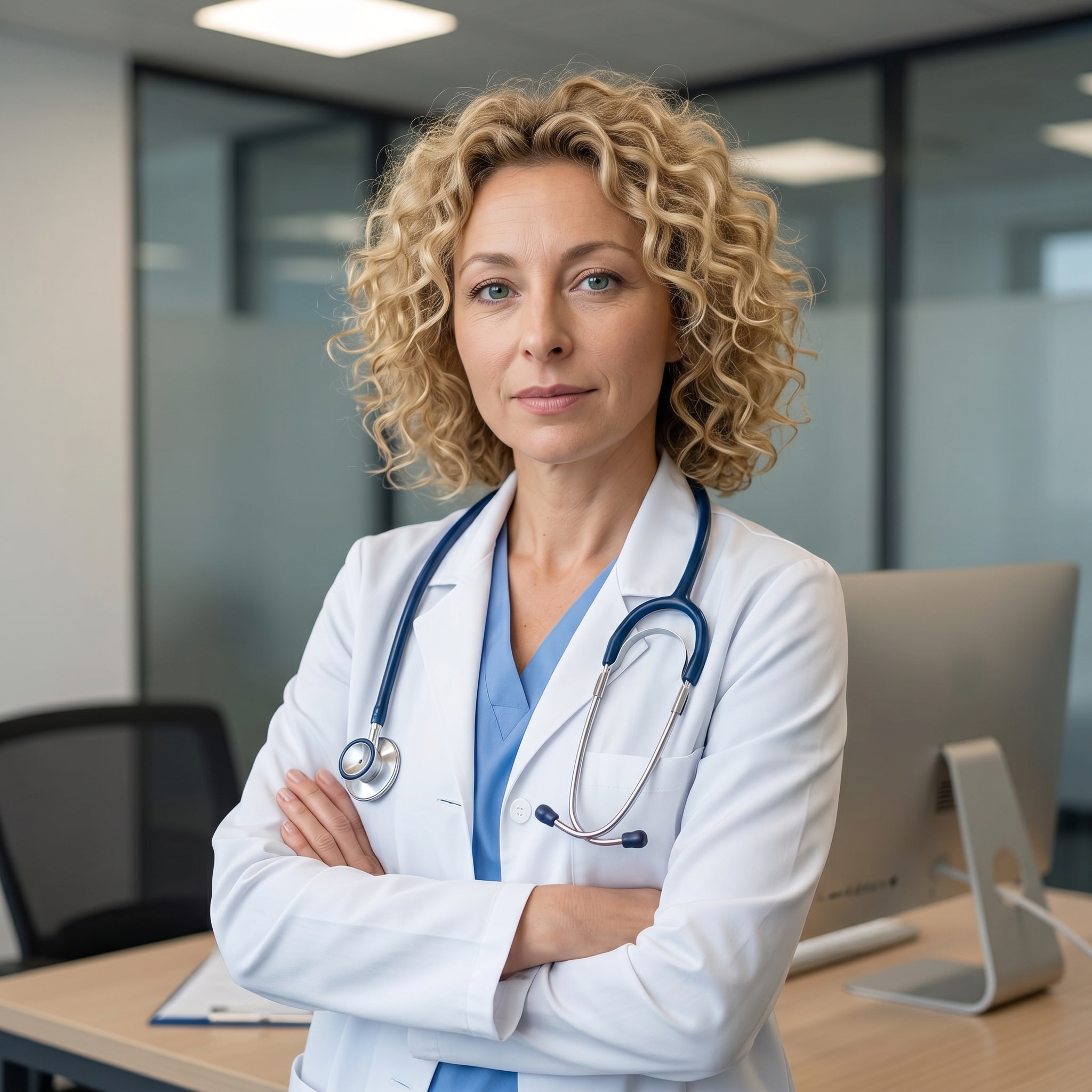 {"metadata":{"style":"Clinical Editorial","mood":"Professional, Trustworthy, Accessible","color_palette":["#FFFFFF (Optical White)","#3B5998 (Medical Blue)","#D2B48C (Light Oak)","#E0E0E0 (Cool Grey)","#1A1A1A (Onyx)"],"lighting_physics":"Diffused top-down illumination with broad coverage, creating soft-edged shadows in the submental and periocular regions. Subtle catchlights present at the 12 o'clock position of the irises. Gentle light bounce from the horizontal desk surface provides fill light to the lower jawline and folded arms."},"objects":[{"item":"Stethoscope","material":"Brushed stainless steel chest piece, navy blue silicone tubing, white plastic eartips.","spatial_data":"Draped symmetrically over the shoulders, binaurals resting on the upper chest, chest piece hanging on the right side of the subject's torso."},{"item":"Office Desk","material":"Light oak wood-grain laminate with visible tactile texture.","spatial_data":"Positioned horizontally in the lower third of the frame, behind the subject's waist level."},{"item":"Desktop Monitor","material":"Matte black screen panel with a slim white plastic bezel and stand.","spatial_data":"Located in the mid-ground, left-aligned, angled 30 degrees away from the camera lens."}],"people":[{"gender":"Female","physical_traits":"Mid-40s, fair complexion with natural skin texture and fine expression lines, blonde hair styled in tight, voluminous curls, light blue-green irises, neutral professional makeup.","apparel":[{"piece":"Lab Coat","material":"Heavyweight cotton-polyester twill with visible reinforced stitching.","fit":"Tailored fit, worn open, structured shoulders."},{"piece":"Medical Scrubs","material":"Lightweight breathable poplin.","fit":"V-neck construction, tucked or layered under the lab coat."}],"pose":"Upper body turned 15 degrees to the right, head turned back to face camera directly. Arms are crossed over the mid-torso with hands tucked into the elbow creases. Chin slightly lowered.","profile_data":{"profile_id":"96e143d9-25b8-46e4-8264-45196702f46a","age":18,"height_cm":159,"weight_kg":56,"breast_size":"A","eye_color":"brown"}}],"environment":{"backdrop":"Modern office interior featuring floor-to-ceiling glass partitions with brushed aluminum frames. Background depth shows a continuation of the clinical space.","floor":"Not visible; desk surface serves as the lower horizontal plane.","atmosphere":"Clean, high-clarity air with no visible particulate; neutral temperature."},"composition":{"framing":"Medium Portrait Shot, vertical orientation.","geometry":"Vertical lines of the glass frames provide a rhythmic background; the subject's crossed arms form a stable horizontal anchor.","depth_of_field":"f/2.8 simulation; sharp focus on the subject's facial features and stethoscope, with gradual focus falloff (bokeh) on the office background.","focal_point":"The subject's eyes and the bridge of the nose."},"symbolism_and_story":{"narrative":"A depiction of medical authority combined with approachability; the setting implies a modern, high-functioning healthcare environment.","textures":"Contrast between the soft, organic curls of the hair and the rigid, cold metallic surface of the stethoscope."},"critical_generation_note":"CRITICAL: Use uploaded reference image to preserve exact face identity, facial features, and structure with 100% accuracy."}