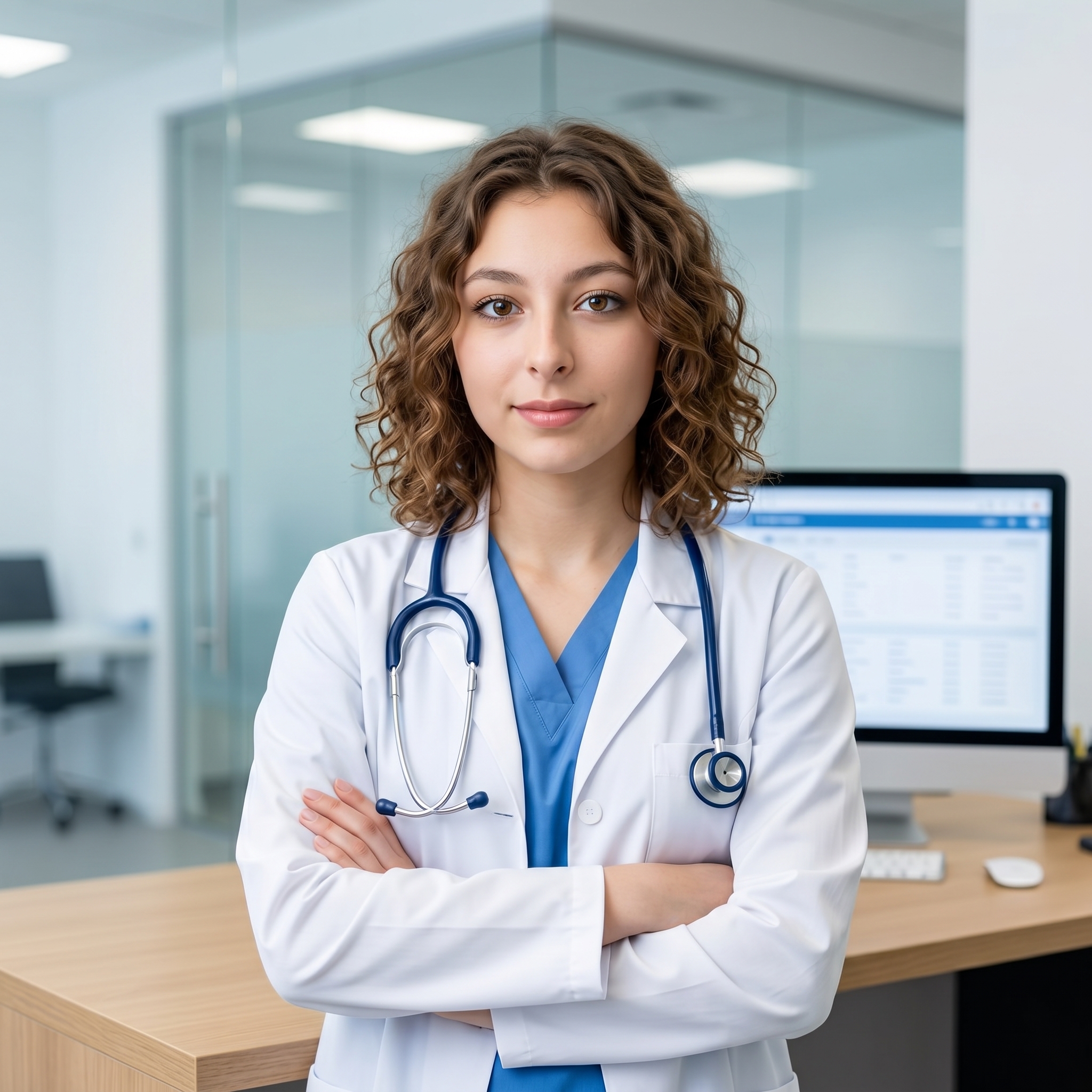 {"metadata":{"style":"Medical Editorial Portrait","mood":"Professional, Competent, Approachable","color_palette":["#FFFFFF","#345184","#D2B48C","#E8E8E8","#1A1A1A"],"lighting_physics":"High-key diffused ambient illumination. Top-down primary light source creates soft, short shadows beneath the nose and chin. Even light distribution across facial planes with specular highlights on the zygomatic bones and distinct catchlights in the pupils. Minimal shadow density."},"objects":[{"item":"Acoustic Stethoscope","material":"Navy blue matte PVC tubing, brushed stainless steel chest piece and binaurals.","spatial_data":"Draped symmetrically over the shoulders, descending across the white lab coat with the chest piece resting on the right pectoral region."},{"item":"Computer Monitor","material":"Silver brushed aluminum frame with a matte black display panel.","spatial_data":"Positioned in the mid-ground left, angled 15 degrees away from the subject."},{"item":"Professional Desk","material":"Light oak wood veneer with visible horizontal grain and matte finish.","spatial_data":"Occupies the bottom foreground, providing a horizontal anchor for the composition."}],"people":[{"gender":"Female","physical_traits":"Shoulder-length blonde hair with high-volume spiraled curls. Light blue-green irises. Fair skin with visible micro-texture and subtle freckling on the nasal bridge. Symmetrical facial features with a neutral-to-warm expression.","apparel":[{"piece":"Lab Coat","material":"Stiff polycotton twill, crisp white.","fit":"Tailored fit with notched lapels and visible topstitching."},{"piece":"Medical Scrubs","material":"Medium-weight cotton-poly blend.","fit":"V-neck style in cerulean blue, layered beneath the lab coat."}],"pose":"Direct frontal orientation. Torso slightly angled toward the right frame. Arms are folded across the midsection, right hand tucked under the left bicep. Gaze is locked to the camera lens.","profile_data":{"profile_id":"96e143d9-25b8-46e4-8264-45196702f46a","age":18,"height_cm":159,"weight_kg":56,"body_type":"triangle","body_build":"average","breast_size":"A","eye_color":"brown"}}],"environment":{"backdrop":"Modern clinical interior featuring floor-to-ceiling glass partitions with thin grey metal frames. Distant office infrastructure is visible through the glass with low-frequency blur.","floor":"Not visible; frame is anchored by a wooden desk surface at waist height.","atmosphere":"High clarity, low grain, sterile and brightly lit interior."},"composition":{"framing":"Medium Shot, vertical 9:16 aspect ratio.","geometry":"Vertical lines from glass partitioning provide a rhythmic background. The subject forms a central vertical axis, with the crossed arms creating a horizontal base for the upper body.","depth_of_field":"Moderate depth of field (approx. f/4.0 simulation). Subject is in sharp focus from the hair to the front of the lab coat; background elements exhibit soft-edge bokeh.","focal_point":"The eyes and facial features of the subject."},"symbolism_and_story":{"narrative":"A portrait of medical authority and readiness within a contemporary healthcare setting.","textures":"Contrast between the tactile, organic curls of the hair and the clinical, geometric rigidity of the glass and metal background."},"critical_generation_note":"CRITICAL: Use uploaded reference image to preserve exact face identity, facial features, and structure with 100% accuracy."}
