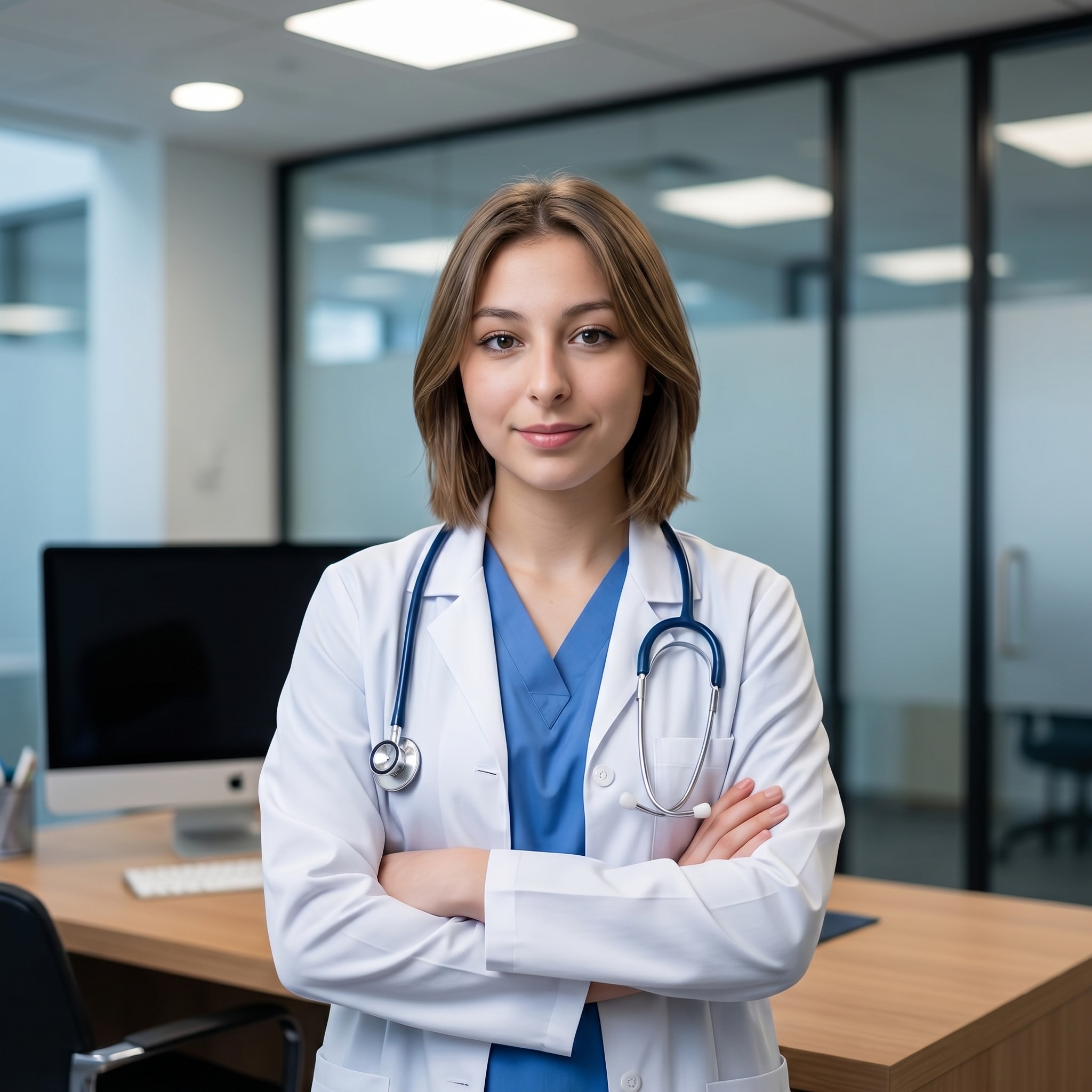 {"metadata":{"style":"Corporate Editorial Portrait","mood":"Competent, Trustworthy, Clinical","color_palette":["#FFFFFF","#1E3A8A","#D1D5DB","#A67B5B","#93C5FD"],"lighting_physics":"Diffused overhead ambient light with a primary indirect source from the front-left. Soft-edged shadows under the chin and nose indicate high-diffusion light behavior. Subtle specular highlights are visible on the skin's T-zone and the polished steel of the stethoscope. Background reflections suggest a bright, window-lit or large-scale illuminated ceiling environment."},"objects":[{"item":"Stethoscope","material":"Matte navy blue synthetic rubber tubing, polished stainless steel chest piece, and white plastic earpieces.","spatial_data":"Draped symmetrically over the shoulders, resting on the chest over the lab coat. The diaphragm hangs at a 45-degree angle on the subject's right chest."},{"item":"Computer Monitor","material":"Black matte LCD screen with a white polycarbonate bezel and stand.","spatial_data":"Positioned in the mid-ground, left of the frame, resting on the wooden desk surface."},{"item":"Desk","material":"Light oak wood laminate with horizontal grain texture.","spatial_data":"Extends from the lower left foreground into the mid-ground, providing a horizontal base for the composition."}],"people":[{"gender":"Female","physical_traits":"Middle-aged, fair skin with visible micro-texture and subsurface scattering. Tightly coiled curly blonde hair with high volume. Light blue irises. Natural, professional grooming.","apparel":[{"piece":"Lab Coat","material":"Stiff white cotton-polyester twill with visible weave.","fit":"Tailored fit, open front, sleeves gathered slightly at the elbows due to arm crossing."},{"piece":"Scrubs","material":"Medium-blue cotton-blend jersey.","fit":"V-neck silhouette, worn underneath the lab coat."}],"pose":"Waist-up, standing upright. Arms are crossed at the midriff. Head is turned 10 degrees toward the camera, maintaining direct eye contact. Subtle closed-mouth smile.","profile_data":{"profile_id":"96e143d9-25b8-46e4-8264-45196702f46a","age":18,"height_cm":159,"weight_kg":56,"body_type":"triangle","body_build":"average","breast_size":"A","eye_color":"brown"}}],"environment":{"backdrop":"Modern clinical interior featuring glass partition walls with vertical aluminum frames. Depth is indicated by blurred office furniture in the background.","floor":"Not visible; the desk surface acts as the primary horizontal plane.","atmosphere":"Clinical clarity, high-key illumination, minimal atmospheric haze."},"composition":{"framing":"Medium Shot, vertical 9:16 aspect ratio.","geometry":"Vertical lines from glass framing create a rhythmic background. The crossed arms and stethoscope form a central V-shape leading toward the face.","depth_of_field":"Simulated f/2.8 focus. The subject's facial features and front of the lab coat are in sharp focus; focus falloff begins at the shoulders and increases toward the background.","focal_point":"The subject's eyes and upper facial features."},"symbolism_and_story":{"narrative":"A seasoned healthcare professional in an organized, modern workspace, projecting a balance of approachability and clinical authority.","textures":"Tactile contrast between the crisp, starched lab coat, the soft texture of the hair, and the cold, hard surfaces of glass and stainless steel."},"critical_generation_note":"CRITICAL: Use uploaded reference image to preserve exact face identity, facial features, and structure with 100% accuracy."}
