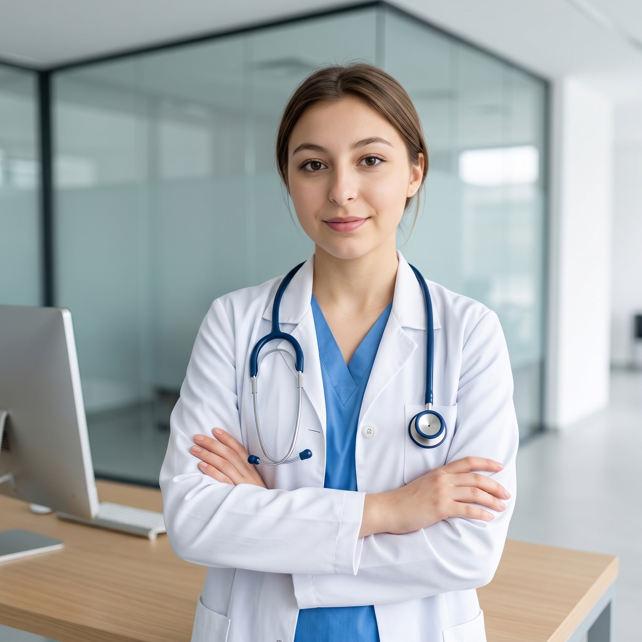 {"metadata":{"style":"Healthcare Editorial","mood":"Professional, Trustworthy, Accessible","color_palette":["#FFFFFF","#1E3A8A","#D1D5DB","#A8835C","#F3E5D8"],"lighting_physics":"Omnidirectional diffused illumination with a primary high-key source 30 degrees to the right of the camera axis. Soft, low-contrast shadows under the jawline and brow. Ambient fill from neutral-colored interior walls creates even exposure. Subtle specular highlights on the irises and the zygomatic arches."},"objects":[{"item":"Acoustic Stethoscope","material":"Navy blue matte PVC tubing with polished stainless steel chest piece and binaurals.","spatial_data":"Draped symmetrically around the neck, with the chest piece resting on the upper right thoracic region of the lab coat."},{"item":"Computer Monitor","material":"Matte black LCD panel with a white plastic chassis.","spatial_data":"Positioned in the mid-ground left, angled 15 degrees toward the center, partially occluded by the subject's right arm."},{"item":"Desk","material":"Light oak laminate with visible horizontal wood grain texture.","spatial_data":"Horizontal plane occupying the lower foreground and mid-ground, extending from the left edge to the right edge."}],"people":[{"gender":"Female","physical_traits":"Estimated age 40-45. Voluminous, tight blonde curls with high texture definition. Fair skin tone with visible subsurface scattering. Light blue-grey irises. Symmetrical facial structure with a subtle closed-mouth smile.","apparel":[{"piece":"Lab Coat","material":"White heavy-weight cotton twill.","fit":"Tailored fit, structured shoulders, notched lapel, buttoned front (one button visible at waist level)."},{"piece":"Medical Scrubs","material":"Cerulean blue polyester-cotton blend poplin.","fit":"Standard V-neck medical top worn beneath the lab coat."}],"pose":"Upper body facing forward. Arms are crossed at the waist level, with hands tucked under opposite biceps. Head is held upright with a direct gaze toward the camera lens.","profile_data":{"profile_id":"96e143d9-25b8-46e4-8264-45196702f46a","age":18,"height_cm":159,"weight_kg":56,"body_type":"triangle","body_build":"average","breast_size":"A","eye_color":"brown"}}],"environment":{"backdrop":"Modern clinical office interior featuring tempered glass partitions with satin aluminum frames. Reflections on glass indicate a bright, open-plan space.","floor":"Not visible; frame terminates at desk height.","atmosphere":"High clarity, neutral color temperature (approx. 5600K), absence of atmospheric haze or visible film grain."},"composition":{"framing":"Medium Shot, vertical 9:16 aspect ratio.","geometry":"Subject is centered. Vertical lines of the glass partitions and the horizontal line of the desk create a stable, grid-like geometric balance.","depth_of_field":"Simulated f/2.8 on a 50mm lens. Sharp focus on the subject's eyes and facial features, with a gradual bokeh falloff starting at the shoulders and deepening into the background architecture.","focal_point":"The subject's eyes."},"symbolism_and_story":{"narrative":"A representation of clinical expertise and patient-centered care. The crossed arms and direct gaze convey confidence and readiness.","textures":"Visual contrast between the organic, chaotic texture of the hair curls and the sterile, linear, pressed fabric of the lab coat."},"critical_generation_note":"CRITICAL: Use uploaded reference image to preserve exact face identity, facial features, and structure with 100% accuracy."}