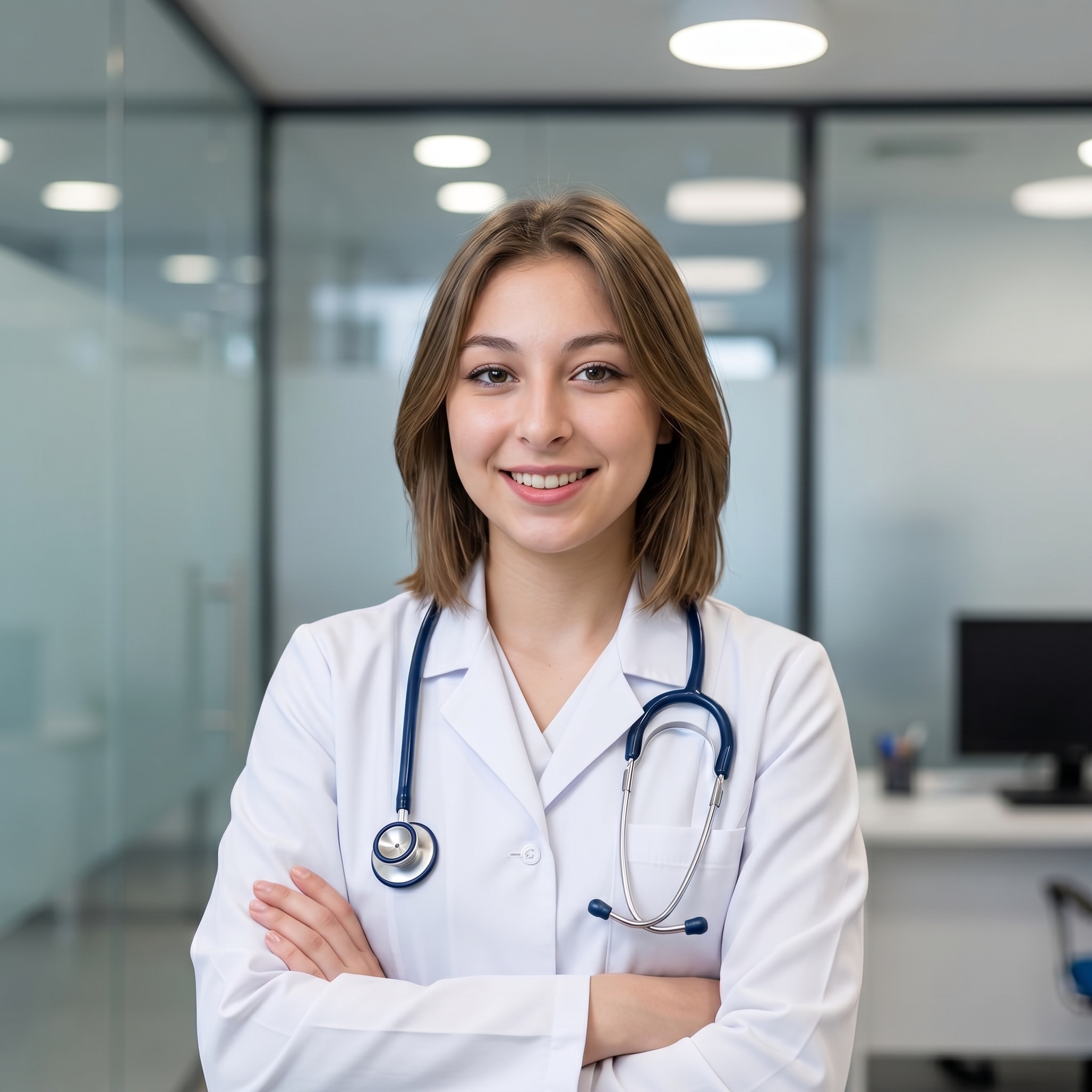 {"metadata":{"style":"Corporate Editorial / Professional Environmental Portrait","mood":"Competent, Trustworthy, Clinical","color_palette":["#FFFFFF","#4682B4","#D2B48C","#F5F5F5","#2F4F4F"],"lighting_physics":"Diffused overhead illumination providing even, low-contrast coverage. Subtle frontal fill creating pin-point specular highlights in the irises. Shadow falloff is soft and gradual, visible primarily beneath the jawline and within the folds of the textile. Minimal rim lighting on the hair silhouette."},"objects":[{"item":"Acoustic Stethoscope","material":"Navy blue synthetic polymer tubing with brushed stainless steel binaurals and chest piece.","spatial_data":"Draped symmetrically around the neck, with the chest piece resting at the mid-sternum level on the right side of the torso."},{"item":"LCD Monitor","material":"Matte black display panel with a thin white bezel and silver stand.","spatial_data":"Positioned in the mid-ground, 30cm behind the subject on the left-hand side of the frame."},{"item":"Office Desk","material":"Laminated wood with a horizontal grain pattern and light oak finish.","spatial_data":"Occupies the bottom horizontal plane of the frame, providing a base for the composition."}],"people":[{"gender":"Female","physical_traits":"Fair complexion with visible subsurface scattering; tight, blonde corkscrew curls; light-colored irises; balanced facial symmetry; light freckling across the nasal bridge.","apparel":[{"piece":"Lab Coat","material":"Stiff poly-cotton blend with visible weave and high-opacity white pigment.","fit":"Tailored fit with structured shoulders and a classic lapel."},{"piece":"Medical Scrubs","material":"Matte cotton-synthetic weave.","fit":"Standard V-neck utility cut, layered beneath the coat."}],"pose":"Direct engagement with the lens. Arms are crossed at the waist level, right arm over left. Torso is angled 15 degrees away from the camera, while the head is turned back toward the center.","profile_data":{"profile_id":"96e143d9-25b8-46e4-8264-45196702f46a","age":18,"height_cm":159,"weight_kg":56,"breast_size":"A","eye_color":"brown"}}],"environment":{"backdrop":"Modern clinic interior featuring floor-to-ceiling glass partitions with brushed aluminum tracks. Background elements are out of focus (bokeh).","floor":"Not visible; the primary ground plane is the wooden desk surface.","atmosphere":"Neutral, sterilized clarity with no visible particulate or haze. High micro-contrast on the subject."},"composition":{"framing":"Vertical Medium Shot; subject is centered.","geometry":"Vertical lines from glass dividers create a grid-like background structure. The crossed arms form a stable horizontal base for the subject's head.","depth_of_field":"Simulated f/2.8; sharp focus on the facial features and the front of the lab coat, with progressive blur beginning at the monitor and extending into the background.","focal_point":"The eyes and facial structure of the subject."},"symbolism_and_story":{"narrative":"A representation of professional authority and accessibility within a modern healthcare context.","textures":"Contrast between the organic, chaotic texture of the hair and the geometric, crisp lines of the medical apparel and glass environment."},"critical_generation_note":"CRITICAL: Use uploaded reference image to preserve exact face identity, facial features, and structure with 100% accuracy."}