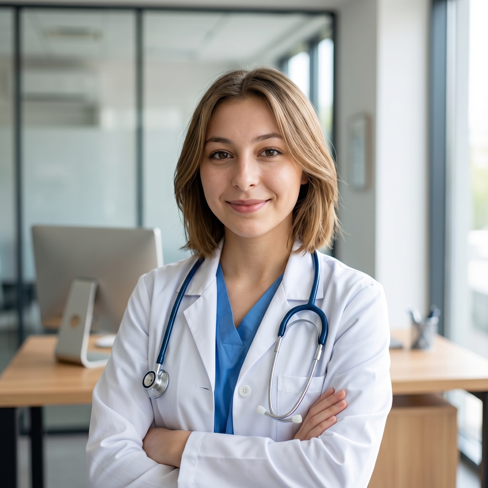 {"core":{"subject":"A medical professional in clinical attire within a modern office environment.","actions":["Standing with arms crossed at the chest","Direct gaze toward the camera lens","Maintaining a warm, professional smile"],"constraints":["No studio equipment visible","No harsh artificial shadows","No logos or branding","No biometric identifiers"],"notes":"The image focuses on a clean, professional medical aesthetic with natural daylight qualities.","objects":["White lab coat","Blue surgical scrubs","Stethoscope","Computer monitor","Wooden desk","Glass office partitions"],"objects_detailed":[{"item":"Stethoscope","material":"High-polish chrome chest piece with navy blue rubberized tubing","spatial_data":"Draped around the neck, resting on the chest in the midground"},{"item":"Lab coat","material":"Crisp white cotton-polyester blend with visible seam stitching and button details","spatial_data":"Layered over the scrubs, defining the subject's silhouette"},{"item":"Computer monitor","material":"Satin-finish black bezel with a white stand","spatial_data":"Background left, softly blurred"}],"scene":"A brightly lit, contemporary medical office with glass walls and a wood-textured desk."},"style":{"primary_style":"photorealistic","color_profile":"neutral","lighting":"natural","render_quality":"professional-quality"},"quality_keywords":{"include":["hyperrealistic","photographic quality","clean editorial aesthetic","natural daylight","8k resolution","sharp focus on subject","lifelike skin micro-texture"],"avoid":["studio equipment","softbox","plastic skin","oversaturated colors","unnatural proportions","digital artifacts","depth of field blur on the face"]},"aesthetic_grading":{"color_grade_style":"Clean clinical digital look with natural skin tones","color_palette":["#FFFFFF","#4A90E2","#A67C52","#E5E5E5","#2C3E50"],"contrast_style":"Linear digital with balanced highlight and shadow recovery","saturation_level":"Natural balanced saturation","texture_and_grain":"Clean digital noise-free"},"camera_gear":{"aperture":"f/2.8 medium depth of field","bokeh_quality":"Smooth gaussian blur in the background highlights","camera_angle":"Eye-level","depth_of_field":"medium","exposure_notes":"Well-balanced exposure optimized for skin midtones","focal_length_description":"50mm prime lens","focal_length_mm":50,"lens_characteristics":"Clean sharp optics with minimal distortion","sensor_type":"Full-frame digital sensor"},"composition":{"depth_layers":"Clear separation between sharp subject and softly blurred office background","framing":"centered","negative_space":"Minimal on sides, focus on central subject","perspective":"natural_human_vision","shot_scale":"Medium Close-up (MCU)","subject_placement":"balanced","symmetry":"Asymmetric professional stance","visual_flow":"Eye contact leads to the medical attire and stethoscope"},"environment":{"atmosphere":[],"atmospheric_details":"Clear, dust-free indoor air","particles":[],"time_season":["noon"],"weather":"Bright overcast diffused light"},"lighting_physics":{"environment_light":"Diffused ambient daylight through large windows","fill_light":"Soft bounce from interior white walls","key_light":"45° camera-left soft diffused illumination, 5600K","light_temperature":"5600K daylight balanced","lighting_ratio":"Low contrast 2:1 ratio","shadows":"Soft occlusion shadows under the arms and stethoscope"},"materials":{"fabric_details":"realistic_drape","fabric_physics":"Form-fitting tension lines at the crossed arms and elbows","skin_physics":"Subsurface scattering visible on cheeks and forehead with subtle specular highlights","skin_textures":"smooth flawless editorial skin, fine lifelike micro-texture without harshness","surface_physics":{"glass":"Clean transparent with subtle reflections of the office interior","metal":"Polished chrome on stethoscope with sharp specular highlights","wood":"Light oak texture with matte finish"},"surfaces":["soft satin fabric transitions","clean reflective highlights on metal","matte wooden surface"],"transparency":"accurate_refraction"},"metadata":{"mood":"Professional, Trustworthy, Approachable","style_reference":"Medical Corporate Portraiture","technical_quality":"RAW photo quality, high dynamic range"},"people":[{"gender":"female","pose_mechanics":"Weight distributed evenly, torso slightly angled camera-right with arms crossed firmly at the mid-chest level, shoulders relaxed.","apparel":[{"color":"Pure white","fit":"Tailored fit with natural fabric tension at the elbows","material":"Structured cotton weave","piece":"Professional lab coat"},{"color":"Medium cerulean blue","fit":"Standard V-neck medical fit","material":"Lightweight twill","piece":"Surgical scrubs"}],"cosmetics":"Natural sheer lip gloss with a subtle sheen, matte foundation for even skin tone, very light neutral-tone eyeshadow.","expression":"Soft genuine professional smile with relaxed eyes","gaze_direction":"Looking directly at camera lens","light_interaction":"Soft butterfly lighting pattern on the face with a catchlight in the eyes","profile_data":{"profile_id":"96e143d9-25b8-46e4-8264-45196702f46a","age":18,"height_cm":159,"weight_kg":56,"body_type":"triangle","body_build":"average","breast_size":"A","eye_color":"brown"}}],"technical":{"physics_accuracy":{"gravity_cues":true,"structural_believability":true},"rendering":{"anti_aliasing":true,"color_depth":"high","noise_level":"low"},"resolution":{"min_quality":"professional-quality","target":"4k"},"technical_imperfections":{"compression_artifacts":"RAW uncompressed","focus_issues":"Perfect critical sharpness on the eyes","motion_blur":"None - frozen action","optical_flaws":"Clean perfect optics"}},"critical_generation_note":"CRITICAL: Use uploaded reference image to preserve exact face identity, facial features, and structure with 100% accuracy."}