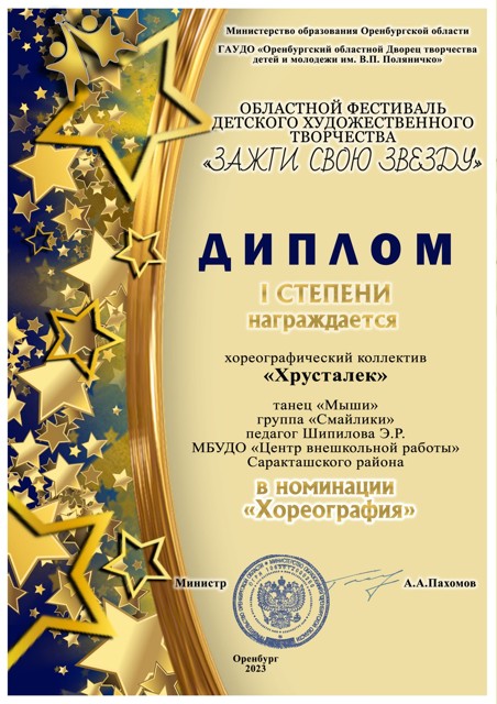 2023 год. Областной фестиваль детского  художественного  творчества "Зажги свою звезду" Диплом 1 степени.