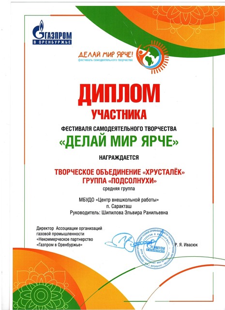 2024 год. Областной  фестиваль самодеятельного творчества "Делай мир ярче" Диплом участника. группа "Подсолнухи"