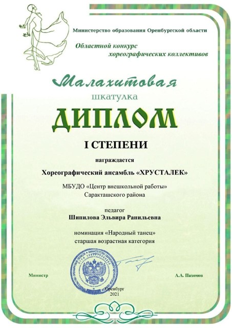 2021год.Областной конкурс хореографических коллективов "Малахитовая шкатулка" Диплом 1 степени.