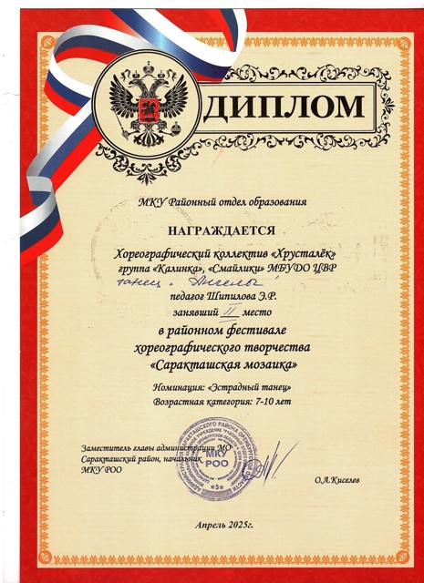 2025 год. Районный фестиваль хореографического творчества "Саракташская мозайка" 2 место.танец "Ангелы"