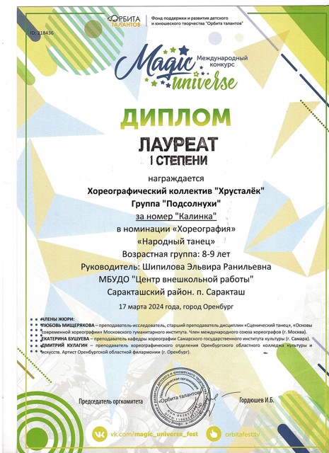 2024 год.Международный конкурс" Magic univerce" Лауреаты 1 степени.