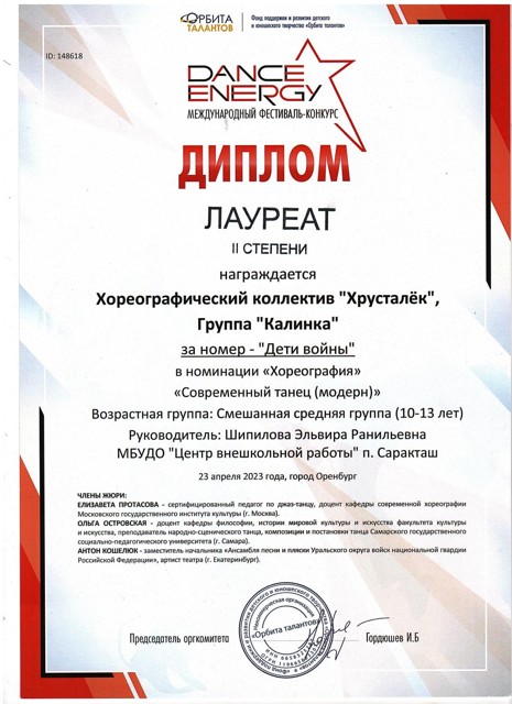 2023 Международный конкурс-фестиваль "DANCE ENERGY"  Лауреаты 2 степени.