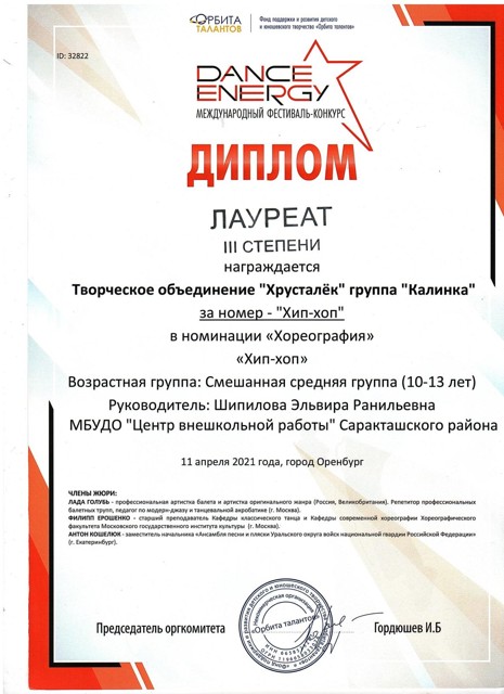 2021 год. Международный конкурс-фестиваль "DANCE ENERGY" 3 степень.