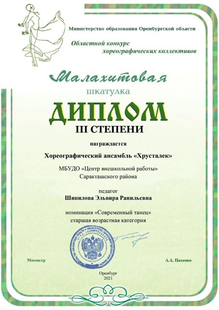 2021 год. Областной конкурс хореографических коллективов "Малахитовая шкатулка" Диплом 3 степени.