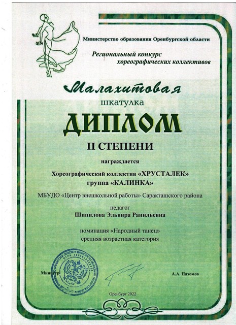 2022  год.Областной конкурс хореографических коллективов "Малахитовая шкатулка" Диплом 2 степени.