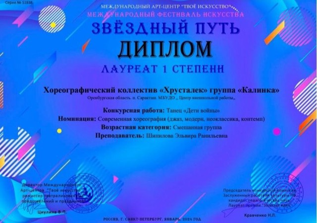 2024 год.Международный фестиваль искусств "Звёздный путь" Лауреат 1 степени.