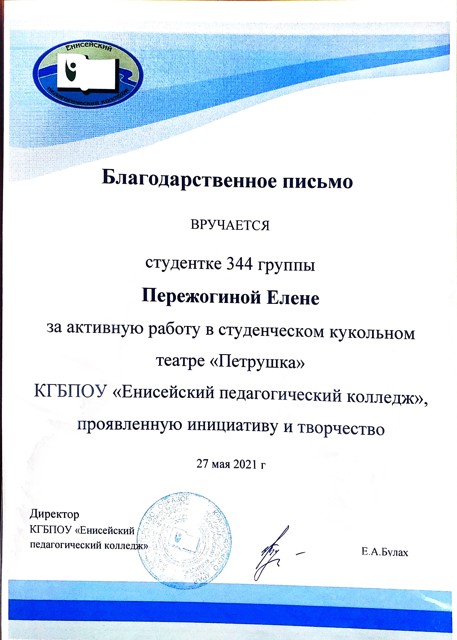 Благодарственное письми за активную работу в студенческом театре Петрушка