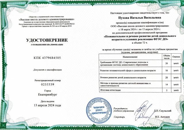 Удостоверение Познавательно и речевое развитие детей дош.возраста в условиях реализации ФГОС ДО 2024г