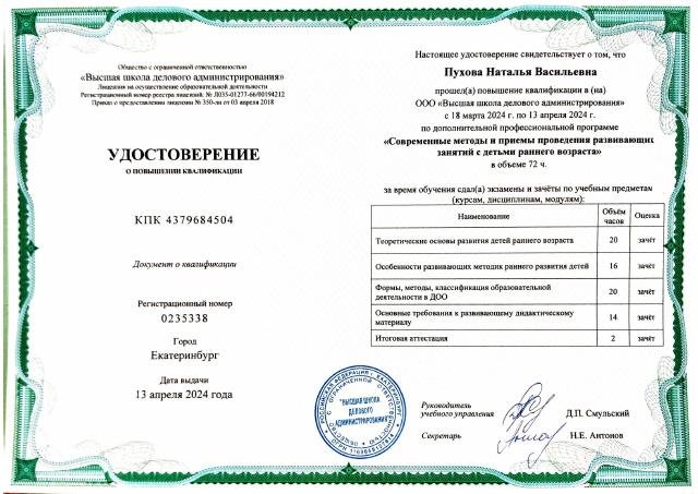 удостоверение Современные методы и приемы проведенияя развивающих занятий  с детьми раннено возраста 2024г