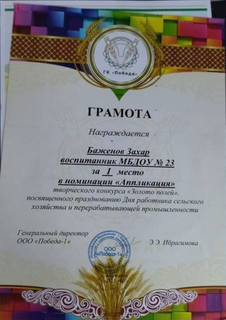 Творческий конкурс Золото полей ,посвященный празднованию Дня работника сельского хозяйства, ООО Победа-1, 1 место, 2023г