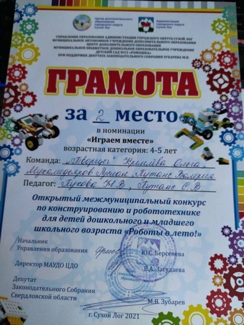 ОТкрытый межмуниципальный конкурс по конструированию и робототехники Роботы в лето! 2 место, 2021г